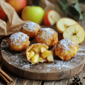 To make tasty Apple Fritter Bites, you need simple ingredients. Here’s what you will use: - 2 medium apples, peeled and diced (preferably Granny Smith) - 1 cup all-purpose flour - 1/2 cup sugar - 1 tsp baking powder - 1/2 tsp baking soda - 1/2 tsp cinnamon - 1/4 tsp nutmeg - 1/4 tsp salt - 1/2 cup milk (or almond milk) - 1 large egg - 1 tsp vanilla extract - Vegetable oil for frying - Powdered sugar for dusting These ingredients mix well to create a sweet and soft batter. The apples add natural sweetness and a nice texture. You can adjust some ingredients for different diets. Here are a few swaps: - Use gluten-free flour instead of all-purpose flour for a gluten-free option. - Replace regular milk with almond milk or oat milk for a dairy-free treat. - If you want a vegan version, substitute the egg with a flax egg (1 tbsp ground flaxseed + 2.5 tbsp water). These alternatives keep the flavor while catering to dietary needs. When cooking, brand choice matters. Here are some trusted brands: - For flour, I recommend King Arthur Flour or Bob's Red Mill. - For sugar, try Domino or C&H. - If you choose almond milk, Silk and Califia Farms offer great flavors. - Use organic apples from Honeycrisp or Granny Smith for the best taste. Choosing quality brands helps your Apple Fritter Bites taste amazing. Start by peeling and dicing the apples. I prefer Granny Smith for their tartness. Next, grab a large mixing bowl. Combine the flour, sugar, baking powder, baking soda, cinnamon, nutmeg, and salt. Whisk these dry ingredients together until they mix well. In another bowl, whisk the milk, egg, and vanilla extract until smooth. Pour the wet mix into the dry mix. Stir gently until just combined. Overmixing can make the fritters tough. Now, fold in the diced apples. Make sure every piece gets coated in batter. Heat about 2 inches of vegetable oil in a deep skillet over medium heat. Use a thermometer to check the oil's temperature. You want it to reach 350°F (175°C). This is key for frying. Using a small cookie scoop or spoon, drop bites of batter into the hot oil. Cook in small batches to avoid overcrowding. Fry each fritter for 2-3 minutes per side. Look for a golden brown color. When done, remove them with a slotted spoon. Place them on paper towels to drain excess oil. To get the best crispiness, ensure your oil is hot enough. If the temperature drops, the fritters can absorb too much oil, making them soggy. Fry them in small batches. This keeps the oil temperature steady. After frying, dust the warm fritters with powdered sugar. This adds sweetness and makes them look beautiful. Serve them right away for the best taste and texture. When making apple fritter bites, avoid overmixing the batter. This makes the fritters tough. Also, do not skip the step of heating the oil to 350°F. If the oil is not hot enough, the fritters will absorb too much oil and turn soggy. Fry them in small batches to keep the temperature steady. To boost flavor, try using a mix of apple types. Granny Smith gives a tart bite, while Fuji adds sweetness. You can also add more spices. A pinch of cardamom or ginger can make a big difference. If you love citrus, adding a bit of lemon zest brightens the taste. For dipping sauces, keep it simple. A classic apple cider caramel pairs well with fritters. You can also mix plain yogurt with honey for a creamy dip. If you want something fun, try chocolate sauce or a simple vanilla glaze. Each adds a new twist to your apple fritter bites. {{image_2}} You can use many apple types for your fritter bites. Granny Smith apples are my top choice. They are tart and hold their shape well when cooked. Honeycrisp apples add a sweet crunch. If you like a softer bite, go for Fuji apples. Each apple brings its own flavor and texture, making your fritters unique. You can easily make these fritters gluten-free. Just swap all-purpose flour for a gluten-free blend. This works well and keeps the batter light. For a vegan version, use almond milk instead of regular milk. Replace the egg with a flax egg. Mix one tablespoon of ground flaxseed with two and a half tablespoons of water. Let it sit for a few minutes to thicken. These changes make the recipe friendly for everyone. Feel free to get creative with spices. You can add a pinch of ginger or cloves for warmth. A dash of nutmeg can bring extra flavor too. Want more texture? Toss in some chopped nuts like walnuts or pecans. You can also add chocolate chips for a sweet surprise. Mixing in dried fruit like raisins or cranberries can boost the taste. Each option gives your fritters a fun twist. To keep your Apple Fritter Bites fresh, let them cool first. Once cool, place them in an airtight container. This helps prevent moisture loss and keeps them soft. You can store them at room temperature for up to two days. If you want them to last longer, put them in the fridge for up to a week. When you're ready to enjoy your leftovers, reheat them for the best taste. The oven works great! Preheat your oven to 350°F (175°C). Place the fritters on a baking sheet and heat for about 5-7 minutes. This will help keep them crispy. You can also use a microwave for a quick fix. Just warm them for 10-15 seconds, but they might not be as crispy. If you want to save some fritters for later, freezing is a good option. First, let them cool completely. Next, place them in a single layer on a baking sheet. Freeze them for about an hour. Once they are firm, transfer them to a freezer bag. Remove as much air as you can before sealing. They can last in the freezer for up to three months. When you're ready to eat them, thaw in the fridge overnight and then reheat as described above. Yes, you can bake Apple Fritter Bites! To bake them, preheat your oven to 375°F (190°C). Line a baking sheet with parchment paper. Use a cookie scoop to drop the batter onto the sheet. Bake for about 15-20 minutes until they turn golden brown. Keep an eye on them to avoid burning. Baking makes them less oily but still tasty! Fritters are done when they are golden brown on all sides. Fry them for about 2-3 minutes on each side. Use a slotted spoon to check their color. If they look too light, give them more time. You can also check the inside by cutting one open. It should be fluffy and cooked through, not doughy. Apple Fritter Bites taste great on their own, but you can add some fun! Serve them with a side of caramel sauce or vanilla ice cream for dipping. A sprinkle of cinnamon adds warmth. Fresh apple slices or whipped cream can also be nice. Enjoy mixing and matching your favorites! We covered all you need for making apple fritter bites. We examined key ingredients and helpful tips. You learned ways to make them fit your diet. I shared how to prepare, fry, and ensure they are crispy. You now know about tasty dips and different flavors, too. In short, with the right steps, anyone can enjoy these bites. Get creative and have fun in the kitchen!