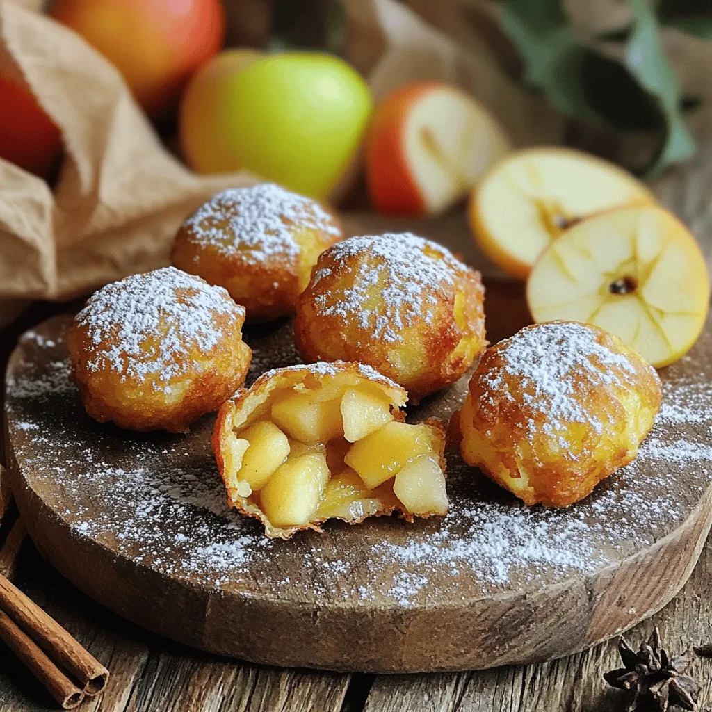 To make tasty Apple Fritter Bites, you need simple ingredients. Here’s what you will use: - 2 medium apples, peeled and diced (preferably Granny Smith) - 1 cup all-purpose flour - 1/2 cup sugar - 1 tsp baking powder - 1/2 tsp baking soda - 1/2 tsp cinnamon - 1/4 tsp nutmeg - 1/4 tsp salt - 1/2 cup milk (or almond milk) - 1 large egg - 1 tsp vanilla extract - Vegetable oil for frying - Powdered sugar for dusting These ingredients mix well to create a sweet and soft batter. The apples add natural sweetness and a nice texture. You can adjust some ingredients for different diets. Here are a few swaps: - Use gluten-free flour instead of all-purpose flour for a gluten-free option. - Replace regular milk with almond milk or oat milk for a dairy-free treat. - If you want a vegan version, substitute the egg with a flax egg (1 tbsp ground flaxseed + 2.5 tbsp water). These alternatives keep the flavor while catering to dietary needs. When cooking, brand choice matters. Here are some trusted brands: - For flour, I recommend King Arthur Flour or Bob's Red Mill. - For sugar, try Domino or C&H. - If you choose almond milk, Silk and Califia Farms offer great flavors. - Use organic apples from Honeycrisp or Granny Smith for the best taste. Choosing quality brands helps your Apple Fritter Bites taste amazing. Start by peeling and dicing the apples. I prefer Granny Smith for their tartness. Next, grab a large mixing bowl. Combine the flour, sugar, baking powder, baking soda, cinnamon, nutmeg, and salt. Whisk these dry ingredients together until they mix well. In another bowl, whisk the milk, egg, and vanilla extract until smooth. Pour the wet mix into the dry mix. Stir gently until just combined. Overmixing can make the fritters tough. Now, fold in the diced apples. Make sure every piece gets coated in batter. Heat about 2 inches of vegetable oil in a deep skillet over medium heat. Use a thermometer to check the oil's temperature. You want it to reach 350°F (175°C). This is key for frying. Using a small cookie scoop or spoon, drop bites of batter into the hot oil. Cook in small batches to avoid overcrowding. Fry each fritter for 2-3 minutes per side. Look for a golden brown color. When done, remove them with a slotted spoon. Place them on paper towels to drain excess oil. To get the best crispiness, ensure your oil is hot enough. If the temperature drops, the fritters can absorb too much oil, making them soggy. Fry them in small batches. This keeps the oil temperature steady. After frying, dust the warm fritters with powdered sugar. This adds sweetness and makes them look beautiful. Serve them right away for the best taste and texture. When making apple fritter bites, avoid overmixing the batter. This makes the fritters tough. Also, do not skip the step of heating the oil to 350°F. If the oil is not hot enough, the fritters will absorb too much oil and turn soggy. Fry them in small batches to keep the temperature steady. To boost flavor, try using a mix of apple types. Granny Smith gives a tart bite, while Fuji adds sweetness. You can also add more spices. A pinch of cardamom or ginger can make a big difference. If you love citrus, adding a bit of lemon zest brightens the taste. For dipping sauces, keep it simple. A classic apple cider caramel pairs well with fritters. You can also mix plain yogurt with honey for a creamy dip. If you want something fun, try chocolate sauce or a simple vanilla glaze. Each adds a new twist to your apple fritter bites. {{image_2}} You can use many apple types for your fritter bites. Granny Smith apples are my top choice. They are tart and hold their shape well when cooked. Honeycrisp apples add a sweet crunch. If you like a softer bite, go for Fuji apples. Each apple brings its own flavor and texture, making your fritters unique. You can easily make these fritters gluten-free. Just swap all-purpose flour for a gluten-free blend. This works well and keeps the batter light. For a vegan version, use almond milk instead of regular milk. Replace the egg with a flax egg. Mix one tablespoon of ground flaxseed with two and a half tablespoons of water. Let it sit for a few minutes to thicken. These changes make the recipe friendly for everyone. Feel free to get creative with spices. You can add a pinch of ginger or cloves for warmth. A dash of nutmeg can bring extra flavor too. Want more texture? Toss in some chopped nuts like walnuts or pecans. You can also add chocolate chips for a sweet surprise. Mixing in dried fruit like raisins or cranberries can boost the taste. Each option gives your fritters a fun twist. To keep your Apple Fritter Bites fresh, let them cool first. Once cool, place them in an airtight container. This helps prevent moisture loss and keeps them soft. You can store them at room temperature for up to two days. If you want them to last longer, put them in the fridge for up to a week. When you're ready to enjoy your leftovers, reheat them for the best taste. The oven works great! Preheat your oven to 350°F (175°C). Place the fritters on a baking sheet and heat for about 5-7 minutes. This will help keep them crispy. You can also use a microwave for a quick fix. Just warm them for 10-15 seconds, but they might not be as crispy. If you want to save some fritters for later, freezing is a good option. First, let them cool completely. Next, place them in a single layer on a baking sheet. Freeze them for about an hour. Once they are firm, transfer them to a freezer bag. Remove as much air as you can before sealing. They can last in the freezer for up to three months. When you're ready to eat them, thaw in the fridge overnight and then reheat as described above. Yes, you can bake Apple Fritter Bites! To bake them, preheat your oven to 375°F (190°C). Line a baking sheet with parchment paper. Use a cookie scoop to drop the batter onto the sheet. Bake for about 15-20 minutes until they turn golden brown. Keep an eye on them to avoid burning. Baking makes them less oily but still tasty! Fritters are done when they are golden brown on all sides. Fry them for about 2-3 minutes on each side. Use a slotted spoon to check their color. If they look too light, give them more time. You can also check the inside by cutting one open. It should be fluffy and cooked through, not doughy. Apple Fritter Bites taste great on their own, but you can add some fun! Serve them with a side of caramel sauce or vanilla ice cream for dipping. A sprinkle of cinnamon adds warmth. Fresh apple slices or whipped cream can also be nice. Enjoy mixing and matching your favorites! We covered all you need for making apple fritter bites. We examined key ingredients and helpful tips. You learned ways to make them fit your diet. I shared how to prepare, fry, and ensure they are crispy. You now know about tasty dips and different flavors, too. In short, with the right steps, anyone can enjoy these bites. Get creative and have fun in the kitchen!