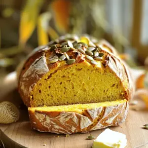 To make pumpkin sourdough bread, gather these key ingredients: - 1 cup of pumpkin puree (canned or homemade) - 1 cup of active sourdough starter - 1½ cups all-purpose flour - ½ cup whole wheat flour - 1 teaspoon salt - 1 tablespoon honey or maple syrup - ¼ cup warm water (adjust as needed) - 1 teaspoon ground cinnamon - ½ teaspoon ground nutmeg - ¼ teaspoon ground ginger These ingredients create a dough that is rich and flavorful. The pumpkin puree adds moisture and a lovely color. The sourdough starter gives the bread its tangy taste and helps it rise. For added crunch and flavor, you can use these optional toppings: - Pumpkin seeds - Sunflower seeds These seeds not only enhance the taste but also give a nice texture. You can sprinkle them on top before baking. Pumpkin sourdough bread is a wholesome choice. Here’s a breakdown: - Calories: About 120 per slice - Protein: 4 grams - Carbohydrates: 22 grams - Fat: 1 gram - Fiber: 2 grams This bread is a good source of fiber and has a nice balance of nutrients. Enjoy it as part of a healthy diet! Start by mixing the active sourdough starter with the pumpkin puree in a large bowl. Add honey or maple syrup. Stir until everything blends well. In another bowl, whisk together the all-purpose flour, whole wheat flour, salt, cinnamon, nutmeg, and ginger. This mix adds great flavor. Gradually add this dry mix to the wet ingredients. Stir until a rough dough forms. Slowly pour in warm water, just a little at a time. Adjust the water or flour as needed until you have a soft dough. Knead the dough on a floured surface for about 5-7 minutes. It should feel smooth and elastic. If you want, fold in some pumpkin or sunflower seeds during this step for extra crunch. Place the kneaded dough into a lightly greased bowl. Cover it with a damp cloth. Let it rise at room temperature for 4-6 hours. You’ll know it’s ready when it has doubled in size. Once the dough has risen, gently punch it down. Shape it into a round or oval loaf. Place the loaf on a parchment-lined baking sheet or a floured proofing basket. Cover it loosely with a cloth and let it rest for 1-2 hours. This is the second rise, and it’s important for the dough to stretch. Preheat your oven to 450°F (232°C) about 30 minutes before baking. If you have a baking stone, place it in the oven to heat up. Right before you bake, sprinkle more seeds on top if you like. Use a sharp knife to make a few slashes on the top of the dough. This helps the bread expand while baking. Bake the bread for 30-35 minutes. It should turn golden brown and sound hollow when you tap the bottom. Once it’s baked, let the bread cool completely on a wire rack before slicing. This cooling time helps set the crust and makes slicing easier. Enjoy your homemade pumpkin sourdough bread! For soft and fluffy pumpkin sourdough bread, knead the dough well. Knead for about 5-7 minutes. This helps develop gluten, which gives bread its structure. If your dough feels too sticky, add a bit more flour. If it’s too dry, add a little warm water. Always adjust slowly. If your bread does not rise well, check your starter. It must be active and bubbly. If the dough seems dense, it might need more kneading. Remember, each kitchen is different. Temperature and humidity can change how your dough behaves. If your bread is too crusty, try covering it with a cloth while cooling. You can add fun flavors to your bread. Consider mixing in nuts like walnuts or pecans. Dried fruits like raisins or cranberries work well too. For a spicy kick, add a bit more ginger or some cloves. Top your bread with pumpkin or sunflower seeds for a nice crunch. {{image_2}} To make this bread vegan, swap honey for maple syrup. Use the same amount. All other ingredients stay the same. This keeps the texture and taste just right. You can still enjoy the rich, warm flavors of pumpkin without any animal products. For a gluten-free version, use gluten-free flour blends. Replace all-purpose and whole wheat flour with a mix of gluten-free flours. Look for blends that include xanthan gum to help the bread rise. This makes the bread soft and gives it a good structure. You can add nuts or dried fruits for extra flavor. Chopped walnuts or pecans work well. They add a nice crunch. You can also try adding raisins or cranberries for a sweet twist. Mix in about ½ cup of these add-ins during the kneading stage. This will take your pumpkin sourdough to a whole new level! To keep your pumpkin sourdough bread fresh, wrap it well in plastic wrap or foil. Store it at room temperature in a cool, dry place. This helps keep the bread soft and tasty. If you plan to eat it within three days, this method works great. For longer storage, consider freezing. To freeze your pumpkin sourdough bread, let it cool completely. Slice the bread into pieces for easy use later. Wrap each slice in plastic wrap, then place them in a freezer bag. Press out as much air as you can before sealing. This keeps the bread from getting freezer burn. You can keep it in the freezer for up to three months. When you're ready to enjoy your pumpkin sourdough bread, preheat your oven to 350°F (175°C). Take out the slices from the freezer and remove the wrap. Place them on a baking sheet. Heat the bread for about 10-15 minutes. This warms it up and makes the crust crispy again. You can also toast individual slices if you prefer. Enjoy your warm, flavorful bread! Yes, you can use store-bought pumpkin puree. It is quick and easy. Just make sure it's pure pumpkin with no added sugar or spices. This will keep your bread tasting fresh and flavorful. If you prefer, you can make your own by roasting a pumpkin and blending it smooth. Both options work well in this recipe. You can tell when the bread is done by checking the crust. It should be golden brown. Tap the bottom of the loaf; if it sounds hollow, it is ready. Another way is to check the internal temperature. It should be around 200°F (93°C) when done. Don't rush this step; let it bake fully for the best taste. Pumpkin Sourdough Bread pairs well with many things. Here are some ideas: - A pat of butter for a rich flavor. - Cream cheese for a smooth spread. - Pumpkin seeds for a crunchy topping. - Soups, like butternut squash or tomato, for a hearty meal. - Salads with nuts and fruits for a fresh side. These options will enhance your bread and create a lovely meal. Pumpkin sourdough bread is a tasty treat. We covered its key ingredients, from essentials to toppings. I shared step-by-step tips for making and baking. You learned about storage, freezing methods, and reheating. Whether you want to try variations or add nuts or fruits, you can enjoy this bread your way. Remember, the journey to perfecting your loaf takes practice. Happy baking!