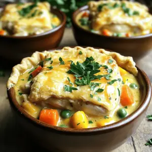 - 1.5 lbs boneless, skinless chicken thighs, cut into bite-sized pieces - 3 cups mixed frozen vegetables (peas, carrots, corn, green beans) - 1 medium onion, diced - 2 cloves garlic, minced - 4 cups chicken broth - 1 cup heavy cream - 2 teaspoons dried thyme - 1 teaspoon dried rosemary - Salt and pepper to taste - 1/4 cup all-purpose flour - 2 pre-made pie crusts - Puff pastry alternative In this recipe, I use chicken thighs for their rich flavor and tenderness. Chicken thighs are perfect for slow cooking. They keep the dish moist as they cook. I add mixed frozen vegetables for a colorful touch and a healthy boost. Frozen veggies save time and add flavor. I use onion and garlic to enhance the taste of the dish. The chicken broth adds depth, while heavy cream makes it rich and creamy. The seasonings, like thyme and rosemary, bring warmth. Adjust the salt and pepper to fit your taste. For the crust, I recommend pre-made pie crusts for ease. They offer a flaky texture that pairs well with the filling. If you want a twist, use puff pastry. It creates a light and airy crust. This dish is about comfort, flavor, and ease. For the full recipe, check the link above. Enjoy making your slow cooker chicken pot pie! Start by cutting the chicken into bite-sized pieces. Use boneless, skinless chicken thighs for the best flavor. Next, grab your mixed frozen vegetables. These can include peas, carrots, corn, and green beans. Now, dice one medium onion. Make sure the pieces are small for even cooking. Then, mince two cloves of garlic. This adds a great aroma to the dish. In your slow cooker, combine the diced chicken, mixed vegetables, diced onion, and minced garlic. Pour four cups of chicken broth over the mixture. Season with two teaspoons of dried thyme and one teaspoon of dried rosemary. Add salt and pepper to your taste. Stir everything together well. Cover your slow cooker and set it to low for 6-7 hours. If you’re short on time, the high setting will work in 4 hours. The chicken should be cooked through and tender. To thicken the filling, whisk together one cup of heavy cream and a quarter cup of all-purpose flour in a small bowl. Gradually stir this mixture into the slow cooker about 30 minutes before serving. Now, roll out one of the pie crusts. Place it over the filling in the slow cooker. If you prefer puff pastry, just place it on top and press down the edges. Cover again and let it cook for an extra 30 minutes. This allows the crust to cook through. For a nice touch, garnish with fresh chopped parsley before serving. For the best presentation, serve the chicken pot pie in bowls. Add a scoop of filling and a slice of crust on top. The fresh parsley adds a lovely color contrast to the dish. Enjoy your comforting slow cooker chicken pot pie! - Adjusting seasoning to taste: Always taste your filling before serving. Add more salt or herbs if needed. This small step can make a big difference in flavor. - Using fresh herbs vs dried herbs: Fresh herbs add a bright taste. Use them if you have them. Dried herbs work just as well and are easy to store. - Tips for achieving a creamy filling: Mix heavy cream and flour well before adding to the slow cooker. This helps avoid lumps. Stir this mixture in about 30 minutes before serving. - Preventing a soggy crust: To keep the crust nice, cook it on high for the last 30 minutes. This gives it a chance to crisp up. If you use puff pastry, just press it down on top. - Meal prep suggestions: Chop your veggies and chicken in advance. Store them in the fridge for quick use later. This makes cooking easier on busy days. - Using leftover chicken: If you have leftover chicken, use it! Just skip the first cooking step. Add it with the broth and veggies to save time. Feel free to explore the Full Recipe for all the details! {{image_2}} For a gluten-free option, use gluten-free flour. This will help thicken the filling. You can also swap the pie crust for a gluten-free one. Many brands offer good choices that taste great. For dairy-free substitutions, try coconut cream instead of heavy cream. This gives a rich flavor without the dairy. To boost flavor, add a pinch of paprika or cayenne pepper. This will give your pot pie a little kick. You can also mix in extra veggies. Consider adding mushrooms or spinach for a nice twist. These add color and nutrition to your meal. Pair your chicken pot pie with a fresh salad. A simple green salad balances the meal well. You can also serve it with crusty bread for dipping. For creative toppings, sprinkle some crispy onions or fresh herbs on top. This adds texture and taste to every bite. To keep your slow cooker chicken pot pie fresh, store it properly. - Refrigeration tips: Place leftovers in an airtight container. They can stay in the fridge for up to 3 days. Always let the dish cool before sealing it. - Freezing guidance: For longer storage, freeze the pie. Wrap it tightly in plastic wrap, then foil. It can last up to 3 months in the freezer. Thaw in the fridge overnight before reheating. Reheating your chicken pot pie can be simple and effective. - Best methods for reheating: The oven works best for reheating. Preheat it to 350°F (175°C). Place the pie in a baking dish and cover it with foil. Bake for about 25-30 minutes. - Avoiding mushiness: To keep the crust crisp, don’t use the microwave. If you must, heat for a short time. Preparing meals in advance saves time and effort. - Make-ahead strategies: You can prep everything a day ahead. Chop the chicken and veggies, then store them separately. Mix them with broth and spices when ready to cook. - Portioning for easy meals: Divide the pot pie into single servings. This makes it easy to grab a meal on busy days. Store each portion in a small container. Slow cooker chicken pot pie takes about 7 hours on low or 4 hours on high. The prep time is around 20 minutes. This makes it easy to set up in the morning and enjoy a warm meal later. Yes, you can use fresh chicken. Just cut your chicken into bite-sized pieces. You may need to reduce the cooking time by about 30 minutes to ensure it doesn't overcook. Fresh chicken cooks faster, so keep an eye on it. To prevent a soggy crust, make sure to thicken the filling before adding the crust. You can also bake the crust separately for a short time before adding it on top. If it is already soggy, try cooking it longer on high. This helps crisp it up a bit. In this article, we covered how to make a delicious slow cooker chicken pot pie. We discussed essential ingredients, cooking steps, and helpful tips to enhance flavor and texture. You can customize this dish to fit dietary needs and personal tastes. Whether you choose a pre-made crust or a puff pastry, you'll create something satisfying. Remember, meal prep can save you time and effort. With these easy steps, you can enjoy a warm, comforting meal any day. Try it out, and savor every bite!