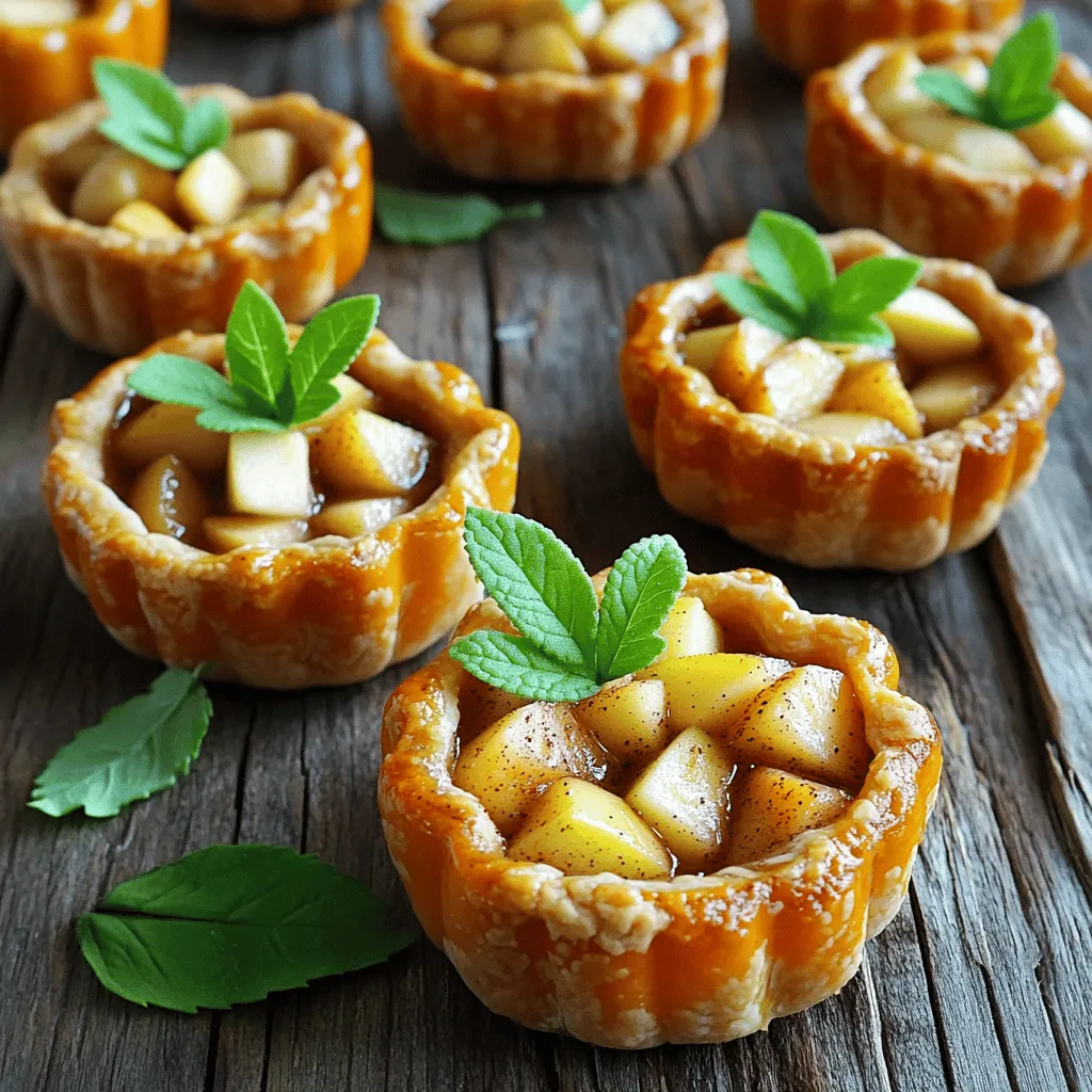 - 2 cups all-purpose flour - 1/2 cup unsalted butter, chilled and cubed - 1/4 cup granulated sugar - 3 medium-sized apples (such as Granny Smith), peeled, cored, and diced - 1 teaspoon lemon juice - 1 teaspoon ground cinnamon - 1/4 teaspoon ground nutmeg - 1/4 cup brown sugar - 1 tablespoon cornstarch - Egg wash (1 egg beaten with 1 tablespoon water) - Green candy leaves or fresh mint for garnish When making pumpkin shaped mini apple pies, the right ingredients matter. The base of the pie is a simple yet rich dough. You need all-purpose flour, unsalted butter, and a bit of sugar for sweetness. This mix gives the crust a flaky texture. Next, we have our apples. I love using Granny Smith apples for their tartness. Their flavor balances out the sugar and spices perfectly. Don't forget the lemon juice! It brightens the apple filling, making it fresh and zesty. Spices add warmth and depth. Ground cinnamon and nutmeg are must-haves. They fill your kitchen with a cozy aroma while baking. Brown sugar adds a hint of caramel sweetness to the filling. For the assembly, a simple egg wash gives a golden finish. Top with green candy leaves or mint for a fun touch. These small details make your mini pies pop! Check out the full recipe for more details on each step. - Combine 2 cups of flour, 1/4 cup sugar, and 1/4 teaspoon salt in a bowl. - Add 1/2 cup of chilled, cubed butter. Mix until it looks like coarse crumbs. - Gradually pour in 1/4 cup of ice water, mixing until the dough comes together. - Toss 3 diced apples with 1 teaspoon lemon juice, 1 teaspoon cinnamon, and 1/4 teaspoon nutmeg. - Add 1/4 cup brown sugar and 1 tablespoon cornstarch to the apples. - Let this mixture sit for about 10 minutes to create a rich flavor. - Roll out the dough to 1/8 inch thick on a floured surface. - Use a pumpkin-shaped cookie cutter to cut out shapes. You need two pieces per pie. - Place half of the cutouts on a parchment-lined baking sheet. - Spoon a small amount of apple filling onto each cutout. - Brush the edges with an egg wash made from 1 beaten egg and 1 tablespoon water. - Cover with the second cutout and gently press to seal. Crimp edges with a fork. - Preheat your oven to 375°F (190°C). - Place the assembled pies on a baking sheet. - Bake for 20-25 minutes, until the pies turn golden brown. For the full recipe, click here. To get the best dough, keep your butter cold. Cold butter makes the crust flaky. When you mix it with the flour, it creates small pockets. These pockets help the dough rise as it bakes. Chilling the dough before rolling is key too. Wrap it in plastic and rest it in the fridge for at least 30 minutes. This step keeps the shape when you cut it. Use different apple types to boost flavor. Each apple brings a unique sweetness. I love using Granny Smith for their tartness. You can also mix in Honeycrisp for a sweeter touch. After mixing the apples with spices and sugars, let it sit. Resting helps the flavors blend together. This step enhances the taste and makes your filling pop. Get creative with decoration! Use extra dough scraps to make fun shapes. You can form little leaves or stars to add to your pies. For extra sweetness, drizzle icing on top after baking. A simple glaze made with powdered sugar and milk works great. It adds a nice shine and taste to your pumpkin-shaped mini apple pies. For the final touch, add green candy leaves or fresh mint. This brings your dessert to life! For the full recipe, check out the [Full Recipe]. {{image_2}} You can make your mini apple pies even more tasty. Try adding caramel or raisins to the apple filling for a sweet twist. Both add a rich flavor that blends well with apples. You can also experiment with spices like ginger or clove. These spices give your pies a warm and cozy taste. Just a little goes a long way. Want a healthier pie? You can use whole wheat flour instead of all-purpose flour. This switch gives your crust more fiber and nutrients. If you want to cut calories, try a sugar substitute. There are many options available that still taste great in the filling. While pumpkin shapes are fun, you can create mini pies in other seasonal shapes too. Think leaves or acorns for fall! If you want more to share, try making larger pies. You can use the same filling and crust techniques, just adjust the baking time. Larger pies can be great for gatherings or family dinners. After baking, allow your mini apple pies to cool. Place them in an airtight container. This keeps them fresh and tasty. For the best flavor, eat them within 2-3 days. After this, they may lose some of their charm. To freeze the mini pies, let them cool completely. Wrap each pie in plastic wrap. Then, place them in a freezer bag or container. This method helps avoid freezer burn. They can stay frozen for up to three months. When ready to enjoy, take them out and let them defrost overnight in the fridge. This keeps the texture nice. To reheat your mini pies, place them in a preheated oven at 350°F (175°C). Bake for about 10-15 minutes. This warms them through and keeps the crust crispy. Avoid the microwave if you want the crust to stay flaky. The oven is the best option for that perfect bite. Yes, you can make the dough ahead of time. Just follow these steps: - Mix the dry ingredients and butter as usual. - Add ice water to form the dough. - Wrap it tightly in plastic wrap. - Store it in the fridge for up to two days. This makes it easy to assemble your mini pies later! If you don’t have a pumpkin cookie cutter, don’t worry! Here are some fun options: - Use a regular round cutter and add a stem with dough scraps. - Cut out apple shapes or even leaves for a fall theme. - Use a knife to create pumpkin shapes by hand. Let your creativity shine! To check if the mini pies are done, look for these signs: - The crust should be golden brown. - You may see the filling bubbling up through the vents. - If the edges are crispy and firm, they are ready to enjoy. Trust your eyes and your nose for the best results! Pumpkin-shaped mini apple pies are fun and tasty. This blog post showed you how to make them step by step. You learned about the key ingredients, from flour to apples, and important tips for perfecting the dough. You also saw cool variations and storage ideas. Try these mini pies to impress friends and family. Simple changes can make them your own. Enjoy baking these delicious treats and sharing them with others!