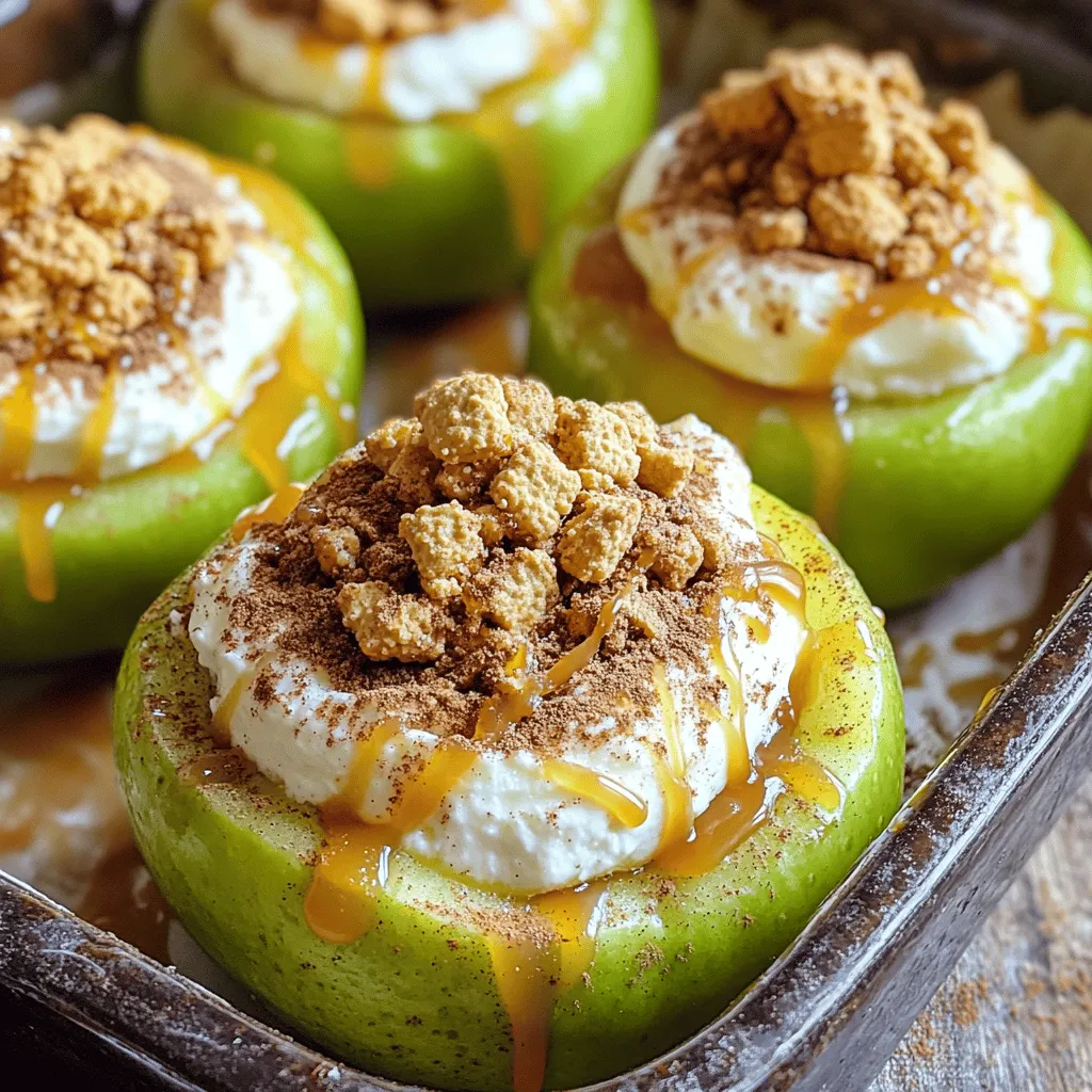 To make cheesecake stuffed baked apples, gather these tasty items: - 4 large Granny Smith apples - 8 oz cream cheese, softened - 1/2 cup granulated sugar - 1 teaspoon vanilla extract - 1/2 teaspoon lemon juice - 1/4 cup sour cream - 1/4 cup crushed graham crackers - 1 teaspoon cinnamon - Optional: caramel sauce for drizzling These ingredients work together to create a sweet treat. The tartness of the Granny Smith apples pairs well with the creamy cheesecake filling. Each bite brings a balance of flavors that will delight your taste buds. The cream cheese adds richness, while the sugar sweetens the mixture. Vanilla and lemon juice enhance the overall flavor. The sour cream gives a nice creamy texture. The crushed graham crackers bring crunch and a hint of nostalgia. Cinnamon adds warmth, making this dessert cozy and inviting. You can drizzle caramel sauce on top for an extra special touch. This dessert is not just fun to make; it’s also fun to share. You can find the Full Recipe for detailed steps to create this delicious dish. 1. Preheat your oven to 350°F (175°C). This helps the apples cook evenly. 2. Wash the apples well under cold water. Remove dirt and wax for the best taste. 3. Slice the top off each apple. Use a melon baller or a paring knife to gently remove the core. Be careful not to poke a hole in the bottom. 1. In a medium bowl, beat together the softened cream cheese and granulated sugar. 2. Add the vanilla extract, lemon juice, and sour cream. Mix until smooth and creamy. 3. Gently fold in the crushed graham crackers and cinnamon. This adds a nice flavor and texture. 1. Carefully fill each hollowed apple with the cheesecake mixture. Let it mound slightly on top. 2. Place the stuffed apples in a baking dish. Pour about 1/2 inch of water in the bottom. This keeps the apples moist while they bake. 3. Cover the dish with aluminum foil. Bake for 20 minutes. 4. Remove the foil and bake for another 10-15 minutes. The apples should be tender when done. Try this recipe for a delicious treat! [Full Recipe] Choosing the right apple variety I love using Granny Smith apples. They are tart and hold their shape well. Their firm texture makes them great for baking. You could also try Honeycrisp or Fuji apples for a sweeter taste. How to prevent browning To keep your apples from browning, use lemon juice. Just brush a bit of lemon juice on the cut surfaces. This helps keep them looking fresh and bright. Tips for achieving a creamy texture Make sure your cream cheese is softened. This step helps mix it well. Mix until it is smooth and creamy. You want no lumps! Adding sour cream gives it a nice tang and creaminess. Common mistakes to avoid Don’t overmix the filling after adding the graham crackers. This can make it too dense. Also, avoid filling the apples to the brim. Leave a bit of space for the filling to expand while baking. Ideal toppings and presentations Serve your stuffed apples warm. Drizzle caramel sauce on top for extra sweetness. You can also sprinkle crushed graham crackers for a crunchy texture. It makes the dish look beautiful too! Pairing drinks with the dessert A warm cup of chai tea or a scoop of vanilla ice cream pairs well. The warm apples and creamy filling balance perfectly with these drinks. You could also try a light dessert wine for a special touch. For the full recipe, check out the Cheesecake Stuffed Baked Apples! {{image_2}} You can make these baked apples even more fun. Adding chocolate chips gives a sweet surprise. You can also toss in some nuts for crunch. Walnuts or pecans work well here. If you want to spice things up, add a pinch of nutmeg or ginger. These spices add warmth and depth to the flavor. You can even mix in citrus zest for a bright touch. Let’s make these apples a bit lighter. Using low-fat cream cheese cuts the calories but keeps the taste. You can also try sugar alternatives. Stevia or honey can work instead of granulated sugar. For a dairy-free option, use coconut cream instead of cream cheese. It gives a rich texture and a hint of coconut flavor. You have options for how to serve these apples. For a family gathering, bake them in a big dish. This makes it easy for everyone to share. If you want a more personal touch, serve individual apples. These look great on a plate. Another fun idea is a chilled version. After baking, let them cool and chill in the fridge. Serve them cold for a refreshing twist. For the full recipe, check out the Cheesecake Stuffed Baked Apples section. Enjoy experimenting with these ideas! To keep your cheesecake stuffed baked apples fresh, place them in the fridge. Use an airtight container to prevent air from drying them out. They can last about three days in the fridge. If you want to store them longer, freezing is a good option. Wrap each apple in plastic wrap, then place them in a freezer-safe bag. They can last up to three months in the freezer. When you're ready to enjoy them again, simply thaw them in the fridge overnight. To reheat your stuffed apples, the best method is the oven. Preheat the oven to 350°F (175°C). Place the apples in a baking dish and cover them with foil. Bake for about 10-15 minutes, or until they're warm throughout. This method keeps the apples tender while making the cheesecake filling creamy again. If you're in a hurry, you can use the microwave. Heat them on a microwave-safe plate for about 30 seconds at a time, checking until warm. Be careful not to overheat, as this can make the apples tough. Yes, you can use other types of apples. The best apple varieties for baking include Honeycrisp, Fuji, and Braeburn. These apples hold their shape well and provide a nice balance of sweet and tart. Granny Smith apples are great for a more tangy flavor. Choose apples that are firm for the best results. These cheesecake stuffed baked apples last about three to four days in the fridge. To keep them fresh, store them in an airtight container. The quality may change after a few days, but they will still taste good. You can reheat them in the microwave for a warm treat. Yes, you can make the filling ahead of time! Prepare the cheesecake mixture and store it in the fridge for up to two days. This saves time on baking day. Just remember to stir it well before you fill the apples. This makes the process quick and easy. If you need a substitute for cream cheese, you can use Greek yogurt or cashew cream. Greek yogurt adds a nice tang and works well in desserts. Cashew cream is a great dairy-free option and is creamy too. Both can give you a similar texture and flavor in your cheesecake filling. This blog post shows you how to make delicious cheesecake stuffed apples. We covered the best ingredients, preparation steps, and expert tips. You also learned how to customize flavors and store leftovers. Always choose the right apples for the best taste. Follow these steps, and your dessert will impress everyone. Enjoy experimenting and savoring your cheesecake apples!