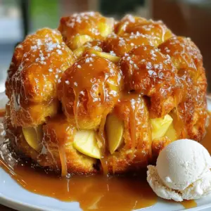 - 2 cans (16 oz each) refrigerated biscuit dough - 3 medium apples, peeled and chopped (preferably Granny Smith for tartness) - 1 cup brown sugar - 1/2 cup granulated sugar - 1 teaspoon ground cinnamon - 1/4 teaspoon nutmeg - 1/2 cup unsalted butter (1 stick) - 1 cup caramel sauce (store-bought or homemade) - 1/2 teaspoon sea salt - Optional: Whipped cream or vanilla ice cream for serving Gooey Salted Caramel Apple Monkey Bread needs a few key ingredients. The first is refrigerated biscuit dough. This dough gives the bread its fluffy texture. Next, you will need apples, and Granny Smith works best. Their tartness adds a nice contrast to the sweet caramel. Brown sugar and granulated sugar are essential for the sweet coating. Cinnamon and nutmeg bring warmth and spice. Unsalted butter helps create a rich flavor and a golden crust. Caramel sauce is what makes this dish gooey and sweet. Finally, a sprinkle of sea salt enhances all the flavors. You can serve this dish with whipped cream or vanilla ice cream to make it even more special. These toppings add a creamy touch that pairs perfectly with the warm, gooey bread. First, you need to preheat your oven to 350°F (175°C). This ensures the bread cooks evenly. Next, grease your bundt pan lightly. Use non-stick spray or butter to coat it well. This step is key to avoid sticking. In a large bowl, mix together the brown sugar, granulated sugar, cinnamon, and nutmeg. This blend adds warmth and sweetness to the bread. Make sure it’s well mixed, then set it aside for later. Open the cans of refrigerated biscuit dough. Separate the dough into individual biscuits. Cut each biscuit into quarters. This makes them perfect for layering. Toss the biscuit quarters into the sugar-spice mixture. Make sure each piece gets coated nicely. Start layering half of the coated biscuit pieces in the greased bundt pan. Next, sprinkle half of the chopped apples over the biscuits. Drizzle half of the caramel sauce on top of the apples. Now, repeat this process. Add the rest of the biscuit pieces and apples, then drizzle the rest of the caramel sauce over everything. In a small saucepan, melt the butter over medium heat. Once it’s bubbly, pour it evenly over the layers in the bundt pan. This adds richness to your monkey bread. Bake in the preheated oven for 30-35 minutes. Check for a golden brown top and fully cooked biscuits. Once done, let it cool in the pan for about 10 minutes. This helps it set. After cooling, invert it onto a plate. Sprinkle with sea salt and drizzle extra caramel sauce if you like. Enjoy the gooey goodness! To make sure your monkey bread turns out just right, check that the biscuits are fully cooked. They should be golden brown on top. A good way to test for doneness is to insert a toothpick into the center. If it comes out clean, your monkey bread is done. Want to take your gooey salted caramel apple monkey bread to the next level? Try adding a pinch of allspice or ginger to the sugar mix. These spices can add warmth and depth. You can also switch up the apples. While Granny Smith gives a nice tart taste, Honeycrisp or Fuji apples add sweetness and crunch. Serve your monkey bread warm for the best taste. Drizzle extra caramel sauce on top for added gooeyness. You can also add a dollop of whipped cream or a scoop of vanilla ice cream. They both make the dish even more delightful. Enjoy the sweet, warm goodness with friends and family! {{image_2}} You can switch up the fruit in this recipe. Try pears or peaches instead of apples. They add a sweet twist and work well in this dish. You can also use frozen or dried fruits for a change. If you want a different flavor, swap the caramel sauce with chocolate or a fruit sauce. Chocolate sauce will give a rich taste. A berry sauce adds a fruity zing that many will love. For a gluten-free option, find gluten-free biscuit dough. Many brands offer this, so you can still enjoy the gooey goodness without the gluten. If you want a plant-based version, use plant-based butter. Coconut oil can also work well. It adds a unique flavor while keeping the dish rich and moist. In fall, add pumpkin spice to the sugar mixture for a cozy vibe. It pairs nicely with the apples and caramel. For the holidays, think about adding nuts or dried cranberries. They add a festive touch and a bit of crunch. You can even drizzle white chocolate on top for a lovely finish. To keep your gooey salted caramel apple monkey bread fresh, place it in an airtight container. You can also wrap it tightly in plastic wrap. Store it in the fridge to keep it safe. It stays fresh for about three days. After that, the texture may change. To reheat, I suggest using the oven. Preheat it to 350°F (175°C). Place the monkey bread on a baking sheet. Cover it with foil to keep moisture in. Heat for about 10-15 minutes. This keeps it warm and gooey. You can also use a microwave. Heat for 15-30 seconds on low power. Be careful not to overheat, or it will dry out. Enjoy your warm treat with the same gooey texture! Yes, homemade biscuit dough works great! It gives a fresh taste. Just make sure the dough is soft and fluffy. Follow your favorite biscuit recipe. Roll it out and cut it into small pieces. Coat them in the sugar-spice mix just like the refrigerated dough. If you need a substitute for caramel sauce, try butterscotch sauce. It has a similar flavor and texture. You can also use chocolate sauce for a fun twist. If you want a healthier option, use honey or maple syrup. They add sweetness but change the taste a bit. To check if it is done, look for a golden brown top. You can insert a toothpick in the middle. If it comes out clean, the monkey bread is ready. The biscuits should feel soft but cooked inside. Yes, you can prep it ahead of time! You can coat the biscuit pieces and layer them in the pan. Cover it tightly and keep it in the fridge. Bake it fresh when you are ready. You may need to add a few extra minutes to the baking time. Serve the monkey bread warm for the best taste. Drizzle with extra caramel sauce for a sweet touch. Adding a scoop of vanilla ice cream or whipped cream makes it even better. Share it with friends or family for a fun dessert experience! You now have all you need to make delicious monkey bread. This treat uses easy ingredients, perfect cooking steps, and fun variations. You learned how to prep the pan, mix spices, and layer apples with biscuit dough. Plus, I shared tips for storing and reheating leftovers. Whether you enjoy it with ice cream or tweak it for the season, this recipe is a winner. Enjoy your baking, and think of new ways to make this dish your own!