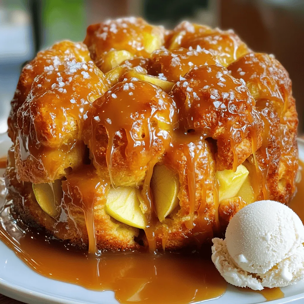 - 2 cans (16 oz each) refrigerated biscuit dough - 3 medium apples, peeled and chopped (preferably Granny Smith for tartness) - 1 cup brown sugar - 1/2 cup granulated sugar - 1 teaspoon ground cinnamon - 1/4 teaspoon nutmeg - 1/2 cup unsalted butter (1 stick) - 1 cup caramel sauce (store-bought or homemade) - 1/2 teaspoon sea salt - Optional: Whipped cream or vanilla ice cream for serving Gooey Salted Caramel Apple Monkey Bread needs a few key ingredients. The first is refrigerated biscuit dough. This dough gives the bread its fluffy texture. Next, you will need apples, and Granny Smith works best. Their tartness adds a nice contrast to the sweet caramel. Brown sugar and granulated sugar are essential for the sweet coating. Cinnamon and nutmeg bring warmth and spice. Unsalted butter helps create a rich flavor and a golden crust. Caramel sauce is what makes this dish gooey and sweet. Finally, a sprinkle of sea salt enhances all the flavors. You can serve this dish with whipped cream or vanilla ice cream to make it even more special. These toppings add a creamy touch that pairs perfectly with the warm, gooey bread. First, you need to preheat your oven to 350°F (175°C). This ensures the bread cooks evenly. Next, grease your bundt pan lightly. Use non-stick spray or butter to coat it well. This step is key to avoid sticking. In a large bowl, mix together the brown sugar, granulated sugar, cinnamon, and nutmeg. This blend adds warmth and sweetness to the bread. Make sure it’s well mixed, then set it aside for later. Open the cans of refrigerated biscuit dough. Separate the dough into individual biscuits. Cut each biscuit into quarters. This makes them perfect for layering. Toss the biscuit quarters into the sugar-spice mixture. Make sure each piece gets coated nicely. Start layering half of the coated biscuit pieces in the greased bundt pan. Next, sprinkle half of the chopped apples over the biscuits. Drizzle half of the caramel sauce on top of the apples. Now, repeat this process. Add the rest of the biscuit pieces and apples, then drizzle the rest of the caramel sauce over everything. In a small saucepan, melt the butter over medium heat. Once it’s bubbly, pour it evenly over the layers in the bundt pan. This adds richness to your monkey bread. Bake in the preheated oven for 30-35 minutes. Check for a golden brown top and fully cooked biscuits. Once done, let it cool in the pan for about 10 minutes. This helps it set. After cooling, invert it onto a plate. Sprinkle with sea salt and drizzle extra caramel sauce if you like. Enjoy the gooey goodness! To make sure your monkey bread turns out just right, check that the biscuits are fully cooked. They should be golden brown on top. A good way to test for doneness is to insert a toothpick into the center. If it comes out clean, your monkey bread is done. Want to take your gooey salted caramel apple monkey bread to the next level? Try adding a pinch of allspice or ginger to the sugar mix. These spices can add warmth and depth. You can also switch up the apples. While Granny Smith gives a nice tart taste, Honeycrisp or Fuji apples add sweetness and crunch. Serve your monkey bread warm for the best taste. Drizzle extra caramel sauce on top for added gooeyness. You can also add a dollop of whipped cream or a scoop of vanilla ice cream. They both make the dish even more delightful. Enjoy the sweet, warm goodness with friends and family! {{image_2}} You can switch up the fruit in this recipe. Try pears or peaches instead of apples. They add a sweet twist and work well in this dish. You can also use frozen or dried fruits for a change. If you want a different flavor, swap the caramel sauce with chocolate or a fruit sauce. Chocolate sauce will give a rich taste. A berry sauce adds a fruity zing that many will love. For a gluten-free option, find gluten-free biscuit dough. Many brands offer this, so you can still enjoy the gooey goodness without the gluten. If you want a plant-based version, use plant-based butter. Coconut oil can also work well. It adds a unique flavor while keeping the dish rich and moist. In fall, add pumpkin spice to the sugar mixture for a cozy vibe. It pairs nicely with the apples and caramel. For the holidays, think about adding nuts or dried cranberries. They add a festive touch and a bit of crunch. You can even drizzle white chocolate on top for a lovely finish. To keep your gooey salted caramel apple monkey bread fresh, place it in an airtight container. You can also wrap it tightly in plastic wrap. Store it in the fridge to keep it safe. It stays fresh for about three days. After that, the texture may change. To reheat, I suggest using the oven. Preheat it to 350°F (175°C). Place the monkey bread on a baking sheet. Cover it with foil to keep moisture in. Heat for about 10-15 minutes. This keeps it warm and gooey. You can also use a microwave. Heat for 15-30 seconds on low power. Be careful not to overheat, or it will dry out. Enjoy your warm treat with the same gooey texture! Yes, homemade biscuit dough works great! It gives a fresh taste. Just make sure the dough is soft and fluffy. Follow your favorite biscuit recipe. Roll it out and cut it into small pieces. Coat them in the sugar-spice mix just like the refrigerated dough. If you need a substitute for caramel sauce, try butterscotch sauce. It has a similar flavor and texture. You can also use chocolate sauce for a fun twist. If you want a healthier option, use honey or maple syrup. They add sweetness but change the taste a bit. To check if it is done, look for a golden brown top. You can insert a toothpick in the middle. If it comes out clean, the monkey bread is ready. The biscuits should feel soft but cooked inside. Yes, you can prep it ahead of time! You can coat the biscuit pieces and layer them in the pan. Cover it tightly and keep it in the fridge. Bake it fresh when you are ready. You may need to add a few extra minutes to the baking time. Serve the monkey bread warm for the best taste. Drizzle with extra caramel sauce for a sweet touch. Adding a scoop of vanilla ice cream or whipped cream makes it even better. Share it with friends or family for a fun dessert experience! You now have all you need to make delicious monkey bread. This treat uses easy ingredients, perfect cooking steps, and fun variations. You learned how to prep the pan, mix spices, and layer apples with biscuit dough. Plus, I shared tips for storing and reheating leftovers. Whether you enjoy it with ice cream or tweak it for the season, this recipe is a winner. Enjoy your baking, and think of new ways to make this dish your own!