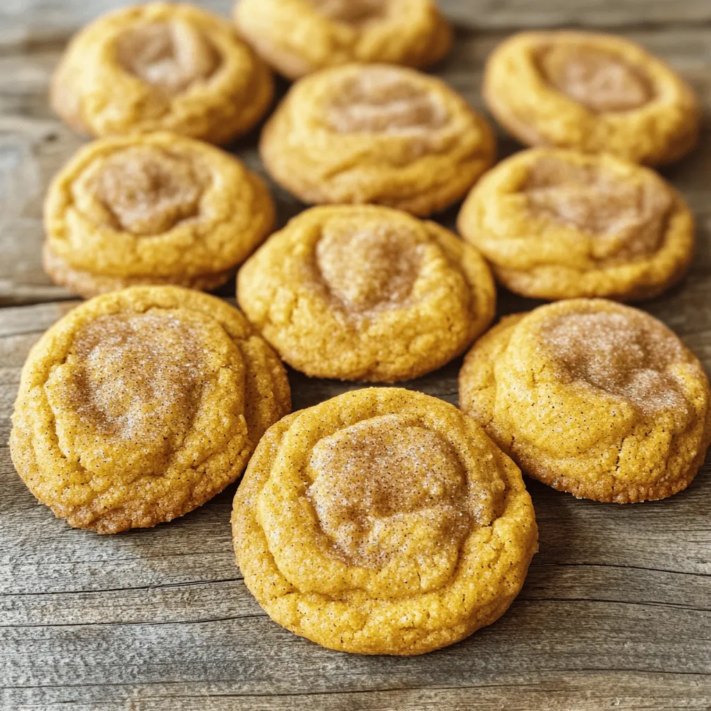 To make soft and spiced pumpkin snickerdoodles, you need the following ingredients: - 1 cup canned pumpkin puree - 1/2 cup unsalted butter, softened - 1 cup granulated sugar - 1/2 cup brown sugar, packed - 1 large egg - 2 1/2 cups all-purpose flour - 1 teaspoon baking soda - 1/2 teaspoon cream of tartar - 1 teaspoon ground cinnamon - 1/2 teaspoon ground nutmeg - 1/4 teaspoon ground ginger - 1/4 teaspoon salt - 1/4 teaspoon vanilla extract - 1/4 cup granulated sugar (for rolling) - 1 tablespoon ground cinnamon (for rolling) These ingredients blend to create a soft, flavorful cookie that melts in your mouth. The pumpkin puree adds moisture and a rich flavor. Combining the spices with sugar gives your cookies that classic snickerdoodle taste. I recommend using fresh spices for the best flavor. If you want a twist, try adding mini chocolate chips or nuts. For the full recipe, check the earlier section. Set your oven to 350°F (175°C). This step is key for even baking. Line a baking sheet with parchment paper. This helps prevent sticking and makes cleanup easy. In a big bowl, mix the softened butter with the sugars. You want it smooth and fluffy. Use a hand mixer or stand mixer for best results. This only takes a few minutes. Now, add the canned pumpkin puree, large egg, and vanilla extract. Mix until everything is well combined. This gives your cookies a soft and rich flavor. In another bowl, whisk together the flour, baking soda, cream of tartar, spices, and salt. Make sure there are no lumps. This mix adds flavor and structure to your cookies. Gradually add the dry mix to the wet mix. Stir gently until just combined. The dough should feel soft and slightly sticky. Do not overmix, or your cookies might turn tough. In a small bowl, mix the sugar and cinnamon for rolling. Use a cookie scoop or tablespoon to form balls of dough. Roll each ball in the cinnamon-sugar mix. Place them on the baking sheet with space between each. Bake for 10-12 minutes. The edges should be set, but the centers must stay soft. Let the cookies cool for 5 minutes before moving them to a wire rack. Enjoy your soft and spiced pumpkin snickerdoodles warm or at room temperature! For the full recipe and detailed instructions, refer to the [Full Recipe]. To get soft and spiced pumpkin snickerdoodles, focus on the dough. The dough should feel soft and slightly sticky. Here are some tips: - Use room temperature butter. Cold butter leads to tough cookies. - Don’t overmix the dough. Mix until just combined for softness. - Chill the dough for 30 minutes if you want thicker cookies. You can easily change the flavor of your snickerdoodles. Here are some ideas: - Add nuts like walnuts for a crunchy bite. - Mix in chocolate chips for a sweet surprise. - Try different spices, like allspice or cardamom, for a unique twist. Here are mistakes to watch out for: - Measuring flour incorrectly can ruin texture. Use a kitchen scale for accuracy. - Baking at a high temperature can cause cookies to harden. Stick to 350°F. - Not letting cookies cool leads to a gooey mess. Allow them to set on the baking sheet first. For the full recipe, check our detailed guide on Soft and Spiced Pumpkin Snickerdoodles. {{image_2}} You can make pumpkin snickerdoodles vegan by swapping a few ingredients. Use plant-based butter instead of regular butter. Replace the egg with a flax egg. To make a flax egg, mix 1 tablespoon of ground flaxseed with 2.5 tablespoons of water. Let it sit for five minutes to thicken. This swap keeps your cookies soft and tasty. For gluten-free pumpkin snickerdoodles, use a gluten-free flour blend. Many blends work well, so choose one you like. Make sure it includes a binding agent like xanthan gum. This helps keep your cookies soft and chewy. Just follow the same steps in the recipe for mixing and baking. You can add fun mix-ins to your snickerdoodles. Chopped nuts like pecans or walnuts add a nice crunch. Chocolate chips bring a sweet twist. Just fold in 1 cup of your chosen mix-in when you combine the wet and dry ingredients. This makes each bite even more delightful. For the full recipe, check out the full recipe section. To keep your soft and spiced pumpkin snickerdoodles fresh, store them in an airtight container. This will keep them soft and chewy. Place a piece of bread in the container, too. The bread will help to keep the cookies moist. You can store the cookies at room temperature for about five days. If you want to save some cookies for later, freezing is a great option. First, let the cookies cool completely. Then, place them in a single layer on a baking sheet. Freeze them for about an hour. After they are frozen, transfer the cookies to a freezer-safe bag. Remove as much air as possible. You can freeze the cookies for up to three months. When you're ready to eat them, let them thaw at room temperature. To maintain the best taste and texture, avoid storing cookies in the fridge. The cold air can dry them out. Instead, keep them in a cool, dry place. Make sure to seal them tightly. For long-term storage, freezing is better than refrigerating. Enjoy your soft and spiced pumpkin snickerdoodles fresh or frozen! For the full recipe, check out the [Full Recipe]. Yes, you can use fresh pumpkin. Just cook and puree the pumpkin first. Make sure to drain any excess water, as canned pumpkin is thicker. This helps keep your cookies soft and moist. You can use lemon juice or white vinegar as substitutes. Use 1 teaspoon of either for every 1/2 teaspoon of cream of tartar. This keeps your cookies light and fluffy. Look for golden edges and a soft center. The cookies should not be too dark. They will firm up as they cool. Keep an eye on them, so they do not overbake. Yes, you can make the dough in advance. Store it in the fridge for up to 24 hours. This can enhance the flavors and make it easier to scoop. These cookies stay fresh for about a week. Store them in an airtight container at room temperature. For longer storage, freeze them for up to three months. Enjoy your soft and spiced pumpkin snickerdoodles with family and friends! For the full recipe, check out the details above. In this blog post, we covered how to make soft and spiced pumpkin snickerdoodles. You learned about the key ingredients, step-by-step instructions, and helpful tips for baking. I shared variations for vegan and gluten-free options, plus storage methods to keep your cookies fresh. In the end, enjoy this fun recipe. You can easily impress friends and family with these tasty treats. Happy baking!