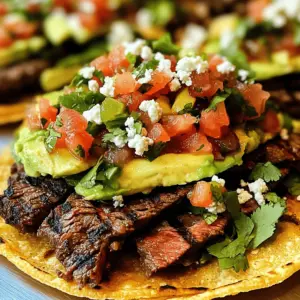 - 1 lb flank steak - 2 tablespoons olive oil - 3 cloves garlic, minced - 1 teaspoon cumin - 1 teaspoon chili powder - 1 teaspoon salt - 1/2 teaspoon black pepper - Juice of 2 limes - 8 tostada shells - 1 cup refried beans (canned or homemade) - 1 avocado, sliced - 1 cup pico de gallo (store-bought or homemade) - 1/2 cup crumbled queso fresco - 1/4 cup fresh cilantro, chopped You need fresh, quality ingredients for perfect carne asada tostadas. The flank steak shines here. It’s tender and packed with flavor. The marinade brings it all together. Olive oil adds richness, while garlic, cumin, and chili powder create warmth. Salt and black pepper enhance the steak's natural taste. Lime juice adds brightness. You’ll also need tostada shells. They provide a crunchy base. Refried beans help bind the toppings and add creaminess. For toppings, avocado gives a smooth texture. Pico de gallo adds freshness and zest. Crumbled queso fresco gives a salty kick. Finally, fresh cilantro brings a burst of color and flavor. If you like heat, consider adding sliced jalapeños. They spice things up nicely. Gather these ingredients, and you’re ready to create a delicious layered delight that will impress anyone! To start, mix the marinade in a bowl. You need 2 tablespoons of olive oil, 3 minced garlic cloves, 1 teaspoon cumin, 1 teaspoon chili powder, 1 teaspoon salt, and 1/2 teaspoon black pepper. Add the juice from 2 limes. This blend gives the steak great flavor. Next, add your flank steak to the bowl. Make sure it gets fully coated in the marinade. For the best taste, marinate for at least 30 minutes. If you have time, 1 to 2 hours is even better. This extra time helps the meat soak up all those flavors. Now, preheat your grill or grill pan to medium-high heat. This step is very important for cooking the steak properly. Once hot, take the steak out of the marinade. Place it on the grill carefully. Cook the steak for about 4 to 5 minutes on each side. If you want medium-rare, aim for an internal temperature of 130°F. Adjust your cooking time if you like it more or less done. After cooking, let the steak rest for 5 minutes. This resting time keeps it juicy. While the steak rests, it’s time to warm the tostada shells. You can do this in the oven or on a skillet. Just warm them until they are crisp. This step makes a big difference in the final dish. Crispy tostadas hold up better with the toppings. Now for the fun part—assembling the tostadas! Start by spreading a layer of refried beans on each tostada shell. This layer acts as a base and adds creaminess. Next, slice the rested steak against the grain into thin strips. This slicing method helps keep the meat tender. Place the steak strips on top of the beans. It’s time to add your favorite toppings! Start with slices of avocado. Then, add pico de gallo for brightness and flavor. Don’t forget to sprinkle crumbled queso fresco on top. If you like spice, add sliced jalapeños for an extra kick. Finally, garnish with fresh cilantro. This adds color and freshness to your tostadas. Serve them right away while the tostadas are still crispy! Marination techniques: To make the steak tasty, you need a good marinade. Mix olive oil, minced garlic, cumin, chili powder, salt, black pepper, and lime juice. Let the flank steak soak in this mix. I recommend at least 30 minutes, but 1-2 hours is even better. This gives the flavors time to soak in. Choosing the right grill temperature: Grill your steak on medium-high heat. This temperature helps the steak cook evenly without burning. If your grill is too hot, it can char the outside and leave the inside raw. Aim for about 4-5 minutes on each side. Check the internal temp for medium-rare, which should be 130°F. Suggestions for spice adjustments: If you want more heat, add extra chili powder or some cayenne pepper. You can also mix in smoked paprika for a deeper flavor. Adjust spices to match your taste. Remember, it’s all about what you enjoy. Ideas for additional toppings: Toppings can take your tostadas to the next level. Try adding sliced radishes for crunch or pickled onions for tang. You can also add different cheeses. Shredded cheddar or cotija can be great choices, too. Overcooking the steak: Cooking the steak too long makes it tough. Always check the internal temperature. Let it rest after cooking. This helps it stay juicy and tender. Under-preparing toppings: Don’t skip on toppings. Make sure your beans are warm and your pico de gallo is fresh. Slice your avocado just before serving. This keeps everything looking and tasting great. {{image_2}} You can switch out flank steak for grilled chicken or shrimp. Both options work well. For chicken, use the same marinade. Let it soak for about an hour. Grill until it reaches 165°F. For shrimp, marinate for just 15 minutes. Grill quickly, about 2-3 minutes per side. This gives you a fresh twist while keeping it delicious. If you want a meat-free option, try roasted vegetables or beans. Roasted peppers, zucchini, and onions can add great flavor. Toss them with olive oil and spices before roasting. For beans, you can use black beans or pinto beans. Heat them up and spread them on the tostadas just like the refried beans. This makes a filling and tasty dish! Mixing up spices can create a unique twist on carne asada tostadas. Try adding smoked paprika for a smoky flavor or chipotle powder for heat. You can also use fresh herbs like oregano or thyme in the marinade. This will change the taste and make your tostadas stand out. Experiment and find what you love! To keep your carne asada tostadas fresh, store them properly. First, separate the toppings from the tostada shells. This keeps them crispy. Place the tostada shells in an airtight container. For the meat and toppings, use another container. Refrigerate them within two hours of cooking. Consume the leftovers within three days to enjoy the best taste. To reheat without losing texture, avoid the microwave. Instead, use an oven or air fryer. Preheat the oven to 350°F. Place the tostada shells on a baking sheet. Heat for about 5-7 minutes until crispy. Warm the toppings in a skillet over low heat. Stir gently to keep the meat juicy. This method revives the crispy texture. You can freeze some components for later use. The carne asada and refried beans freeze well. Allow them to cool completely before freezing. Use freezer bags or airtight containers to prevent freezer burn. The tostada shells do not freeze well. They become soggy when thawed. Use your frozen carne asada and beans within three months for the best flavor. Carne asada is grilled meat, often flank steak. It is marinated in spices, lime juice, and garlic. After grilling, you slice the meat thinly. This method gives it a great flavor and tender texture, perfect for tacos or tostadas. Yes, you can! You can make tostadas ahead of time. Just store them in an airtight container. Keep them in a cool, dry place. When you are ready to serve, warm them up slightly for that crispiness. To make them spicier, add more chili powder to the marinade. You can also include sliced jalapeños as a topping. Try a spicy salsa instead of pico de gallo for an extra kick. Absolutely! Store-bought refried beans save time and still taste great. Just warm them up before spreading on the tostadas. You can also make them from scratch if you prefer. Some great sides include Mexican rice, corn salad, or black beans. You can also serve fresh guacamole or chips with salsa. These sides add variety and enhance your meal. In this article, we covered how to make delicious carne asada tostadas. You learned about the key ingredients, including flank steak and tasty toppings. I shared step-by-step instructions for marinating and grilling the steak. We also discussed assembling the tostadas with fresh ingredients and offered tips to avoid common mistakes. Final thoughts: Enjoy experimenting with different flavors and variations. You can make this dish your own with fun toppings and proteins!