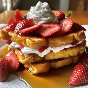 - 8 slices of thick bread (challah or brioche works best) - 4 ounces cream cheese, softened - 1/4 cup powdered sugar - 1 teaspoon vanilla extract - 1 cup fresh strawberries, hulled and sliced - 3 large eggs - 1 cup milk - 1 teaspoon cinnamon - 1 tablespoon butter (for frying) To make Strawberry Cheesecake French Toast, start with thick bread. Challah or brioche gives the best taste and texture. Next, you need a creamy filling. This comes from softened cream cheese mixed with powdered sugar and vanilla extract. Then, fresh strawberries add a burst of flavor. These juicy slices will make your dish pop. - Maple syrup for serving - Additional toppings (whipped cream, extra strawberries) For serving, maple syrup adds sweetness. You can also top it with whipped cream and extra strawberries. These extras make your dish even more special. They turn a simple breakfast into a tasty delight. First, we need to make the cream cheese mixture. Grab a medium mixing bowl. Add 4 ounces of softened cream cheese. Then, pour in 1/4 cup of powdered sugar. Finally, add 1 teaspoon of vanilla extract. Use a hand mixer or a whisk to beat it all together. Keep mixing until it is smooth and creamy. Set this aside for now. Next, let’s make the egg mixture. Take another bowl and crack 3 large eggs into it. Add 1 cup of milk and 1 teaspoon of cinnamon. Use a whisk to mix it well. You want everything combined and smooth. This mixture will help coat your sandwiches. Now, it’s time to build your sandwiches. Lay out your 8 slices of thick bread. Take the cream cheese mixture and spread a generous layer on one side of each slice. Then, take your fresh strawberries. Slice them and place them on four of the slices. Top them with the other four slices to make sandwiches. Let’s cook those sandwiches! First, preheat a large skillet or griddle over medium heat. Add 1 tablespoon of butter to the pan. Allow it to melt and coat the surface. Take each sandwich and dip it in the egg mixture. Make sure both sides are coated, but let the excess drip off. Place the soaked sandwiches onto the skillet. Cook for about 3-4 minutes on each side. Look for a golden brown color. Once done, remove them from the skillet and keep warm in a low-temperature oven. When all sandwiches are cooked, serve them hot. Top with extra strawberries and whipped cream, if you like. Drizzle with maple syrup for the final touch. For the best texture, use thick bread. I suggest challah or brioche. They soak up the egg mixture well. Plus, they have a rich flavor that enhances the dish. To ensure even browning, preheat your skillet over medium heat. Add butter and let it melt. This step is key for perfect cooking. Dip your sandwiches in the egg mixture fully. Let any extra drip off before frying. This helps avoid soggy bread. Get creative with toppings! Fresh strawberries and whipped cream work wonders. You can also sprinkle some powdered sugar on top for a sweet finish. For a tangy twist, try a dollop of yogurt. Pair this French toast with a warm drink. A rich cup of coffee or a fruity herbal tea complements it well. You can also serve it with a glass of fresh orange juice for a bright touch. Enjoying it this way makes breakfast even more special! {{image_2}} You can mix up the flavors in your Strawberry Cheesecake French Toast. Try using different fruits like blueberries or raspberries. These fruits give a fresh twist to your dish. They also add nice colors and flavors. You can even use a mix of fruits for extra fun. You can also change the cream cheese flavor. Instead of plain, use strawberry or vanilla cream cheese. These flavors add a unique taste and make the dish even more exciting. Feel free to get creative with other flavors too! If you need gluten-free options, use gluten-free bread. Many brands offer tasty gluten-free bread. It will still taste great in this dish. For a vegan version, substitute the eggs with flax eggs. Mix one tablespoon of ground flaxseed with two and a half tablespoons of water. Let it sit for a few minutes to thicken. For the cream cheese, try using a vegan cream cheese alternative. These swaps keep your French toast delicious while meeting your diet needs. To keep your Strawberry Cheesecake French Toast fresh, follow these steps. First, let the French toast cool to room temperature. Then, place it in an airtight container. This prevents it from drying out. Store the container in your fridge. It should last for about three days. When you’re ready to enjoy it again, you can reheat it. The best way is to use a skillet. Heat it over medium heat. Place the slices in the skillet for about 2-3 minutes on each side. This will warm them up without making them soggy. You can also use a microwave, but this may make the toast less crispy. Meal prepping this dish can save you time. You can prepare the French toast ahead of time. Make the cream cheese mixture and spread it on the bread. Then, store the assembled sandwiches in the fridge until you are ready to cook them. If you want to freeze them, wrap each sandwich tightly in plastic wrap. Place them in a freezer-safe bag. They can last for up to two months. When you’re ready, just thaw them in the fridge overnight. Then cook them as usual. Enjoy your delicious breakfast with ease! For this recipe, thick bread is key. Challah and brioche work best. They soak up the egg mixture well and give a nice texture. These breads are soft, yet sturdy. This allows them to hold the creamy filling and strawberries without falling apart. Yes, you can use frozen strawberries. Just thaw and drain them before use. Fresh strawberries taste best, but frozen work in a pinch. They might be a bit softer, but they still add great flavor. To make this recipe dairy-free, use vegan cream cheese and almond milk. Replace eggs with flax eggs or a suitable egg replacer. These swaps give you a rich taste without dairy. You still get the creamy texture and sweet flavor. Absolutely, you can prepare the cream cheese filling ahead of time. Just mix it up and store it in the fridge. This saves time when you’re ready to cook. The filling stays fresh and tasty for a few days. One common mistake is not letting the bread soak long enough. Make sure to dip each piece well. Another mistake is cooking at too high heat. This can burn the outside while leaving the inside soggy. Keep the heat medium for even cooking. You learned how to make Strawberry Cheesecake French Toast, a fun and tasty treat. We talked about the main and optional ingredients, plus how to make the perfect egg mixture. I shared tips for cooking and serving suggestions to enhance your dish. You can try different flavors and adapt it for specific diets too. Don’t forget proper storage tips to keep your leftovers fresh. Enjoy making this dish and make it your own!