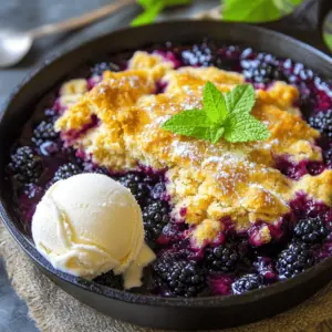- 2 cups fresh blackberries - 1 cup sugar, divided - 1 tablespoon lemon juice - 1 tablespoon cornstarch - 1 teaspoon vanilla extract - 1 cup all-purpose flour - 1 ½ teaspoons baking powder - ½ teaspoon salt - ½ cup unsalted butter, melted - ¾ cup milk - 1 teaspoon cinnamon Mimi's Famous Skillet Blackberry Cobbler shines because of its simple yet tasty ingredients. Fresh blackberries are the star here. Their sweet and tart flavor gives the cobbler its unique taste. You will also need sugar for sweetness. I use a mix of sugar and other sweetening agents. This ensures the perfect balance of flavors. Essential baking ingredients make up the foundation of this dish. All-purpose flour, baking powder, and salt work together to create a fluffy texture. Butter adds richness, while milk gives moisture. Lastly, cinnamon brings warmth and depth to each bite. - Different types of berries - Nutmeg or ginger for spice - Almond extract for a twist You can change the fruit in this cobbler. While blackberries are great, you can use blueberries, raspberries, or peaches too. Mixing fruits can create fun flavors. Adding spices like nutmeg or ginger can boost the taste. You might also try almond extract for a nutty aroma. The options are endless, allowing you to customize this recipe to your liking. For the full recipe, you can refer to the section above. 1. Preheating the oven: First, set your oven to 350°F (175°C). This helps the cobbler cook evenly. 2. Mixing blackberry filling: In a bowl, combine 2 cups of fresh blackberries, ½ cup of sugar, 1 tablespoon of lemon juice, 1 tablespoon of cornstarch, and 1 teaspoon of vanilla extract. Stir gently to coat the blackberries. Let this mixture sit while you prepare the batter. 1. Combining dry and wet ingredients: In a large bowl, whisk together 1 cup of all-purpose flour, 1½ teaspoons of baking powder, ½ teaspoon of salt, and 1 teaspoon of cinnamon. In another bowl, mix ½ cup of melted unsalted butter with ¾ cup of milk. Pour this wet mix into the dry mix. Stir until just combined. 2. Pouring batter in the skillet: Take a 10-inch cast iron skillet and pour the batter evenly across the bottom. This creates a nice base for the cobbler. 1. Adding the blackberry layer: Spoon the blackberry mixture over the batter evenly. This ensures each bite has sweet fruit. 2. Baking and checking doneness: Sprinkle the remaining ½ cup of sugar over the top. Bake in the preheated oven for 30-35 minutes. Check for doneness by inserting a toothpick in the center. If it comes out clean, your cobbler is ready. Let it cool slightly before serving. For the full recipe, refer to Mimi's Famous Skillet Blackberry Cobbler. To get the best crust, focus on two things. First, use cold butter. It helps create a flaky texture. Second, do not overmix the batter. Mix just until combined to keep it light. A cast iron skillet is key, too. It heats evenly and gives a nice golden crust. You can make this cobbler even better with some simple tweaks. Try adding a sprinkle of nutmeg or a dash of almond extract for depth. For serving, warm cobbler pairs perfectly with a scoop of vanilla ice cream. This adds creaminess and balances the tartness of the blackberries. Many home cooks make the mistake of overmixing the batter. This leads to a dense cobbler. Another common error is not adjusting baking times. Ovens can vary in heat, so keep an eye on your cobbler. If it looks golden brown, it’s likely ready. Remember, you can check doneness with a toothpick. For the full recipe, you can refer back to the beginning of this article. {{image_2}} You can switch up the fruit in this cobbler. Try using different berries like raspberries, blueberries, or strawberries. Each berry brings its own flavor. You can also mix berries for a fun twist. Seasonal fruits work great, too. Peaches in summer or apples in fall make tasty alternatives. Just adjust the sugar based on the fruit's sweetness. If you want a lighter cobbler, consider sugar substitutes. Use honey or maple syrup instead of sugar. This keeps the sweet taste without all the calories. For gluten-free versions, swap all-purpose flour for almond or coconut flour. These options work well and still taste great. For a gourmet treat, try adding nuts or chocolate to the batter. Chopped pecans or walnuts give a nice crunch. Dark chocolate chips can add a rich flavor. To elevate your dessert, serve it with unique ice cream flavors. Consider lavender or honey ice cream to enhance the cobbler's taste. You can find the full recipe in the previous section. To keep your cobbler fresh in the fridge, let it cool first. Once it's cool, cover it with plastic wrap or foil. Place it in an airtight container. This helps keep it moist and tasty. You can store it in the fridge for up to three days. If you want to save it for later, freezing is a great option. Cut the cobbler into pieces, and wrap each piece in plastic wrap. Then, place the wrapped pieces in a freezer bag. This method keeps the cobbler fresh for up to three months. To reheat, simply take a piece out, thaw it in the fridge overnight, and warm it in the oven at 350°F (175°C) for about 10-15 minutes. Mimi's Famous Skillet Blackberry Cobbler can last about three days in the fridge. If you freeze it, it stays good for about three months. Always check for signs of spoilage before eating. If you see mold or an off smell, it’s best to throw it away. Enjoy every bite while it’s fresh! For the full recipe, check out our detailed guide. Making this cobbler is quick and fun. It takes about 15 minutes to prep. The baking time is around 30 to 35 minutes. In total, you will spend around 45 minutes to get this treat ready for your family. Yes, you can use frozen blackberries. Just thaw them before mixing. Drain any extra juice to avoid a soggy cobbler. The taste will still be great, even with frozen fruit. This cobbler tastes amazing with a scoop of vanilla ice cream. You can also add whipped cream for extra creaminess. Fresh mint leaves on top add a nice touch too. Mimi’s recipe comes from family traditions. It has been passed down through generations. Each family member adds their own twist. This cobbler brings back sweet memories for many. It connects us all through shared love for good food. For the full recipe, check out the details above and start baking! This blog post guides you through making a delicious blackberry cobbler. We covered the key and optional ingredients, preparation, batter mixing, and baking steps. I shared tips to perfect texture and flavor, highlighted common mistakes, and offered fun variations. In the end, you can enjoy a warm, sweet dessert that can suit any taste. No matter how you make it, Mimi's blackberry cobbler will surely impress!