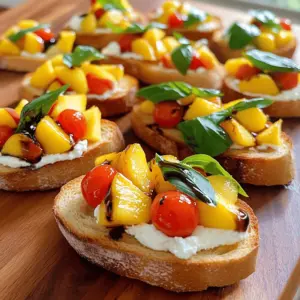 - 4 ripe peaches, diced - 1 cup cherry tomatoes, quartered - 1/2 cup fresh basil leaves, chopped - 1 tablespoon balsamic glaze - 1 tablespoon olive oil - Salt and pepper to taste - 1 French baguette, sliced - 1 cup ricotta cheese - Zest of 1 lemon Using fresh ingredients makes a big difference in flavor. For this recipe, you want ripe peaches. Look for peaches that give slightly when you press them. They should smell sweet and fruity. Choose cherry tomatoes that are firm and vibrant in color. Fresh basil should be bright green and fragrant. For the baguette, select one that is crusty on the outside and soft inside. It should feel light and airy. When selecting ricotta, go for a brand that uses whole milk. This makes it creamy and rich. Remember, the quality of your ingredients matters. Fresh, ripe fruits and veggies will give you the best peach bruschetta. If you want to learn how to make this dish, check out the Full Recipe. 1. Preheat your oven to 375°F (190°C). This step is key. You want the bread nice and crispy. 2. Take your French baguette and slice it into pieces. Aim for about half an inch thick. Lay the slices flat on a baking sheet. Brush one side of each slice with olive oil to add flavor. 3. Bake the baguette slices for 8-10 minutes. Watch them closely. You want them to turn golden brown and crispy. Take them out and let them cool for a minute. 4. While the bread bakes, prepare the peach and tomato topping. In a bowl, combine the diced peaches, quartered cherry tomatoes, and chopped basil. This mix gives your bruschetta a fresh taste. 5. Drizzle the balsamic glaze over the peach mix. Gently toss everything to combine. Season with salt and pepper to taste. This step brightens up the flavors. 6. In another bowl, mix the ricotta cheese with lemon zest. This adds a refreshing touch. Stir until smooth and creamy. 7. Now it's time to assemble the bruschetta. Take your cool baguette slices. Spread a generous amount of the lemon ricotta on each slice. 8. Top the ricotta with a heaping spoonful of the peach and tomato mix. The colors should pop! 9. If you like, drizzle just a bit more balsamic glaze on top. It adds a nice finish. 10. Serve immediately for the best taste. Enjoy your Best Peach Bruschetta! For a complete guide, check the Full Recipe. To make the perfect bruschetta, start with the bread. For the ideal toast level, use a French baguette. Slice it into pieces about half an inch thick. Brush one side with olive oil. Bake these slices at 375°F (190°C) for 8 to 10 minutes. You want them golden brown and crispy. Keep an eye on them so they don’t burn. Quality olive oil and balsamic glaze are crucial for flavor. Use extra virgin olive oil for the best taste. Drizzle a little balsamic glaze on top for a sweet touch. These two ingredients elevate your bruschetta and make it shine. Get creative with your flavors! Try adding some crushed nuts for crunch or a sprinkle of chili flakes for heat. You can also swap fresh basil for mint or cilantro for a different twist. Mix and match to find your favorite flavors. Each change can bring a new taste to your peach bruschetta. For the full recipe, check out the Best Peach Bruschetta section. {{image_2}} You can easily add your own spin to peach bruschetta. Here are some fun ideas to try: - Different toppings: Consider using chopped nuts like walnuts or almonds for crunch. You can also swap ricotta for goat cheese or cream cheese for a creamier texture. - Alternative herbs and spices: Fresh mint, cilantro, or thyme can add new flavors. A pinch of chili flakes can give your bruschetta a kick. - Variations for dietary restrictions: For a vegan option, skip the cheese and use avocado instead. You can also use gluten-free bread to make this dish suitable for those with gluten issues. These variations let you enjoy peach bruschetta in different ways. Each twist brings a new taste experience to your table. Try mixing and matching to find your favorite combination! Don’t forget to check the Full Recipe for guidance on making your base bruschetta. To keep peach bruschetta fresh, store its parts separately. This helps maintain texture and flavor. Place the baguette slices in a sealed bag. Avoid moisture to keep them crispy. For the peach and tomato topping, use an airtight container. This keeps the mix fresh for longer. The ricotta cheese should also have its own container. This prevents it from absorbing other flavors. When stored correctly, the peach topping lasts about three days. The ricotta will stay fresh for about four to five days. The baguette slices are best when eaten fresh, but you can keep them for two days in the fridge. For best results, eat your bruschetta within these timeframes. This ensures you enjoy the best flavors and textures. For the full recipe, refer to the earlier section. What type of bread works best for bruschetta? I love using a French baguette. Its crust is crispy and holds toppings well. You can also try ciabatta for a chewy texture. Both options add great flavor. Can you use canned peaches instead of fresh? Yes, you can use canned peaches. However, fresh peaches taste better. Canned peaches can be softer and sweeter. Drain them well before using to avoid extra moisture. How to make bruschetta ahead of time? You can prepare the peach topping a few hours before. Just store it in the fridge. Toast the bread right before serving. This keeps the bread crispy and delicious. Additional measures for food safety Always wash your fruits and veggies before using them. Keep any leftovers in a sealed container. Store them in the fridge and eat within two days for best taste. In this blog post, we explored making peach bruschetta from fresh ingredients. I shared step-by-step instructions, tips for perfecting the dish, and fun variations to try. Don’t forget to use quality olive oil for the best flavor. Remember to store any leftovers properly for freshness. I hope you feel inspired to create your own tasty peach bruschetta. Enjoy the bright flavors and impress your friends at your next gathering!