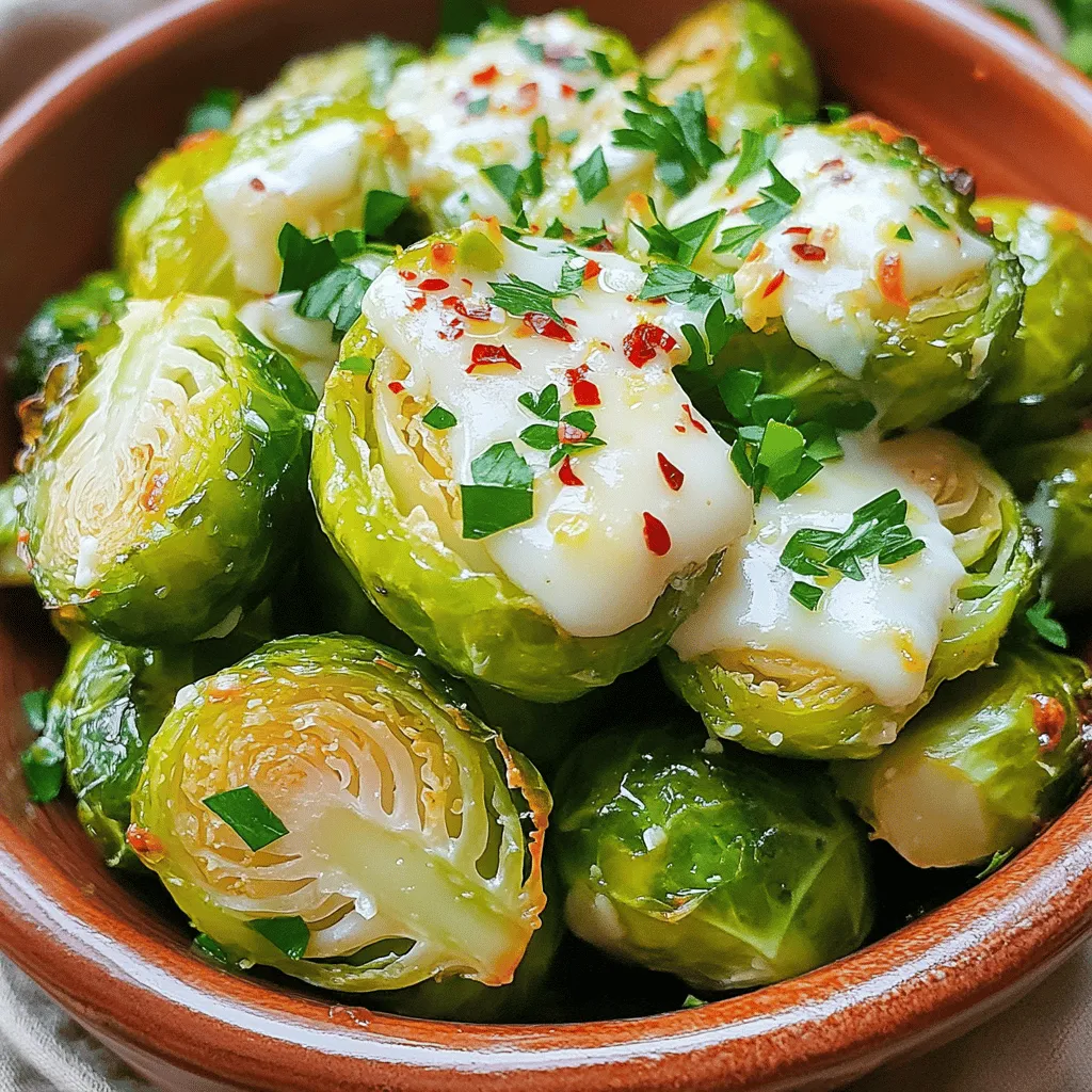 - 1 lb Brussels sprouts, trimmed and halved - 3 tablespoons olive oil - 4 cloves garlic, minced - 1 teaspoon garlic powder - ½ cup grated Parmesan cheese - 1 teaspoon salt - ½ teaspoon black pepper - 1 teaspoon red pepper flakes (optional) - Fresh parsley, chopped (for garnish) Gathering the right ingredients is key. First, I love using fresh Brussels sprouts. Trim them well and cut them in half. This helps them cook evenly. You will need olive oil for a nice golden color. Garlic adds a wonderful flavor. I use both minced garlic and garlic powder for depth. Parmesan cheese gives it a savory touch. Sprinkle it on right after roasting. Salt and black pepper enhance the taste. If you like heat, add red pepper flakes for a kick. Finally, fresh parsley adds color and freshness. - Mixing bowl - Baking sheet - Parchment paper - Chef's knife You’ll need a few tools for this recipe. A mixing bowl is great for combining all the ingredients. A baking sheet helps the Brussels sprouts roast evenly. Using parchment paper makes clean-up easy. A sharp chef's knife is perfect for cutting the sprouts. Having these tools ready will make your cooking smoother and more fun. - Preheat the oven to 400°F (200°C). - Prepare the Brussels sprouts by trimming and halving them. First, let's get our oven ready. Preheating is key for even cooking. While it warms up, take your Brussels sprouts. Trim off the tough ends and slice them in half. This helps them cook evenly. - Combine ingredients in a mixing bowl. - Spread Brussels sprouts on a baking sheet. - Roast and stir halfway. In a large mixing bowl, add the trimmed Brussels sprouts. Pour in 3 tablespoons of olive oil. Then, add 4 cloves of minced garlic, 1 teaspoon of garlic powder, 1 teaspoon of salt, and ½ teaspoon of black pepper. If you like heat, sprinkle in 1 teaspoon of red pepper flakes. Toss everything well. Make sure each sprout gets coated. Now, spread them out in a single layer on a baking sheet lined with parchment paper. Roast them in the oven for 20-25 minutes. Stir the sprouts halfway through cooking. This helps them brown nicely. - Add Parmesan cheese and return to oven. - Garnish before serving. When the Brussels sprouts are golden brown and tender, take them out. Immediately sprinkle ½ cup of grated Parmesan cheese on top. Return the baking sheet to the oven and roast for another 5 minutes. This will melt the cheese and give it a slight crisp. Once done, let them cool for a moment. Finally, transfer your delicious Brussels sprouts to a serving platter. Garnish with fresh parsley for color and flavor before serving. Enjoy this tasty side! To get the best flavor from your Brussels sprouts, an even coat of oil is key. This helps them roast evenly. I use three tablespoons of olive oil. Make sure to toss the sprouts well. It ensures every piece has oil. For a crispy texture, keep the sprouts in a single layer on the baking sheet. If they overlap, they won’t crisp up. Stir them halfway through roasting. This helps them brown nicely. Want to kick up the flavor? Try adding a squeeze of lemon juice after roasting. It brightens the dish. You can also mix in some herbs like thyme or rosemary for added depth. For a fun side, serve these sprouts with a simple yogurt dip. Just mix plain yogurt with garlic and lemon juice. It pairs well with the strong cheese flavor. Plating can make your dish pop! Arrange the Brussels sprouts in a bowl. Drizzle any leftover olive oil from the baking sheet over them. This adds shine and extra flavor. To enhance the look, add a light sprinkle of extra Parmesan on top. Finish with fresh parsley. It adds a nice touch of color and freshness. {{image_2}} You can change the cheese to fit your taste. Try cheddar for a sharp flavor or feta for a tangy twist. If you want to mix it up, use other veggies instead of Brussels sprouts. Cauliflower or green beans can work well too. Each swap adds a new layer to your dish. For a quick method, use an air fryer. It cooks the sprouts fast and keeps them crispy. Set the air fryer to 375°F and cook for about 15 minutes. Shake the basket halfway through for even cooking. If you prefer, try stovetop sautéing. Heat olive oil in a pan, add the sprouts, and cook for around 10-12 minutes. Stir often for the best results. Add fruits or nuts to your sprouts for more texture. Dried cranberries bring sweetness, while walnuts add crunch. You can also try spice blends for unique flavors. A mix of cumin and paprika can give a warm taste. Experiment and find your favorite combo! To keep your Garlic Parmesan Roasted Brussels Sprouts fresh, place them in an airtight container. Make sure they cool down to room temperature before sealing. Store them in the fridge. They will stay good for about 3 to 5 days. When reheating, use the oven for best results. Preheat it to 350°F (175°C). Spread the Brussels sprouts on a baking sheet. Heat for about 10 to 15 minutes. This method helps keep them crispy. Avoid using the microwave, as it can make them soggy. You can freeze leftover Brussels sprouts, but they may lose some texture. First, let them cool completely. Place them in a freezer bag, pushing out as much air as you can. They can last up to 2 months in the freezer. To thaw, place them in the fridge overnight before reheating. This ensures they taste great when you enjoy them again. Can I prepare Garlic Parmesan Roasted Brussels Sprouts ahead of time? Yes, you can prep them ahead. Trim and halve the Brussels sprouts. Toss them with oil and seasoning. Store in the fridge for up to a day. When ready, roast them as usual. This saves time and adds flavor. What to serve with Garlic Parmesan Roasted Brussels Sprouts? These Brussels sprouts pair well with many dishes. Try serving them with roasted chicken or grilled steak. They also complement pasta dishes and can be a tasty side for a holiday meal. Are Brussels sprouts healthy? Yes, Brussels sprouts are very healthy. They are low in calories and high in fiber. They also provide vitamins C and K, which are good for your immune system and bones. Why are my Brussels sprouts bitter? Bitterness can come from overcooking or using old sprouts. Always choose fresh Brussels sprouts and roast them until tender. A sprinkle of salt or a splash of lemon juice can help cut the bitterness. What to do if they aren't crispy? If your Brussels sprouts are not crispy, they may need more oil. Make sure they are in a single layer on the baking sheet. Stir them halfway through roasting. If they still lack crunch, try roasting a bit longer. Caloric content per serving Each serving of Garlic Parmesan Roasted Brussels Sprouts has about 180 calories. Breakdown of macronutrients - Protein: 6g - Carbohydrates: 15g - Fat: 12g In this blog post, we explored how to make Garlic Parmesan Roasted Brussels Sprouts. We covered ingredients, preparation, cooking steps, and tips for the best results. Remember to coat the sprouts well and watch for the golden color. You can customize the dish with different cheeses or vegetables for exciting twists. Freezing and reheating methods ensure your leftovers stay tasty. Now, you have everything you need to create a delicious side dish. Enjoy making these sprouts again and again!