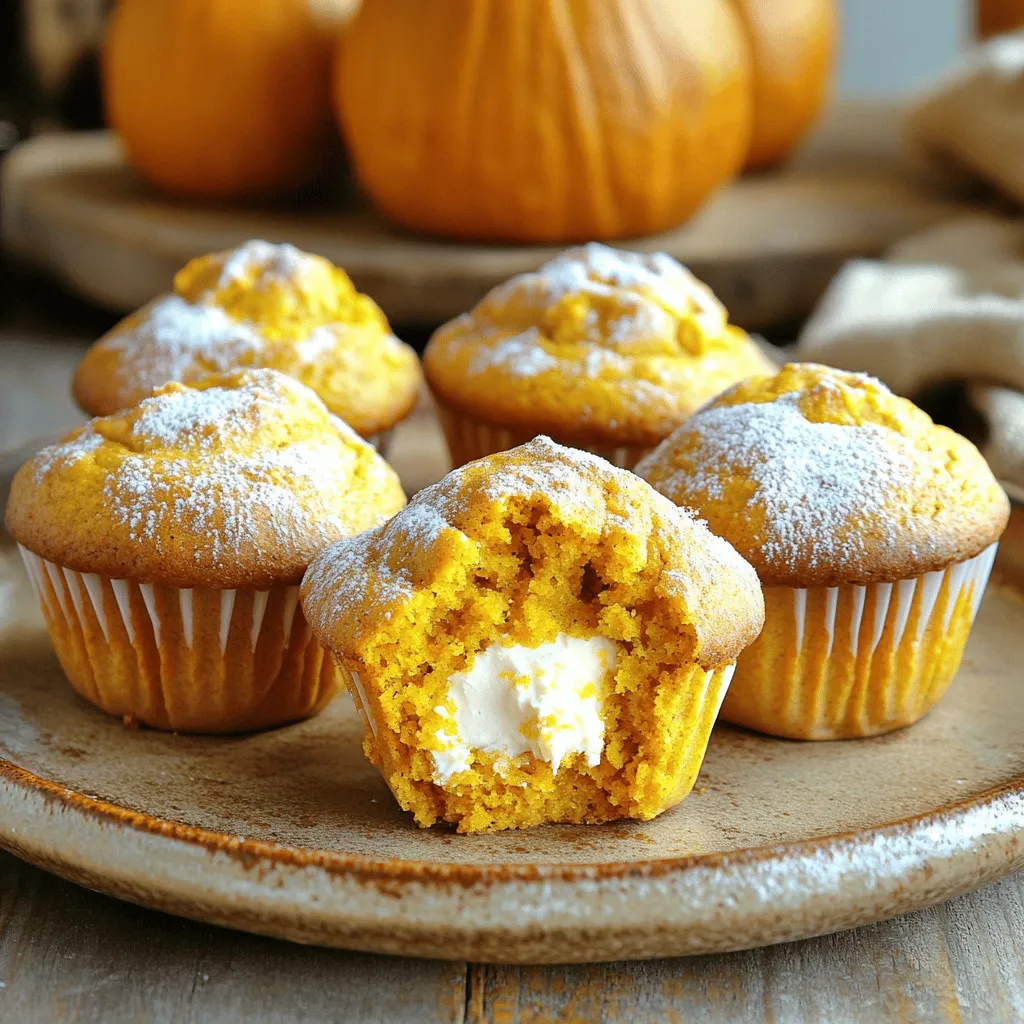 - 1 cup all-purpose flour - 1 cup whole wheat flour - 1 teaspoon baking soda - 1 teaspoon baking powder - 1 teaspoon ground cinnamon - ½ teaspoon ground nutmeg - ½ teaspoon salt - 1 cup pumpkin puree - ½ cup sugar - ½ cup brown sugar - 2 large eggs - ½ cup vegetable oil - 1 teaspoon vanilla extract - 8 oz cream cheese, softened - ¼ cup powdered sugar - 1 teaspoon vanilla extract To create the perfect pumpkin cream cheese muffins, you need a mix of dry and wet ingredients. The dry ingredients include all-purpose flour, whole wheat flour, baking soda, and baking powder to help the muffins rise. Spices, like cinnamon and nutmeg, add warmth and flavor. Salt balances the sweetness and enhances the taste. Next, for the wet ingredients, you will use pumpkin puree, which gives the muffins their rich flavor and moist texture. Two types of sugar, granulated and brown, add sweetness and depth. Eggs bind everything together, while vegetable oil keeps the muffins soft. A splash of vanilla extract rounds out the flavors. For the cream cheese filling, you only need three ingredients. Softened cream cheese creates a smooth base. Powdered sugar adds sweetness, and vanilla extract enhances the filling's flavor. This delightful cream cheese layer makes each muffin special and irresistible. First, preheat your oven to 350°F (175°C). This step warms the oven for even baking. Next, line a muffin tin with paper liners or grease it well to prevent sticking. In a medium bowl, mix together these dry ingredients: - 1 cup all-purpose flour - 1 cup whole wheat flour - 1 teaspoon baking soda - 1 teaspoon baking powder - 1 teaspoon ground cinnamon - ½ teaspoon ground nutmeg - ½ teaspoon salt Whisk everything until well combined. This blend gives your muffins a great base. In a large bowl, blend the wet ingredients: - 1 cup pumpkin puree - ½ cup sugar - ½ cup brown sugar - 2 large eggs - ½ cup vegetable oil - 1 teaspoon vanilla extract Whisk until the mixture is smooth and well blended. The pumpkin adds moistness and flavor. Now, take the dry mix and add it to the wet mix gradually. Stir gently until just combined. It’s okay if there are a few lumps. This keeps your muffins light and fluffy. In a separate bowl, mix together the cream cheese filling: - 8 oz cream cheese, softened - ¼ cup powdered sugar - 1 teaspoon vanilla extract Stir until smooth and creamy. This filling adds a delicious surprise to each muffin. Start by filling each muffin cup halfway with the pumpkin batter. Then, add a teaspoon of cream cheese filling in the center of each muffin. Top with the remaining pumpkin batter, filling each cup about ¾ full. Place the muffin tin in the oven and bake for 20-25 minutes. Check for doneness by inserting a toothpick into the center. If it comes out clean, your muffins are ready! A little cream cheese may stick, but that’s fine. Let them cool in the pan for 5 minutes, then transfer the muffins to a wire rack. Enjoy the delightful aroma as they cool! To bake great muffins, start with the right oven temperature. Set it to 350°F (175°C). This heat ensures even baking. Use an oven thermometer to check if your oven is accurate. Do not over-mix your batter. When you combine dry and wet ingredients, stir just until they blend. It’s okay if a few lumps remain. Over-mixing makes muffins tough. For a lovely presentation, arrange muffins on a decorative plate. Dust them with powdered sugar for a sweet touch. You can serve them warm with a smear of butter or a dollop of cream cheese. This adds richness and enhances the flavor. If your muffins turn out too dry, check your measurements. Make sure you used enough pumpkin puree and oil. Adding a bit more can help. If your muffins are too dense, it may be because of over-mixing. Remember to mix gently. You can also try adding a bit more baking powder for extra lift. {{image_2}} You can easily make gluten-free pumpkin cream cheese muffins. Just swap the all-purpose flour with a gluten-free blend. This gives you a light texture without the gluten. You can also use almond flour or coconut flour. They add a nutty flavor to the muffins. For sweeteners, consider using honey or maple syrup. Both add natural sweetness. They can replace granulated sugar or brown sugar. Adjust the amount to taste since these are sweeter. Want to add more fun to your muffins? Toss in some chocolate chips. They melt and create gooey pockets of chocolate inside. Walnuts or pecans also work well. They add a nice crunch and pair perfectly with pumpkin. You can also play with spices. Try adding ginger or allspice for a warm flavor. A little cardamom gives a unique twist too. These spices boost the flavor profile and make the muffins even more exciting. As fall approaches, why not add cranberries or apples? Dried cranberries offer a tart contrast to the sweet pumpkin. Chop up fresh apples and fold them in for added moisture. They make every bite juicy and fresh. You can even mix in some chopped pecans for a delightful crunch. These seasonal add-ins keep your muffins interesting all year round. To keep your pumpkin cream cheese muffins fresh, store them in an airtight container. Place them in a cool, dry spot. This helps maintain their soft texture and flavor. You can also use a resealable bag. Just make sure to remove as much air as possible before sealing. If you want to keep them longer, consider refrigeration. Freezing muffins is a great way to save some for later. First, let the muffins cool completely. Then, wrap each muffin in plastic wrap. Place them in a freezer-safe bag or container. Label the bag with the date. To thaw, simply take them out and leave them at room temperature for a few hours. If you want a warm muffin, pop it in the microwave for about 15-20 seconds. When stored in an airtight container at room temperature, these muffins last about 3 days. If you keep them in the fridge, they can stay fresh for up to a week. However, I find that they taste best when eaten fresh or within a few days. To make muffins rise well, use fresh baking powder and baking soda. Preheat your oven to 350°F (175°C) to create a hot environment. Mixing the batter gently is key. Over-mixing can lead to dense muffins. It’s best to stir until just combined. You can also fill the muffin cups about three-quarters full, as this allows room for rising. Yes, you can use homemade pumpkin puree! It adds a fresh taste to your muffins. Just make sure to drain any excess water from the puree. Store-bought puree is convenient and consistent, but homemade can have a richer flavor. Both options work well in this recipe, so choose what you prefer! To check if muffins are done, insert a toothpick into the center. If it comes out clean or with a few crumbs, they are ready. A bit of cream cheese may stick, but that’s fine. You can also gently press the top; it should spring back. Lastly, look for a golden-brown color on the top. This blog post covered all the steps needed to make delicious pumpkin muffins. We explored both dry and wet ingredients, the cream cheese filling, and specific baking tips. You can now bake perfect muffins, even adjusting recipes for your taste. Remember to store them well for freshness. With practice, you'll master these muffins and impress everyone. Enjoy your baking journey!