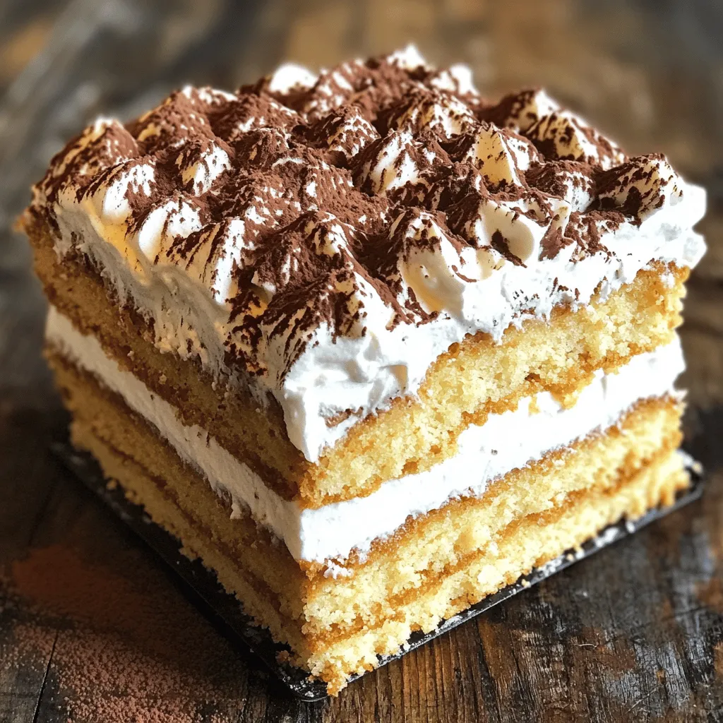 To create a delicious Fluffy Tiramisu Cake, you need specific ingredients. Here is a list of the essentials: - 2 cups all-purpose flour - 1 cup granulated sugar - 1/2 cup unsalted butter, softened - 4 large eggs - 1 cup strong brewed coffee, cooled - 1 teaspoon vanilla extract - 1 teaspoon baking powder - 1/2 teaspoon salt - 1 1/2 cups mascarpone cheese - 1 cup heavy cream - 1/2 cup powdered sugar - Unsweetened cocoa powder (for dusting) - Chocolate shavings (for garnish) These ingredients work together to make a cake that is soft and rich. The mascarpone cheese adds creaminess, while the coffee gives it that classic tiramisu flavor. You can enhance the cake with some fun garnishes. Here are a few ideas: - Fresh berries for a pop of color - Whipped cream on the side - A drizzle of chocolate sauce These additions make the cake look fancy and add extra flavor. Feel free to mix and match as you like! Choosing the right ingredients is key. Here are some tips: - Use fresh eggs for better flavor. - Select high-quality coffee for the best taste. - Look for mascarpone cheese that is creamy and rich. Fresh and quality ingredients help your cake shine. Trust me; it makes a big difference in the final product! For the complete recipe, check out the Full Recipe link. Start by gathering your ingredients. You need flour, sugar, butter, eggs, coffee, and more. First, preheat your oven to 350°F (175°C). Grease two 8-inch round cake pans. Line the bottoms with parchment paper for easy removal. In a large bowl, cream together the softened butter and sugar. Mix until it's light and fluffy. Then, add the eggs one by one. Mix well after each egg. Stir in the vanilla extract to add flavor. In another bowl, combine the flour, baking powder, and salt. Gradually add this mix to the wet ingredients. Alternate with the cooled brewed coffee. Mix until just combined. Now, divide your batter evenly between the two prepared pans. Smooth the tops with a spatula. Place the pans in the preheated oven. Bake for 25 to 30 minutes. Check with a toothpick; it should come out clean when done. After baking, let the cakes cool in the pans for about 10 minutes. Then, transfer them to a wire rack. Allow them to cool completely before you assemble the cake. Once your cakes are cool, it’s time to assemble. Place one cake layer on a serving plate. Spread a generous layer of mascarpone mixture on top. Then, add the second cake layer. Spread the remaining mascarpone mixture over the entire cake. This will give the cake its creamy texture. Next, refrigerate the cake for at least 4 hours. For best results, chill it overnight. Before serving, dust the top with cocoa powder. Garnish with chocolate shavings for a fancy touch. Enjoy your Fluffy Tiramisu Cake! For the complete recipe, refer to the Full Recipe. To create a fluffy tiramisu cake, focus on the mixing process. Start by creaming the butter and sugar until light. This step adds air to the batter. Next, add the eggs one at a time. Mix well after each egg. This ensures the batter stays light. When combining dry and wet ingredients, mix gently. Overmixing will make the cake dense. Finally, use fresh ingredients, especially eggs and baking powder, for the best rise. Many people rush the chilling process. This cake needs time to set. If you cut it too soon, it may fall apart. Another mistake is using warm coffee. Use cooled coffee in your batter. Warm coffee can cook the eggs slightly, ruining the texture. Also, make sure your mascarpone is at room temperature. Cold cheese can create lumps in the cream. Lastly, don’t skip the dusting of cocoa powder. It adds a nice touch and balances the sweetness. Serve the tiramisu cake chilled for the best taste. Pair it with a strong coffee or espresso. This enhances the coffee flavor in the cake. For a fancy touch, add chocolate shavings on top. Use fresh berries as a side. They add color and a tart flavor. You can also drizzle some chocolate sauce for extra sweetness. For a twist, try a scoop of vanilla ice cream alongside. These simple ideas make your dessert even more enjoyable. For the full recipe, refer to the above section. {{image_2}} You can change the flavor of your Tiramisu Cake. Adding chocolate or hazelnut gives it a fresh twist. For a chocolate version, mix cocoa powder into the batter. You can also fold melted chocolate into the mascarpone mix. This adds a rich taste. For hazelnut flavor, use hazelnut coffee for the cake. You can also sprinkle chopped hazelnuts on top for crunch. These variations keep the cake exciting and delicious. If you need a gluten-free option, you can swap all-purpose flour with a gluten-free blend. Many blends work well in cakes. Ensure that the blend you choose is suitable for baking. You may also use almond flour, which adds a nice nutty taste. For those who avoid dairy, use vegan mascarpone or coconut cream. This keeps the cake creamy and rich without the dairy. Make your Tiramisu Cake a show-stopper! Use a cake stand to elevate it. Dust the top with cocoa powder for a classic look. Add chocolate shavings for extra flair. You can also arrange fresh berries around the base. This makes the cake look colorful and inviting. For a festive touch, add edible flowers on top. Your guests will be amazed by how beautiful and tempting it looks. For the full recipe, check out the Fluffy Tiramisu Cake section above. Store your Fluffy Tiramisu Cake in the fridge. Use an airtight container or wrap it tightly in plastic wrap. This keeps the cake fresh and prevents it from drying out. It also helps keep those lovely flavors intact. If you have extra cocoa powder or chocolate shavings, store them separately. They can lose their texture in the fridge. Freezing is a great way to save leftover cake. First, slice the cake into pieces. Wrap each slice in plastic wrap, then place them in a freezer bag. This helps prevent freezer burn. You can keep the slices for up to three months. When you want a slice, take it out and let it thaw in the fridge overnight. The cake stays fresh for about three to four days in the fridge. After that, the quality may drop. The flavors change, and the cake may become soggy. To keep your Tiramisu Cake at its best, eat it within this time frame. If you freeze it, though, you can enjoy it later without losing taste. Yes, you can make Tiramisu Cake ahead of time. In fact, it tastes even better after sitting for a while. I recommend making it at least a day in advance. This gives the flavors time to mix and meld. Just keep it in the fridge until you are ready to serve. This dessert stays fresh for up to three days in the fridge. The best way to serve Tiramisu Cake is cold. After chilling, it holds its shape well. Cut it into slices and place them on dessert plates. You can add a dusting of cocoa powder on top for a nice touch. For extra flair, add chocolate shavings or a fresh berry. This will make the dessert even more inviting. To make your cake layers lighter, you can try a few tricks. First, be sure to whip the egg whites until they are stiff before mixing them in. This helps to add air and lift. Second, gently fold the dry ingredients into the wet mixture. Avoid stirring too hard, as this can deflate your batter. Lastly, consider using cake flour instead of all-purpose flour. This can create a fluffier texture. For the complete guide on how to make this delightful dessert, check out the Full Recipe. In this post, we explored how to make a fluffy tiramisu cake. We discussed essential ingredients, baking steps, and tasty tips. You learned about variations and how to store your cake properly. Remember, choosing quality ingredients and avoiding common mistakes are key to success. With these insights, you can create a delightful dessert that impresses everyone. Enjoy making your tiramisu cake!