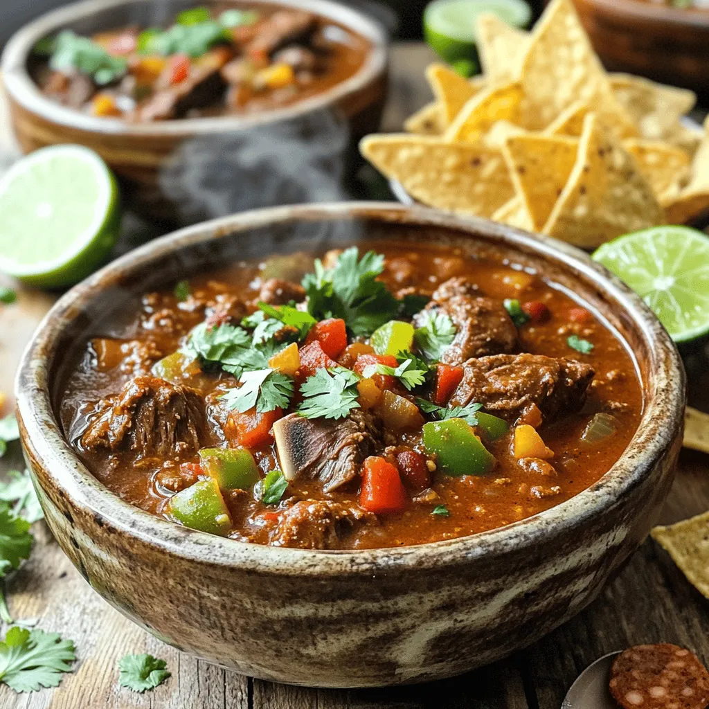 - 2 lbs beef short ribs, butchered into chunks - 1 lb spicy chorizo sausage, casing removed and crumbled - 2 cans (15 oz each) diced tomatoes with green chilies - 2 cups beef broth - 1 large onion, diced - 4 cloves garlic, minced - 2 bell peppers (red and green), diced - 1 cup canned kidney beans, drained and rinsed - 1 cup canned black beans, drained and rinsed - 2 tablespoons chili powder - 1 tablespoon cumin - 1 tablespoon smoked paprika - 1 teaspoon oregano - 1 teaspoon cayenne pepper (optional, for extra heat) - Salt and pepper to taste - 2 tablespoons olive oil - Fresh cilantro for garnish - Lime wedges for serving 1. Searing the beef short ribs: Start by heating 2 tablespoons of olive oil in a large pot over medium-high heat. Once hot, add 2 lbs of beef short ribs. Sear the meat on all sides until nicely browned. This step locks in flavor. After browning, remove the ribs and set them aside. 2. Cooking the chorizo sausage: In the same pot, add 1 lb of spicy chorizo sausage. Break it apart with a wooden spoon. Cook it until it is fully browned. This should take about 5 minutes. Once done, remove it from the pot and set it aside with the beef. 1. Softening the onions and bell peppers: Now, add 1 large diced onion and 2 diced bell peppers (one red, one green) to the pot. Sauté these for about 5 minutes. You want them softened but not mushy. 2. Adding garlic for flavor: After the veggies soften, stir in 4 cloves of minced garlic. Cook for an additional minute. This will make your kitchen smell amazing and build a great base for the chili. 1. Mixing in tomatoes and broth: Return the short ribs and chorizo to the pot. Next, add 2 cans of diced tomatoes with green chilies and 2 cups of beef broth. This mix adds depth to your chili. 2. Long cooking process for flavor development: Stir in 2 tablespoons of chili powder, 1 tablespoon of cumin, 1 tablespoon of smoked paprika, 1 teaspoon of oregano, and optional 1 teaspoon of cayenne pepper for heat. Bring everything to a boil, then lower the heat. Cover and let it simmer for 2 to 3 hours. This helps all the flavors meld together. 3. Final Steps: About 30 minutes before serving, stir in 1 cup of canned kidney beans and 1 cup of canned black beans. Season with salt and pepper to taste. Remove the short ribs, shred the meat, and return it to the pot. Discard any bones. Let it simmer for another 10 to 15 minutes before serving. This simple method guarantees a rich, hearty chili that packs a punch! Best practices for searing meat Searing meat is key for great flavor. First, heat your pot on medium-high. Add olive oil and let it shimmer. Place the short ribs in the pot without crowding them. Sear each side for 3-4 minutes. This builds a brown crust that locks in taste. Don’t rush; let the meat brown fully. How to achieve tender short ribs To get tender short ribs, slow cooking is essential. After searing, return the meat to the pot. Add the broth and spices, then cover and simmer. Cook for 2-3 hours on low heat. This breaks down the tough fibers and makes the meat melt-in-your-mouth tender. Adjusting spice levels to personal preference Chili can be as spicy as you want! Start with the basic spices like chili powder and cumin. Taste it after simmering. If you like heat, add cayenne pepper. For less spice, skip it or reduce the chili powder. You control the heat! Adding fresh ingredients for garnishing Garnishing your chili adds freshness and color. Use chopped cilantro and lime wedges. The lime brings brightness and cuts richness. You can also add diced avocado or sour cream for creaminess. These fresh touches make each bowl more vibrant. Utilizing a pressure cooker for faster results If you’re short on time, a pressure cooker can save you hours. After searing, add all ingredients to the pot. Seal it and cook under high pressure for about 45 minutes. This method tenderizes meat quickly while keeping all the flavors. Preparing ingredients in advance Prep can make cooking easier. Chop your onions, garlic, and peppers ahead of time. You can also brown the meats earlier in the day. Store them in the fridge until you’re ready to cook. This way, when it’s time to make chili, you can just combine everything. {{image_2}} You can switch up the meat in this chili. Instead of beef short ribs, try beef brisket. It has a nice texture and flavor. Ground beef is another option. It cooks faster and gives a different taste. If you want a vegetarian option, use plant-based meats. They mimic the taste and texture of real meat well. You can also add extra beans for protein. This keeps the chili hearty and filling. Feel free to swap out beans or veggies. If you prefer, use pinto beans or chickpeas instead of kidney or black beans. You can also add corn or zucchini for more texture and flavor. Adjust the spices based on your taste. If you like it mild, cut back on the chili powder and cayenne pepper. For a bolder flavor, add more cumin or smoked paprika. This way, you can make the chili your own. To enhance your chili meal, serve it with crusty bread or tortilla chips. These add a fun crunch. You can also top the chili with cheese, sour cream, or diced onions. Chili can be served in many ways. You can ladle it into bowls or serve it over rice. Both styles are delicious and satisfying. To store your leftover chili, let it cool down first. Transfer it to an airtight container. This keeps the chili fresh and tasty. In the fridge, your chili lasts about 3 to 4 days. Make sure you reheat it until it's hot all the way through. Check the smell and look before serving. To freeze your chili, first cool it completely. Then, pour it into freezer-safe bags or containers. Remove as much air as possible. This helps prevent freezer burn. Your chili can last in the freezer for up to 3 months. When you're ready to eat, thaw it in the fridge overnight. Reheat it on the stove or in the microwave until it’s warm. Making a large batch is a great idea. You can enjoy chili for a few days or share with friends. Use your chili in different ways, too. Try it as a filling for tacos or nachos. It can also be served over rice or pasta. This way, you can mix things up and enjoy the same dish in fun new ways. It takes about 3 hours to cook short rib chili. The prep time is around 20 minutes. After that, the chili simmers for 2 to 3 hours. This slow cooking helps the flavors mix well. The meat becomes tender, and you get a rich taste. Yes, you can make this chili in a slow cooker. First, sear the short ribs and chorizo in a pan. This step adds flavor. Next, place everything in the slow cooker. Add the vegetables, tomatoes, broth, and spices. Cook on low for 6 to 8 hours. If you are short on time, you can cook it on high for about 4 hours. This method makes it easy and hands-off. You can serve this chili with many tasty sides. Here are some great options: - Crusty bread for dipping - Tortilla chips for a crunch - Rice for a filling meal - A side salad for freshness These sides complement the chili well and add to your meal. Enjoy the mix of flavors! This blog post explored how to make a delicious short rib and chorizo chili. We covered the main ingredients, including beef, spices, and vegetables. I shared step-by-step instructions on preparing the meat, sautéing vegetables, and simmering everything together. You learned tips for cooking, enhancing flavors, and time-saving ideas. Consider variations and storage methods to enjoy later. With the right techniques, you can make a great chili that suits your taste. Enjoy creating and sharing this hearty dish!