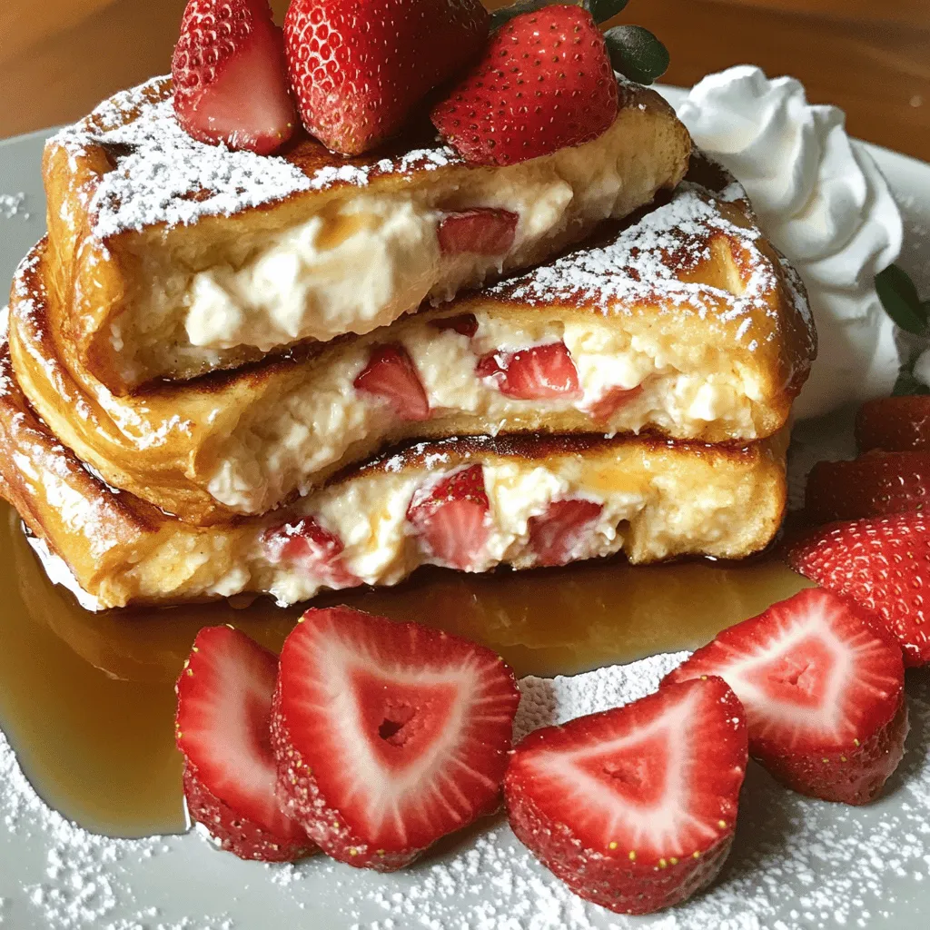 To make this delightful dish, you need the following items: - 8 slices of thick challah or brioche bread - 8 oz cream cheese, softened - 1/2 cup powdered sugar - 1 tsp vanilla extract - 1 cup fresh strawberries, hulled and sliced - 3 large eggs - 1/2 cup whole milk - 1 tsp cinnamon - 1 tbsp butter (for cooking) - Maple syrup (for serving) - Whipped cream (optional, for serving) These ingredients create a rich and creamy filling that pairs perfectly with the soft bread. You can add fun toppings to make your dish unique. Here are some great ideas: - Fresh blueberries or raspberries for a mix of flavors - Crushed graham crackers for a crunchy texture - A dusting of powdered sugar for sweetness - A drizzle of chocolate syrup for extra indulgence Feel free to explore these options to customize your French toast. Having the right tools makes cooking easier. Here’s what you need: - A large skillet or griddle - A medium bowl for mixing - A shallow bowl for the egg mixture - A whisk for blending - A spatula for flipping the toast Using these tools will help you cook the French toast perfectly. First, grab a medium bowl. Add 8 oz of softened cream cheese. Then, add 1/2 cup of powdered sugar and 1 tsp of vanilla extract. Beat these together until smooth and creamy. Be sure to mix well; no lumps should remain. Next, gently fold in 1 cup of hulled and sliced fresh strawberries. This filling is sweet and fruity, perfect for your French toast. Now, take two slices of thick challah or brioche bread. Spread a nice layer of the cheesecake filling on one slice. Don’t be shy; use enough to make it tasty! Place another slice on top to create a sandwich. Repeat this for the remaining slices of bread and filling. You should have four stuffed sandwiches ready to go! In a shallow bowl, whisk together 3 large eggs, 1/2 cup of whole milk, and 1 tsp of cinnamon. This mixture will coat the sandwiches. Next, heat a large skillet over medium heat and melt 1 tbsp of butter. Carefully dip each stuffed sandwich into the egg mixture. Make sure both sides get coated but avoid soaking them. Place the sandwiches in the skillet. Cook them for 2-4 minutes on each side until they turn golden brown. Keep an eye on them; you want them cooked through. Once done, transfer to plates, and drizzle with maple syrup. Add extra strawberries and whipped cream if you like. Enjoy your delicious creation! When making Strawberry Cheesecake Stuffed French Toast, a few mistakes can happen. First, don’t use stale bread. Fresh challah or brioche gives the best taste. Second, avoid overfilling the sandwiches. Too much filling can make them hard to cook. Also, ensure the egg mixture is well mixed. It should blend smoothly without any lumps. Lastly, don’t rush the cooking. Cooking on too high heat can burn the outside and leave the inside cold. To get the perfect texture, use thick slices of bread. This helps hold the filling and gives a nice crunch. Soak the bread in the egg mixture for just a few seconds. You want it coated, but not soggy. Cooking on medium heat allows the bread to brown evenly. Flip the sandwiches gently to keep them intact. If you want a crispy edge, add a little more butter to the pan. You can boost the flavor of your French toast in many ways. Adding a pinch of nutmeg to the egg mixture gives it warmth. You can also mix in some lemon zest into the cream cheese for a fresh twist. For extra sweetness, drizzle honey or maple syrup on top while serving. Fresh mint leaves can add a refreshing note as a garnish. Feel free to get creative with toppings, like crushed graham crackers, for that cheesecake crunch! {{image_2}} You can use various breads for this recipe. I love challah or brioche for their softness. But you can also try sourdough or whole wheat bread. These options add a unique flavor. Each bread gives a different taste and texture. Choose what you like best! Get creative with your filling! You can swap cream cheese for mascarpone for a different twist. Add lemon zest to brighten the flavor. You can even mix in chocolate chips for a sweet touch. Try adding a splash of almond extract for a rich taste. This recipe is flexible, so feel free to experiment! Strawberries are delicious, but other fruits can work too. In spring and summer, try fresh blueberries or raspberries. In fall, sliced apples or pears taste great. You can use frozen fruit in winter if fresh ones aren’t available. Just make sure to thaw and drain them first. This way, your French toast stays tasty and not soggy. After you make your Strawberry Cheesecake Stuffed French Toast, let it cool first. Place the toast on a wire rack. This keeps it from getting soggy. Once cooled, wrap each piece in plastic wrap. Store them in an airtight container in the fridge. They will stay fresh for up to three days. To reheat, you can use a skillet or microwave. For the skillet, heat it on low and add a bit of butter. Place the French toast in the pan for a few minutes on each side. If you prefer the microwave, heat on medium for 20-30 seconds. Check if it's warm enough. You want it hot, not dry. You can also freeze this delicious dish. After cooling, wrap each piece tightly in plastic wrap. Then place the wrapped slices in a freezer bag. They can stay in the freezer for up to two months. When you're ready to eat, thaw in the fridge overnight. Reheat as mentioned above, and enjoy! You can use mascarpone cheese. It has a similar texture and flavor. Greek yogurt is another option. It adds a nice tang and is lower in fat. Just keep in mind that yogurt will make the filling thinner, so adjust the sugar to taste. Yes, you can! Use gluten-free bread instead of challah or brioche. Make sure the bread is thick enough to hold the filling. Check that all other ingredients, like powdered sugar, are gluten-free too. This recipe takes about 15 minutes to prep and 15 minutes to cook. In total, you’ll need around 30 minutes. It’s a quick and delicious meal you can whip up for breakfast or brunch. Yes, you can use frozen strawberries. Just thaw and drain them before mixing into the cream cheese filling. This helps prevent excess moisture. Fresh strawberries do taste better, but frozen ones work in a pinch. Serve the French toast warm, stacked on a plate. Drizzle with maple syrup. Add extra strawberries on top for a pop of color. You can also top it with whipped cream for a special touch. This makes for a beautiful presentation. You now have all the steps for making Strawberry Cheesecake Stuffed French Toast. We covered the main ingredients, cooking tools, and tips for great texture. Variations let you get creative with flavors, and storage tips keep leftovers fresh. Remember, avoid common mistakes to make sure it turns out perfect every time. Enjoy the joy it brings in every bite. This dish is fun to make and share with family or friends. Get in the kitchen and start creating your delicious masterpiece.