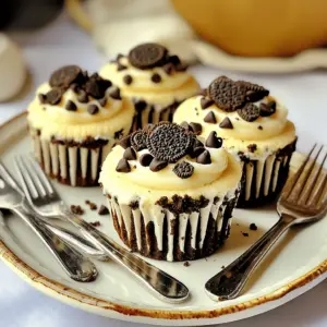 - 1 ½ cups Oreo cookie crumbs (about 20 cookies) - ½ cup unsalted butter, melted - 8 oz cream cheese, softened - ½ cup granulated sugar - 1 teaspoon vanilla extract - 1 large egg - ½ cup mini chocolate chips - Additional crushed Oreos for topping - Mint extract for a minty twist - Peanut butter for a nutty flavor - Other flavored cream cheese for variety - Mixing bowls - Muffin tin - Cooking spray or cupcake liners - Electric mixer or whisk - Spoon or spatula - Measuring cups and spoons - Refrigerator for chilling These ingredients and tools will help you create the best Oreo cheesecake cookie cups. Get your kitchen ready, and let’s dive into this delicious treat! Start by preheating your oven to 350°F (175°C). This step is key for even baking. While the oven warms up, grab your muffin tin. Grease it with cooking spray or use cupcake liners. This keeps the cookie cups from sticking. In a medium bowl, mix 1 ½ cups of Oreo cookie crumbs with ½ cup of melted butter. Stir until it looks like wet sand. This mixture will form the yummy crust. Take about 2 tablespoons of this mix and press it into each muffin cup. Make sure to press down firmly. Bake these cookie crusts for 8 minutes. Let them cool slightly before adding the filling. For the filling, take 8 ounces of softened cream cheese and beat it until smooth. Gradually add in ½ cup of granulated sugar and mix well. Next, add 1 teaspoon of vanilla extract. Then, crack in 1 large egg and mix until creamy. This filling will be rich and delicious! Now, gently fold in ½ cup of mini chocolate chips and some crushed Oreos for extra flavor. Spoon this cheesecake mixture over the cooled cookie crusts. Fill each cup about ¾ full. Return the muffin tin to the oven and bake for 15 to 18 minutes. You want the center to be set but still a bit jiggly. Once baked, take the cookie cups out of the oven and let them cool at room temperature for about 30 minutes. After that, place them in the fridge for at least 2 hours. This chilling time helps them firm up and makes them extra tasty. Before serving, sprinkle some crushed Oreos on top for a fun finish! To get the perfect cookie crust, use fresh Oreo cookie crumbs. Crush the Oreos until they are fine, like sand. Mix the crumbs with melted butter. This mix should hold together when pressed. Use about two tablespoons in each muffin cup. Press it firmly into the bottom for a strong base. Bake for just eight minutes. This gives the crust a nice shape without overcooking. One common mistake is using too much butter. Too much can make the crust greasy. Also, do not skip the cooling step. Let the crust cool slightly before adding the filling. This helps keep the layers separate. Another mistake is overfilling the cups. Fill them about three-quarters full. This leaves room for the cheesecake to rise. Lastly, watch the baking time. If you bake too long, the filling can crack. For serving, place the cookie cups on a colorful platter. You can also add fun mini forks for a cute touch. A scoop of vanilla ice cream on the side makes it extra special. For decoration, sprinkle crushed Oreos on top of each cup. This makes them look even more appealing. You can also drizzle chocolate syrup for a rich finish. Enjoy these treats at parties or family gatherings! {{image_2}} You can change the taste of Oreo cheesecake cookie cups easily. Try using Mint Oreos for a fresh twist. Simply swap out plain Oreos for Mint Oreos in the crust. You can also add a drop of mint extract to the filling for more minty flavor. Peanut butter lovers will enjoy a rich twist. Use peanut butter Oreos instead of regular ones. Mix in a couple of tablespoons of peanut butter into the cheesecake filling. This adds creaminess and a nutty taste. Toppings can take these cookie cups to the next level. Consider adding whipped cream on top for a light touch. You can also use crushed candy bars or sprinkles for extra fun. For a chocolate lover's dream, drizzle some melted chocolate on top. You can also add mini marshmallows for a s'mores vibe. Get creative with what you have at home! If you need gluten-free options, it’s easy to modify the recipe. Use gluten-free Oreo cookies to make the crust. Check the labels to ensure all ingredients are gluten-free. For a dairy-free option, swap cream cheese for vegan cream cheese. You can also use almond milk or coconut milk in the filling for a creamy texture. These easy swaps keep the dessert tasty for everyone. Store the Oreo cheesecake cookie cups in an airtight container. This keeps them fresh. You can keep them in the fridge for up to five days. If you want to enjoy them later, place a layer of parchment paper between each cup. This prevents sticking and makes it easy to grab one when you're ready. To freeze, let the cookie cups cool completely. Then, wrap each cup tightly in plastic wrap. Place them in a freezer-safe bag or container. They can last up to three months in the freezer. When you're ready to eat them, move them to the fridge overnight to thaw. This keeps their texture just right. If you want to warm them, preheat your oven to 350°F (175°C). Place the cookie cups on a baking sheet. Heat for about 5-7 minutes. This helps restore their creamy filling and soft crust. You can also microwave them for about 10-15 seconds, but be careful not to overheat them. Enjoy your treats fresh and tasty! Yes, you can use regular cookies. Try chocolate wafers for a similar taste. You can also use graham crackers for a different flavor profile. Just make sure to crush them well. The texture will be different, but it can still taste great. Watch for the center. It should be set but still slightly jiggly. The edges will look firm, while the middle stays soft. If it looks too wobbly, give it a few more minutes. The goal is a creamy filling that holds its shape. You can get creative with toppings. Here are some great choices: - Crushed Oreos - Mini chocolate chips - Whipped cream - Chocolate drizzle - Caramel sauce These add flavor and a fun look to your dessert. Leftovers last about 3-4 days in the fridge. Place them in an airtight container to keep them fresh. This helps maintain their texture and taste. You can enjoy them cold or let them sit at room temperature before eating. Yes! You can make these cookie cups a day or two in advance. Just store them in the fridge after they cool. They taste even better after chilling, as the flavors blend. Just add toppings before serving for the best look. Making Oreo Cheesecake Cookie Cups is fun and simple. We covered the right ingredients, kitchen tools, and step-by-step instructions to guide you. You learned tips to avoid mistakes and create tasty variations. Storing your cookie cups correctly keeps them fresh longer. Now, enjoy your delicious treats! Share them with friends or save them for later. Baking can be a sweet adventure, and these cookie cups are sure to impress!