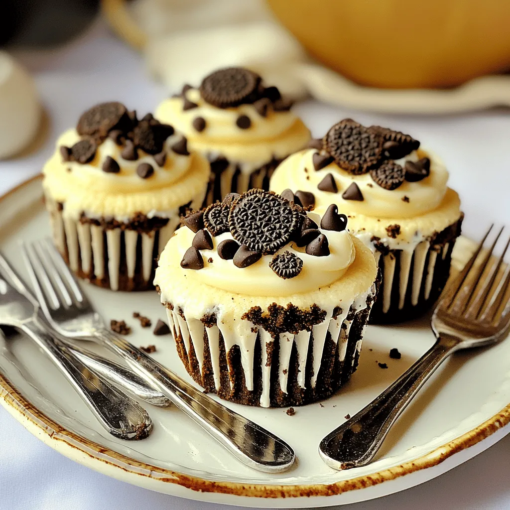 - 1 ½ cups Oreo cookie crumbs (about 20 cookies) - ½ cup unsalted butter, melted - 8 oz cream cheese, softened - ½ cup granulated sugar - 1 teaspoon vanilla extract - 1 large egg - ½ cup mini chocolate chips - Additional crushed Oreos for topping - Mint extract for a minty twist - Peanut butter for a nutty flavor - Other flavored cream cheese for variety - Mixing bowls - Muffin tin - Cooking spray or cupcake liners - Electric mixer or whisk - Spoon or spatula - Measuring cups and spoons - Refrigerator for chilling These ingredients and tools will help you create the best Oreo cheesecake cookie cups. Get your kitchen ready, and let’s dive into this delicious treat! Start by preheating your oven to 350°F (175°C). This step is key for even baking. While the oven warms up, grab your muffin tin. Grease it with cooking spray or use cupcake liners. This keeps the cookie cups from sticking. In a medium bowl, mix 1 ½ cups of Oreo cookie crumbs with ½ cup of melted butter. Stir until it looks like wet sand. This mixture will form the yummy crust. Take about 2 tablespoons of this mix and press it into each muffin cup. Make sure to press down firmly. Bake these cookie crusts for 8 minutes. Let them cool slightly before adding the filling. For the filling, take 8 ounces of softened cream cheese and beat it until smooth. Gradually add in ½ cup of granulated sugar and mix well. Next, add 1 teaspoon of vanilla extract. Then, crack in 1 large egg and mix until creamy. This filling will be rich and delicious! Now, gently fold in ½ cup of mini chocolate chips and some crushed Oreos for extra flavor. Spoon this cheesecake mixture over the cooled cookie crusts. Fill each cup about ¾ full. Return the muffin tin to the oven and bake for 15 to 18 minutes. You want the center to be set but still a bit jiggly. Once baked, take the cookie cups out of the oven and let them cool at room temperature for about 30 minutes. After that, place them in the fridge for at least 2 hours. This chilling time helps them firm up and makes them extra tasty. Before serving, sprinkle some crushed Oreos on top for a fun finish! To get the perfect cookie crust, use fresh Oreo cookie crumbs. Crush the Oreos until they are fine, like sand. Mix the crumbs with melted butter. This mix should hold together when pressed. Use about two tablespoons in each muffin cup. Press it firmly into the bottom for a strong base. Bake for just eight minutes. This gives the crust a nice shape without overcooking. One common mistake is using too much butter. Too much can make the crust greasy. Also, do not skip the cooling step. Let the crust cool slightly before adding the filling. This helps keep the layers separate. Another mistake is overfilling the cups. Fill them about three-quarters full. This leaves room for the cheesecake to rise. Lastly, watch the baking time. If you bake too long, the filling can crack. For serving, place the cookie cups on a colorful platter. You can also add fun mini forks for a cute touch. A scoop of vanilla ice cream on the side makes it extra special. For decoration, sprinkle crushed Oreos on top of each cup. This makes them look even more appealing. You can also drizzle chocolate syrup for a rich finish. Enjoy these treats at parties or family gatherings! {{image_2}} You can change the taste of Oreo cheesecake cookie cups easily. Try using Mint Oreos for a fresh twist. Simply swap out plain Oreos for Mint Oreos in the crust. You can also add a drop of mint extract to the filling for more minty flavor. Peanut butter lovers will enjoy a rich twist. Use peanut butter Oreos instead of regular ones. Mix in a couple of tablespoons of peanut butter into the cheesecake filling. This adds creaminess and a nutty taste. Toppings can take these cookie cups to the next level. Consider adding whipped cream on top for a light touch. You can also use crushed candy bars or sprinkles for extra fun. For a chocolate lover's dream, drizzle some melted chocolate on top. You can also add mini marshmallows for a s'mores vibe. Get creative with what you have at home! If you need gluten-free options, it’s easy to modify the recipe. Use gluten-free Oreo cookies to make the crust. Check the labels to ensure all ingredients are gluten-free. For a dairy-free option, swap cream cheese for vegan cream cheese. You can also use almond milk or coconut milk in the filling for a creamy texture. These easy swaps keep the dessert tasty for everyone. Store the Oreo cheesecake cookie cups in an airtight container. This keeps them fresh. You can keep them in the fridge for up to five days. If you want to enjoy them later, place a layer of parchment paper between each cup. This prevents sticking and makes it easy to grab one when you're ready. To freeze, let the cookie cups cool completely. Then, wrap each cup tightly in plastic wrap. Place them in a freezer-safe bag or container. They can last up to three months in the freezer. When you're ready to eat them, move them to the fridge overnight to thaw. This keeps their texture just right. If you want to warm them, preheat your oven to 350°F (175°C). Place the cookie cups on a baking sheet. Heat for about 5-7 minutes. This helps restore their creamy filling and soft crust. You can also microwave them for about 10-15 seconds, but be careful not to overheat them. Enjoy your treats fresh and tasty! Yes, you can use regular cookies. Try chocolate wafers for a similar taste. You can also use graham crackers for a different flavor profile. Just make sure to crush them well. The texture will be different, but it can still taste great. Watch for the center. It should be set but still slightly jiggly. The edges will look firm, while the middle stays soft. If it looks too wobbly, give it a few more minutes. The goal is a creamy filling that holds its shape. You can get creative with toppings. Here are some great choices: - Crushed Oreos - Mini chocolate chips - Whipped cream - Chocolate drizzle - Caramel sauce These add flavor and a fun look to your dessert. Leftovers last about 3-4 days in the fridge. Place them in an airtight container to keep them fresh. This helps maintain their texture and taste. You can enjoy them cold or let them sit at room temperature before eating. Yes! You can make these cookie cups a day or two in advance. Just store them in the fridge after they cool. They taste even better after chilling, as the flavors blend. Just add toppings before serving for the best look. Making Oreo Cheesecake Cookie Cups is fun and simple. We covered the right ingredients, kitchen tools, and step-by-step instructions to guide you. You learned tips to avoid mistakes and create tasty variations. Storing your cookie cups correctly keeps them fresh longer. Now, enjoy your delicious treats! Share them with friends or save them for later. Baking can be a sweet adventure, and these cookie cups are sure to impress!