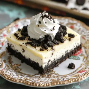 To make No-Bake Oreo Cheesecake Bars, you will need: - 24 Oreo cookies, crushed - 1/4 cup unsalted butter, melted - 16 oz cream cheese, softened - 1/2 cup powdered sugar - 1 teaspoon vanilla extract - 1 cup heavy whipping cream - 12 Oreo cookies, chopped (for filling) - Additional Oreo cookies for topping (optional) These ingredients create a rich and creamy dessert. Each component plays a key role in flavor and texture. If you want to switch some ingredients, here are my top picks: - Oreo cookies: Try chocolate sandwich cookies for a similar taste. - Cream cheese: Use mascarpone for a lighter texture. - Heavy whipping cream: Substitute with coconut cream for a dairy-free option. - Powdered sugar: You can use granulated sugar, but blend it first for a fine texture. These swaps can bring new flavors to your cheesecake bars. Accurate measurements help your dessert turn out perfect. Here are some tips: - Use a kitchen scale for precise weights, especially for cream cheese. - Spoon flour or powdered sugar into measuring cups, then level off with a knife. - Always pack your crushed Oreo cookies lightly. Avoid pressing too hard. These simple steps will ensure your No-Bake Oreo Cheesecake Bars are just right. First, take 24 Oreo cookies and crush them in a medium bowl. You can use a food processor or place them in a bag and smash them with a rolling pin. Next, pour in 1/4 cup of melted unsalted butter. Mix it well until all crumbs are moist. This will help the crust hold together. Now, press the Oreo mixture firmly into the bottom of a 9x9 inch baking pan. Use a flat object, like the bottom of a glass, to compact it tightly. This step creates a sturdy base for your cheesecake bars. In a large bowl, beat 16 ounces of softened cream cheese with an electric mixer. Mix it until it's smooth. Add in 1/2 cup of powdered sugar and 1 teaspoon of vanilla extract. Blend it until everything is well combined. In another bowl, whip 1 cup of heavy whipping cream until stiff peaks form. This means it should hold its shape when you lift the beaters. Gently fold half of the whipped cream into the cream cheese mixture. This lightens the filling. Once combined, fold in the remaining whipped cream until there are no streaks left. Finally, stir in 12 chopped Oreo cookies. This adds extra flavor and texture to your filling. Spread the cream cheese mixture evenly over the Oreo crust. Use a spatula to smooth the top. Cover the pan with plastic wrap and place it in the fridge. Let it chill for at least 4 hours, or until it sets. After chilling, remove it from the fridge. Cut into bars and, if you like, top each bar with crushed Oreos for a nice touch. Enjoy your delicious no-bake Oreo cheesecake bars! To get the best texture for your No-Bake Oreo Cheesecake Bars, start with room temperature cream cheese. Cold cream cheese is hard to mix. Beat it until it is smooth and fluffy. This step makes your filling creamy. When you whip the heavy cream, get stiff peaks. Fold it gently into the cream cheese mixture. This keeps the bars light and airy. Don't overmix; you want to keep that fluffiness. Lastly, let your bars chill for at least four hours. This helps them firm up and makes cutting easier. One common mistake is not crushing the Oreos enough. They should be fine crumbs to form a solid crust. If the crumbs are too big, the crust may fall apart. Another mistake is skipping the chilling time. Without enough time in the fridge, the bars won't set right. Avoid mixing the whipped cream too hard. This can deflate the mixture and ruin the texture. Lastly, don’t forget to line your baking pan. This makes it easy to lift out the bars later. These cheesecake bars are great on their own. For a fun twist, serve them with whipped cream on top. You can also add some fresh berries for color. A sprinkle of crushed Oreos adds a nice touch, too. If you want to impress guests, use decorative plates. A drizzle of chocolate sauce can add flair. These bars also pair well with coffee or milk. Enjoy them chilled for the best taste! {{image_2}} You can easily boost the flavor of these bars. Try adding a splash of almond extract for a nutty twist. You can also mix in lemon juice or zest for a fresh kick. Want something richer? Add a bit of melted chocolate to the filling. These small changes make a big impact on taste. If you need a gluten-free option, swap regular Oreo cookies for gluten-free ones. Many brands offer gluten-free cookies that taste just as good. Make sure to check the labels to ensure they fit your needs. This way, everyone can enjoy these tasty bars without worry. Toppings add fun and flavor. Crushed Oreos on top are classic, but you can get creative! Try drizzling melted chocolate over the bars for a sweet finish. Fresh berries also work well, adding a burst of color and taste. Whipped cream and a sprinkle of nuts can make your bars look fancy too. To keep your No-Bake Oreo Cheesecake Bars fresh, store them in the fridge. Place the bars in an airtight container. If you cover them with plastic wrap, make sure it does not touch the bars. This helps prevent drying out. Enjoy them cold for the best taste and texture. You can freeze these bars for longer storage. First, cut the bars into pieces. Wrap each piece in plastic wrap tightly. Then, place them in a freezer-safe container. They can stay in the freezer for up to three months. When you want to eat them, thaw in the fridge overnight. These cheesecake bars last about five days in the fridge. Look for changes in texture or smell to check if they are bad. If the bars feel dry or hard, it's time to throw them away. Always trust your senses; if they look or smell off, don’t eat them. Yes, you can make these bars a day or two ahead. They need time to chill. Just cover them well with plastic wrap. This helps keep them fresh and tasty. To cut the bars cleanly, use a sharp knife. Dip the knife in warm water first. Wipe it dry between cuts. This helps prevent the filling from sticking. Absolutely! You can use any cookie you like. Graham crackers or chocolate cookies work well. Just crush them the same way as the Oreos. Yes, you can add flavors! Try adding a bit of lemon zest or chocolate. Extracts like almond or mint can also add a nice twist. They need at least four hours to set. I recommend leaving them overnight for the best texture. The longer they chill, the firmer they get. Yes, you can freeze them! Wrap each bar tightly in plastic wrap. Store them in an airtight container. They last up to three months in the freezer. If the filling is runny, it might need more whipping cream. Make sure to whip it until stiff peaks form. This helps the filling firm up. To add more chocolate, mix in cocoa powder with the cream cheese. You can also use chocolate cookie crumbs for the crust. Yes, you can use low-fat cream cheese. Just be aware that the texture may change slightly. It might not be as creamy, but it still tastes great! Crushed Oreos are a classic topping. You can also use chocolate sauce or whipped cream. Fresh berries add a nice touch too! To make No-Bake Oreo Cheesecake Bars, start by gathering your ingredients. You will need 24 crushed Oreo cookies, 1/4 cup melted unsalted butter, 16 oz softened cream cheese, 1/2 cup powdered sugar, 1 teaspoon vanilla extract, 1 cup heavy whipping cream, 12 chopped Oreo cookies, and some extra Oreos for topping if you like. 1. Make the Crust: In a medium bowl, mix the crushed Oreos with melted butter. Make sure the crumbs are well-coated. Press this mixture into the bottom of a 9x9 inch baking pan. Use a flat object to pack it tightly. 2. Prepare the Filling: In a large bowl, beat the softened cream cheese until it's smooth. Add the powdered sugar and vanilla extract, mixing until well combined. 3. Whip the Cream: In a separate bowl, whip the heavy cream until stiff peaks form. Gently fold half of it into the cream cheese mixture. This makes it light. Then, fold in the rest of the whipped cream until no streaks are visible. 4. Combine and Spread: Stir in the chopped Oreo cookies. Spread this filling over the crust. Use a spatula to smooth the top. 5. Chill: Cover the pan with plastic wrap. Refrigerate for at least 4 hours, or until the bars are set. 6. Serve: Cut into bars and top with more crushed Oreos if desired. Serve on a decorative plate with a dollop of whipped cream. Each serving of these cheesecake bars is rich and satisfying. They are best enjoyed chilled, making them perfect for hot days. Serve them with a side of fresh berries or a drizzle of chocolate sauce for extra flair. - Serving Size: 1 bar - Calories: Approximately 350 calories - Fat: 25g - Carbohydrates: 30g - Protein: 5g Feel free to share these bars at parties or family gatherings. They are a crowd-pleaser! In this post, we covered how to make no-bake Oreo cheesecake bars. We shared the full list of ingredients, including key substitutions and measurement tips. You learned how to prepare the crust, make the filling, and assemble your bars. I provided tips for a perfect texture and avoided common mistakes. You also discovered variations and storage info to keep your dessert fresh. Now, you’re ready to impress with this easy treat. Happy baking!