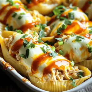 To make creamy buffalo chicken stuffed shells, gather these key items: - 12 jumbo pasta shells - 2 cups shredded cooked chicken - 1 cup cream cheese, softened - 1 cup buffalo sauce (adjust to taste) - 1 cup shredded mozzarella cheese - 1/2 cup ricotta cheese - 1/4 cup green onions, chopped - 1 teaspoon garlic powder - 1 teaspoon onion powder - Salt and pepper to taste - Fresh parsley, for garnish These ingredients blend together to create a rich and spicy filling that packs a punch. If you need to swap some ingredients, here are a few ideas: - Chicken: You can use shredded turkey or a plant-based protein. - Cream Cheese: A dairy-free cream cheese works well for a vegan option. - Buffalo Sauce: Try a homemade sauce or a milder hot sauce if you prefer less heat. - Mozzarella Cheese: Substitute with any melty cheese, such as cheddar or Monterey Jack. - Ricotta Cheese: Cottage cheese can be a great alternative for a lighter touch. These substitutions will still keep your dish flavorful and enjoyable. Each serving of creamy buffalo chicken stuffed shells has essential nutrients. Here’s a rough breakdown: - Calories: 400-500 - Protein: 30g - Fat: 25g - Carbohydrates: 30g - Fiber: 2g - Sodium: Varies based on sauce Remember, these values may change based on the specific brands and portions you use. Enjoy this dish knowing it’s not just tasty but also offers good energy! First, you need to cook the pasta shells. Start by boiling a large pot of salted water. Once it reaches a boil, add 12 jumbo pasta shells. Cook them until they are al dente, as shown on the package. This usually takes about 8-10 minutes. After cooking, drain the shells gently and set them aside to cool. This makes them easier to handle later. Next, let’s create the creamy filling. In a mixing bowl, combine 2 cups of shredded cooked chicken with 1 cup of softened cream cheese. Then, add 1 cup of buffalo sauce. You can adjust the buffalo sauce based on how spicy you want it! Mix in 1/2 cup of ricotta cheese, half of the mozzarella cheese (which is 1/2 cup), and 1/4 cup of chopped green onions. Don’t forget to add 1 teaspoon of garlic powder and 1 teaspoon of onion powder. Season with salt and pepper. Stir until everything is well blended and creamy. Now comes the fun part: stuffing the shells! Take a spoon or a piping bag and carefully fill each cooked shell with the buffalo chicken mixture. Be generous, but don’t overfill. Next, prepare your baking dish. Spread a thin layer of buffalo sauce on the bottom to keep the shells from sticking. Arrange the stuffed shells seam side up in the dish. Pour any extra buffalo sauce over the top and sprinkle with the remaining mozzarella cheese. Bake the dish in a preheated oven at 375°F (190°C). Cover it with aluminum foil and bake for 20 minutes. After that, remove the foil and bake for an additional 10 minutes. The cheese should be bubbly and golden. Once done, let the shells cool slightly. You can then garnish them with fresh parsley and more green onions if you like. Enjoy your creamy buffalo chicken stuffed shells! To cook pasta shells, start with a big pot of salted water. Bring it to a boil. This helps the shells not stick. Once boiling, add the jumbo shells. Cook them until they are al dente. This usually takes about 10 minutes. Stir them gently to avoid sticking. After cooking, drain the shells and rinse them under cold water. This stops the cooking process. Set them aside on a clean towel to dry. The spice level of your stuffed shells depends on the buffalo sauce. If you like it hot, use more sauce. For a milder taste, use less. You can also mix in some ranch dressing. This adds creaminess and tones down the heat. Another fun idea is to add diced jalapeños to the filling. This gives an extra kick without being too spicy. Using the right tools makes cooking easier. Here are some must-haves for this recipe: - Large pot: For boiling the pasta shells. - Mixing bowl: To blend the filling ingredients. - Piping bag: To stuff the shells neatly. - Baking dish: A large one to hold all the shells. - Aluminum foil: To cover the dish while baking. Having these tools will help you create delicious stuffed shells with ease. {{image_2}} You can easily make these stuffed shells without chicken. Use cooked lentils or black beans instead. These options give a hearty texture and add protein. You can also try using sautéed mushrooms and spinach for more flavor. Both ideas create a creamy, satisfying dish that everyone will enjoy. Keep the buffalo sauce and cream cheese in the filling for that classic taste. Want to change up the flavors? You can add chopped bell peppers or jalapeños for a kick. Mix in some ranch seasoning for a creamy twist. If you love cheese, try adding cheddar or pepper jack for extra richness. You can also replace half of the buffalo sauce with barbecue sauce for a sweet and spicy mix. Each variation adds a new layer of flavor to the dish. Serve these stuffed shells with a fresh salad or garlic bread. A simple green salad with a light vinaigrette balances the rich flavors. You can also pair the shells with extra buffalo sauce or ranch dressing for dipping. If you want a creamy side, try serving coleslaw. It adds a crunch and pairs well with the spicy shells. These sides will make your meal complete and delightful. After you enjoy your creamy buffalo chicken stuffed shells, store any leftovers. Place them in an airtight container. Make sure to let them cool down first. Keep them in the fridge for up to three days. This helps keep the flavors fresh and tasty. When you are ready to eat the leftovers, you can reheat them easily. Preheat your oven to 350°F (175°C). Place the stuffed shells in a baking dish. If they seem dry, add a splash of buffalo sauce or water. Cover the dish with foil to keep moisture in. Bake for about 20 minutes. You can also use a microwave. Heat them on medium power for about three to four minutes. Check to ensure they are warm all the way through. If you want to save some for later, freezing works well. First, let the stuffed shells cool completely. Then, place them in a freezer-safe container. I recommend using a layer of parchment paper between layers. This helps prevent sticking. You can freeze them for up to three months. When you’re ready to eat, thaw them in the fridge overnight. Reheat as mentioned earlier for a delicious meal. Yes, you can prepare the stuffed shells a day ahead. After you stuff the shells, place them in the baking dish. Cover the dish with plastic wrap and refrigerate. When you're ready to bake, remove the wrap and bake as directed. This saves time and makes dinner easy. If you want a milder flavor, you can use barbecue sauce instead. For a different kick, try sriracha or a sweet chili sauce. You can also mix hot sauce with ranch dressing for a creamy twist. Adjust the amount to suit your taste. To keep the shells from sticking, follow these tips: - Cook the shells in salted boiling water and stir gently. - Drain them well and rinse with cold water to stop cooking. - Spread a thin layer of buffalo sauce in the baking dish before placing the shells in it. These steps help ensure each shell stays separate and ready to enjoy. This guide covers making delicious stuffed pasta shells from start to finish. You learned about the ingredients, how to cook the shells, and create a creamy filling. I shared tips for perfecting your dish and offered variations for different diets. Storing leftovers and reheating is easy with my tips. In the end, stuffed shells are tasty and easy to love. Enjoy trying out your new skills!