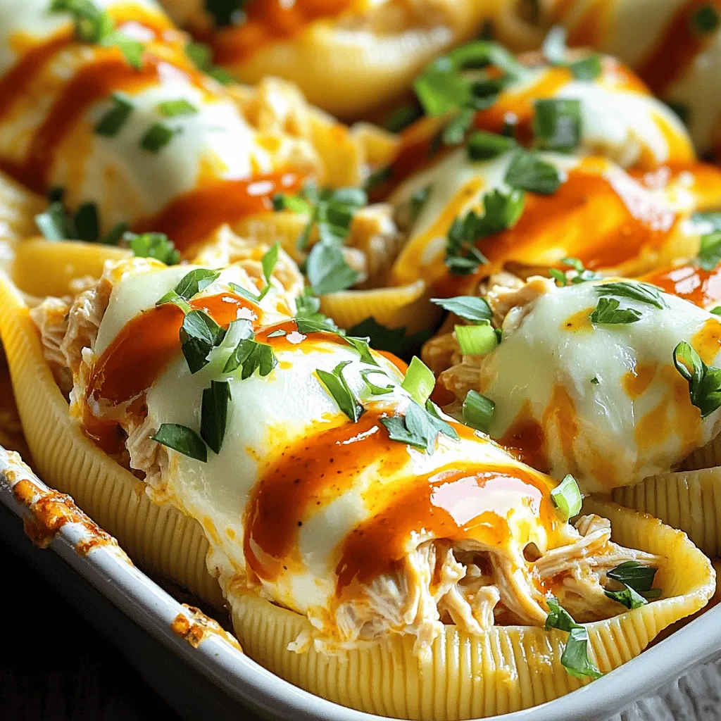 To make creamy buffalo chicken stuffed shells, gather these key items: - 12 jumbo pasta shells - 2 cups shredded cooked chicken - 1 cup cream cheese, softened - 1 cup buffalo sauce (adjust to taste) - 1 cup shredded mozzarella cheese - 1/2 cup ricotta cheese - 1/4 cup green onions, chopped - 1 teaspoon garlic powder - 1 teaspoon onion powder - Salt and pepper to taste - Fresh parsley, for garnish These ingredients blend together to create a rich and spicy filling that packs a punch. If you need to swap some ingredients, here are a few ideas: - Chicken: You can use shredded turkey or a plant-based protein. - Cream Cheese: A dairy-free cream cheese works well for a vegan option. - Buffalo Sauce: Try a homemade sauce or a milder hot sauce if you prefer less heat. - Mozzarella Cheese: Substitute with any melty cheese, such as cheddar or Monterey Jack. - Ricotta Cheese: Cottage cheese can be a great alternative for a lighter touch. These substitutions will still keep your dish flavorful and enjoyable. Each serving of creamy buffalo chicken stuffed shells has essential nutrients. Here’s a rough breakdown: - Calories: 400-500 - Protein: 30g - Fat: 25g - Carbohydrates: 30g - Fiber: 2g - Sodium: Varies based on sauce Remember, these values may change based on the specific brands and portions you use. Enjoy this dish knowing it’s not just tasty but also offers good energy! First, you need to cook the pasta shells. Start by boiling a large pot of salted water. Once it reaches a boil, add 12 jumbo pasta shells. Cook them until they are al dente, as shown on the package. This usually takes about 8-10 minutes. After cooking, drain the shells gently and set them aside to cool. This makes them easier to handle later. Next, let’s create the creamy filling. In a mixing bowl, combine 2 cups of shredded cooked chicken with 1 cup of softened cream cheese. Then, add 1 cup of buffalo sauce. You can adjust the buffalo sauce based on how spicy you want it! Mix in 1/2 cup of ricotta cheese, half of the mozzarella cheese (which is 1/2 cup), and 1/4 cup of chopped green onions. Don’t forget to add 1 teaspoon of garlic powder and 1 teaspoon of onion powder. Season with salt and pepper. Stir until everything is well blended and creamy. Now comes the fun part: stuffing the shells! Take a spoon or a piping bag and carefully fill each cooked shell with the buffalo chicken mixture. Be generous, but don’t overfill. Next, prepare your baking dish. Spread a thin layer of buffalo sauce on the bottom to keep the shells from sticking. Arrange the stuffed shells seam side up in the dish. Pour any extra buffalo sauce over the top and sprinkle with the remaining mozzarella cheese. Bake the dish in a preheated oven at 375°F (190°C). Cover it with aluminum foil and bake for 20 minutes. After that, remove the foil and bake for an additional 10 minutes. The cheese should be bubbly and golden. Once done, let the shells cool slightly. You can then garnish them with fresh parsley and more green onions if you like. Enjoy your creamy buffalo chicken stuffed shells! To cook pasta shells, start with a big pot of salted water. Bring it to a boil. This helps the shells not stick. Once boiling, add the jumbo shells. Cook them until they are al dente. This usually takes about 10 minutes. Stir them gently to avoid sticking. After cooking, drain the shells and rinse them under cold water. This stops the cooking process. Set them aside on a clean towel to dry. The spice level of your stuffed shells depends on the buffalo sauce. If you like it hot, use more sauce. For a milder taste, use less. You can also mix in some ranch dressing. This adds creaminess and tones down the heat. Another fun idea is to add diced jalapeños to the filling. This gives an extra kick without being too spicy. Using the right tools makes cooking easier. Here are some must-haves for this recipe: - Large pot: For boiling the pasta shells. - Mixing bowl: To blend the filling ingredients. - Piping bag: To stuff the shells neatly. - Baking dish: A large one to hold all the shells. - Aluminum foil: To cover the dish while baking. Having these tools will help you create delicious stuffed shells with ease. {{image_2}} You can easily make these stuffed shells without chicken. Use cooked lentils or black beans instead. These options give a hearty texture and add protein. You can also try using sautéed mushrooms and spinach for more flavor. Both ideas create a creamy, satisfying dish that everyone will enjoy. Keep the buffalo sauce and cream cheese in the filling for that classic taste. Want to change up the flavors? You can add chopped bell peppers or jalapeños for a kick. Mix in some ranch seasoning for a creamy twist. If you love cheese, try adding cheddar or pepper jack for extra richness. You can also replace half of the buffalo sauce with barbecue sauce for a sweet and spicy mix. Each variation adds a new layer of flavor to the dish. Serve these stuffed shells with a fresh salad or garlic bread. A simple green salad with a light vinaigrette balances the rich flavors. You can also pair the shells with extra buffalo sauce or ranch dressing for dipping. If you want a creamy side, try serving coleslaw. It adds a crunch and pairs well with the spicy shells. These sides will make your meal complete and delightful. After you enjoy your creamy buffalo chicken stuffed shells, store any leftovers. Place them in an airtight container. Make sure to let them cool down first. Keep them in the fridge for up to three days. This helps keep the flavors fresh and tasty. When you are ready to eat the leftovers, you can reheat them easily. Preheat your oven to 350°F (175°C). Place the stuffed shells in a baking dish. If they seem dry, add a splash of buffalo sauce or water. Cover the dish with foil to keep moisture in. Bake for about 20 minutes. You can also use a microwave. Heat them on medium power for about three to four minutes. Check to ensure they are warm all the way through. If you want to save some for later, freezing works well. First, let the stuffed shells cool completely. Then, place them in a freezer-safe container. I recommend using a layer of parchment paper between layers. This helps prevent sticking. You can freeze them for up to three months. When you’re ready to eat, thaw them in the fridge overnight. Reheat as mentioned earlier for a delicious meal. Yes, you can prepare the stuffed shells a day ahead. After you stuff the shells, place them in the baking dish. Cover the dish with plastic wrap and refrigerate. When you're ready to bake, remove the wrap and bake as directed. This saves time and makes dinner easy. If you want a milder flavor, you can use barbecue sauce instead. For a different kick, try sriracha or a sweet chili sauce. You can also mix hot sauce with ranch dressing for a creamy twist. Adjust the amount to suit your taste. To keep the shells from sticking, follow these tips: - Cook the shells in salted boiling water and stir gently. - Drain them well and rinse with cold water to stop cooking. - Spread a thin layer of buffalo sauce in the baking dish before placing the shells in it. These steps help ensure each shell stays separate and ready to enjoy. This guide covers making delicious stuffed pasta shells from start to finish. You learned about the ingredients, how to cook the shells, and create a creamy filling. I shared tips for perfecting your dish and offered variations for different diets. Storing leftovers and reheating is easy with my tips. In the end, stuffed shells are tasty and easy to love. Enjoy trying out your new skills!