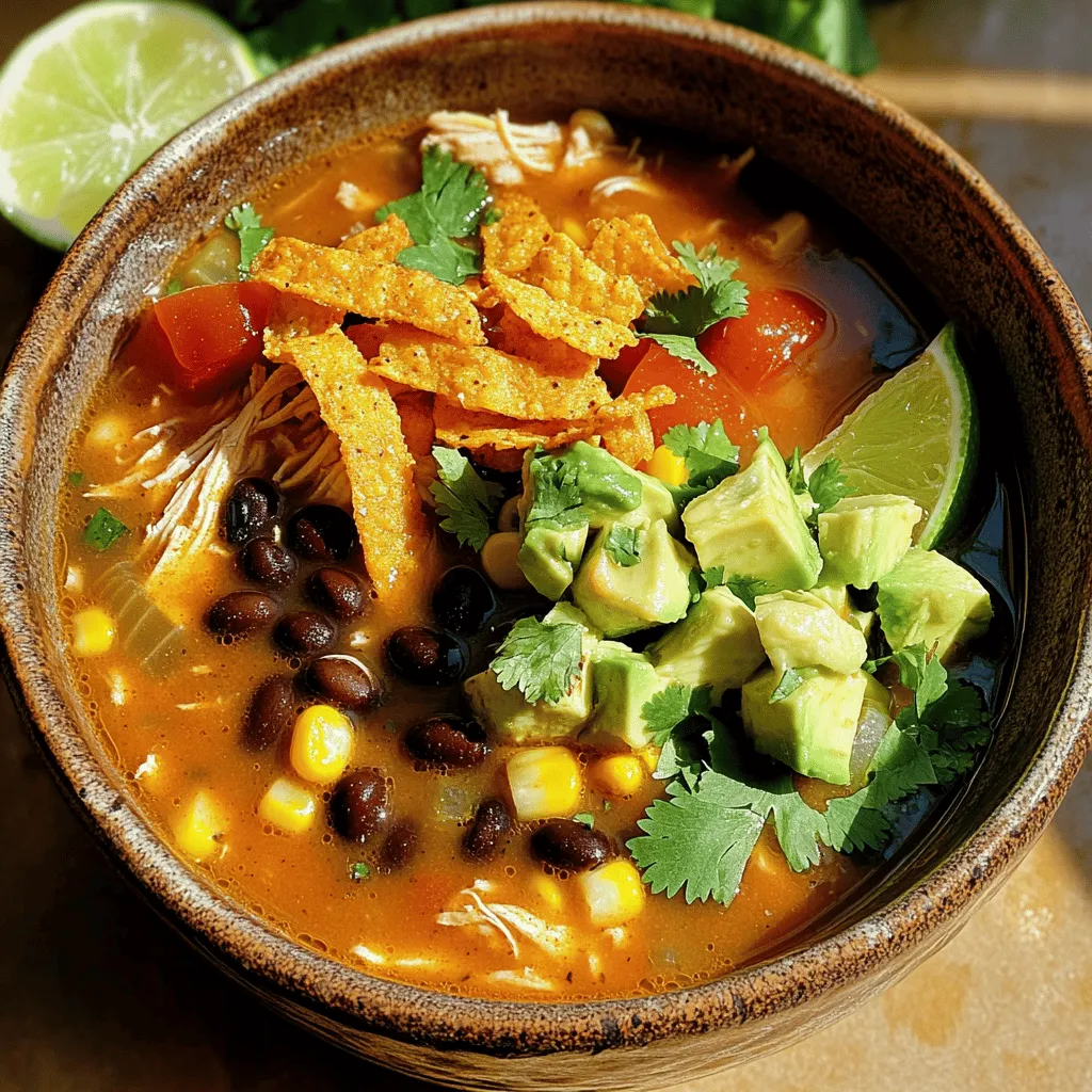 - 1 lb boneless, skinless chicken breasts - 1 can (14.5 oz) diced tomatoes with green chilies - 1 can (15 oz) black beans, rinsed and drained - 1 cup corn kernels (fresh or frozen) - 1 small onion, diced - 3 cloves garlic, minced - 4 cups chicken broth - 1 tablespoon taco seasoning - 1 tablespoon olive oil - Salt and pepper to taste These ingredients form the heart of the soup. The chicken gives it protein and a hearty bite. Diced tomatoes with green chilies add a nice kick. Black beans provide fiber. Corn adds sweetness and texture. Onion and garlic build a strong base of flavor. Chicken broth brings it all together into a warm, comforting soup. - Tortilla strips for garnish - Fresh cilantro, chopped, for garnish - Avocado, diced, for garnish - Lime wedges for serving Garnishes make the soup even better. Tortilla strips add crunch. Chopped cilantro gives a fresh taste. Diced avocado adds creaminess. A squeeze of lime juice brightens every bite. Feel free to get creative with your toppings! If you don’t have chicken, try using turkey or tofu. For a vegetarian option, skip the meat and use vegetable broth. You can swap black beans for pinto beans or kidney beans. Fresh corn can be replaced with canned corn if needed. Adjust seasonings based on what you have. Cooking is all about making it work for you! Start by turning the Instant Pot to the 'Sauté' setting. Add one tablespoon of olive oil. When the oil is hot, toss in one small diced onion. Stir the onion until it turns soft and clear, about 3 to 4 minutes. Then, add three minced garlic cloves. Cook for another 30 seconds, letting the smell fill your kitchen. Next, season one pound of boneless, skinless chicken breasts. Use salt, pepper, and one tablespoon of taco seasoning. Place the chicken in the pot and brown it for about 2 to 3 minutes on each side. This step gives your soup a deeper flavor. Now, gather the remaining ingredients. Pour in one can of diced tomatoes with green chilies. Add one can of black beans that you rinsed and drained. Include one cup of corn kernels, fresh or frozen, and four cups of chicken broth. Stir everything together until well mixed. Close the Instant Pot lid tightly. Make sure the pressure valve is set to sealing. Select 'Manual' or 'Pressure Cook' and set the timer for 10 minutes. The pot will take a few minutes to build pressure before cooking starts. When the cooking time is up, perform a quick release of the pressure. Open the lid carefully. Use two forks to shred the chicken right in the pot. Stir everything well. Adjust the taste with more salt and pepper if needed. Ladle the soup into bowls. Top each serving with tortilla strips, chopped cilantro, and diced avocado. Squeeze fresh lime juice over the soup for a bright finish. Enjoy your warm and tasty chicken tortilla soup! To boost flavor, start with fresh herbs. Cilantro adds a bright taste. Use good chicken broth, as it sets the soup's base. Toast taco seasoning in the pot before adding other ingredients. This step wakes up the spices. You can also add a squeeze of lime for a fresh twist. One common mistake is overcooking the chicken. Set the timer for 10 minutes and let the pot do its job. Do not skip the sauté step. It builds flavor right from the start. Lastly, remember to adjust the seasoning after cooking. Taste the soup and add more salt or pepper if needed. Start with mild taco seasoning if you prefer less heat. You can always add more later. To make the soup thicker, mash some black beans in the pot. This adds creaminess without extra calories. For a thinner soup, add more chicken broth until you reach your desired texture. {{image_2}} You can easily switch to a vegetarian or vegan version. For this, I recommend using vegetable broth instead of chicken broth. Replace the chicken with extra beans or lentils for protein. You can use mushrooms for a meaty texture. Add more veggies like zucchini or bell peppers. This way, you keep the soup hearty and tasty. If you love spice, add jalapeños or serrano peppers. You can toss in a few chopped peppers when you sauté the onion. For even more heat, use spicy taco seasoning. You could also add a splash of hot sauce before serving. This brings a nice kick and makes your soup exciting. Boost the soup’s nutrition by adding kale or spinach. Toss in a cup during the last few minutes of cooking. You can also add quinoa or brown rice for fiber. These grains will make the soup more filling. If you want, sprinkle in some chia seeds after cooking for added omega-3s. These small changes make your soup not just yummy, but also good for you. Once you finish your meal, let the soup cool. I like using airtight containers for storage. This keeps the flavor and freshness intact. Store it in the fridge for up to three days. If you see any mold or bad smell, throw it away. Always check before you eat. When you're ready to enjoy the leftovers, heat them in the microwave or on the stove. If you choose the microwave, use a microwave-safe bowl. Heat it for 1-2 minutes, stirring halfway through. On the stove, pour it into a pot over medium heat. Stir often until it's hot. You might want to add a splash of broth or water to loosen it up. Freezing is a great option if you want to save some soup for later. Pour the cooled soup into freezer bags. Make sure to leave some space at the top for expansion. Seal the bags tightly and label them with the date. You can freeze it for up to three months. When you want to eat it, thaw it in the fridge overnight. Then, reheat it as mentioned above. Enjoy your tasty meal anytime! You can use cooked beans or tofu. Both options add protein and flavor. If you want a meaty taste, try shredded beef or pork. Just adjust the cooking time based on what you use. Yes, you can! Brown the chicken and onion in a pan first. Then, add everything to the slow cooker. Cook on low for 6-8 hours or high for 3-4 hours. The flavors will still shine! To thicken the soup, you have a few options. You can blend part of the soup with an immersion blender. Another option is to add a cornstarch slurry. Mix one tablespoon of cornstarch with two tablespoons of water. Stir it in and let it cook for a few minutes. Toppings can really elevate your soup! I love using tortilla strips for crunch. Fresh cilantro adds a nice flavor. Diced avocado gives creaminess, and lime juice adds brightness. You can also add cheese or sour cream for extra richness. Cooking chicken in the Instant Pot takes about 10 minutes under pressure. Make sure to allow time for the pot to build pressure. You can have tender, juicy chicken in no time! This blog post covered everything you need for making tasty Instant Pot Chicken Tortilla Soup. We looked at key ingredients, step-by-step cooking, and tips for great flavor. I shared variations for different diets and storage tips for easy meal prep. In the end, this soup is versatile and easy. You can enjoy it your way. So grab your Instant Pot, and start cooking!