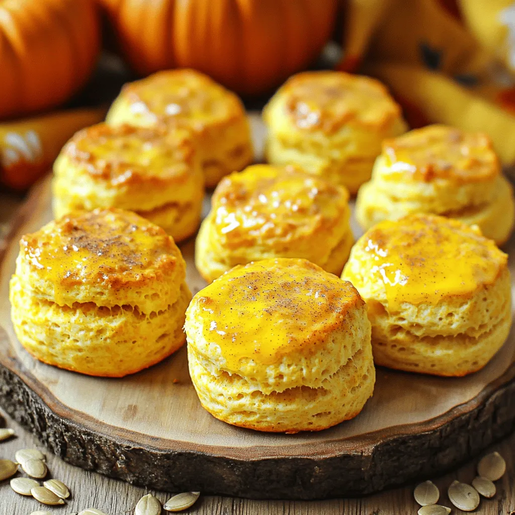 To make fluffy pumpkin biscuits, gather these simple ingredients: - 2 cups all-purpose flour - 1 tablespoon baking powder - 1/2 teaspoon baking soda - 1/2 teaspoon salt - 1 teaspoon ground cinnamon - 1/2 teaspoon ground ginger - 1/4 teaspoon ground nutmeg - 1/4 cup cold unsalted butter, cubed - 3/4 cup pumpkin puree (canned or freshly made) - 1/4 cup milk - 2 tablespoons honey or maple syrup - 1 egg, lightly beaten (for egg wash) You can change some ingredients if needed. For a gluten-free option, use a gluten-free flour blend. If you don’t have pumpkin puree, you can use sweet potato puree. For dairy-free biscuits, replace the milk with almond milk or oat milk. You can also swap honey with agave syrup for a vegan version. Use dry measuring cups for flour. Spoon the flour into the cup, then level it off with a knife. This gives you the right amount. For liquids, use a clear measuring cup with marks. Always check at eye level for an accurate measurement. If you use cold butter, it helps the biscuits rise well. Cut it into small cubes for easy mixing. First, set your oven to 425°F (220°C). This step ensures your biscuits bake perfectly. Line a baking sheet with parchment paper. This keeps the biscuits from sticking. In a large bowl, whisk together: - 2 cups all-purpose flour - 1 tablespoon baking powder - 1/2 teaspoon baking soda - 1/2 teaspoon salt - 1 teaspoon ground cinnamon - 1/2 teaspoon ground ginger - 1/4 teaspoon ground nutmeg Mix until everything is well combined. Next, add 1/4 cup of cold, cubed unsalted butter. Use your fingers or a pastry cutter to mix until you see coarse crumbs. In another bowl, combine: - 3/4 cup pumpkin puree - 1/4 cup milk - 2 tablespoons honey or maple syrup Stir this mixture until it’s smooth. Then pour it into the flour mix. Stir gently but do not over-mix. It’s fine if a few lumps remain. Now it’s time to shape your biscuits. Transfer the dough onto a lightly floured surface. Pat it down gently to form a rectangle about 1 inch thick. Use a biscuit cutter or a floured glass to cut out biscuits. Place them on the prepared baking sheet with about an inch apart. Gather any scraps and shape more biscuits until all the dough is used. Before baking, brush the tops of the biscuits with a lightly beaten egg. This will give them a lovely golden color. Place the baking sheet in the oven and bake for 12-15 minutes. Keep an eye on them! They should turn golden brown and a toothpick should come out clean when inserted. Once done, remove them from the oven. Let the biscuits cool slightly on a wire rack before enjoying. To get fluffy pumpkin biscuits, use cold butter. Cold butter helps create layers. When you mix it in, stop when it looks like crumbs. Over-mixing will make them tough. Also, handle the dough gently. A light touch keeps your biscuits airy. To boost the flavor, use fresh spices. Fresh ground cinnamon, ginger, and nutmeg add warmth. You can try adding a pinch of cloves for extra depth. Honey or maple syrup sweetens the biscuits nicely. You can also switch the milk with buttermilk for a tangy kick. Avoid using warm ingredients. Warm butter or milk can ruin the texture. Don’t forget to preheat your oven. If it’s not hot enough, your biscuits won’t rise well. Lastly, don’t roll the dough too thin. Keep it about an inch thick to ensure they puff up nicely. {{image_2}} You can easily change the flavor of these biscuits. Try adding vanilla extract for a sweet touch. A splash of maple extract will give a warm flavor. You might also like to use different spices. Cardamom or allspice can add a nice twist. Experiment with what you like best! If you need a gluten-free version, replace all-purpose flour with a gluten-free blend. Look for a mix that contains xanthan gum. This will help the biscuits stay fluffy and hold their shape. Be sure to check the baking powder, as some brands may contain gluten. Add-ins can make these biscuits special. Try mixing in chopped nuts like walnuts or pecans for crunch. Dried fruit like cranberries or raisins can add sweetness. You can also fold in chocolate chips for a treat. Just remember to keep the total amount to about 1 cup so the dough stays light. After enjoying your fluffy pumpkin biscuits, let them cool completely. Place them in an airtight container to keep them fresh. You can also wrap them tightly in plastic wrap. Store them at room temperature for up to two days. If you want them to last longer, place them in the fridge. They can stay good there for about a week. When you’re ready to enjoy your biscuits again, reheating is easy. Preheat your oven to 350°F (175°C). Place the biscuits on a baking sheet. Heat them for about 5 to 10 minutes until warm. You can also use a microwave. Just heat them for 15 to 30 seconds. The microwave will make them soft, but they may lose some crispness. If you want to save biscuits for later, freezing works well. Wrap each biscuit in plastic wrap and place them in a freezer bag. Push out as much air as you can before sealing. You can freeze them for up to three months. To enjoy, thaw them in the fridge overnight, then reheat in the oven as mentioned above. This way, you can have fluffy pumpkin biscuits whenever you crave them! Yes, you can use fresh pumpkin. Start by peeling and cubing a sugar pumpkin. Boil or roast it until soft. Then, blend it until smooth. Fresh pumpkin gives a bright flavor. It may add moisture, so adjust the flour a bit if needed. To make these biscuits vegan, swap the butter for a plant-based option. Use coconut oil or vegan butter. For the milk, choose almond, soy, or oat milk. Omit the egg wash or use a mix of almond milk and a bit of maple syrup for a nice glaze. Your biscuits are done when they turn golden brown. Insert a toothpick in the center. If it comes out clean, they are ready. The tops should feel firm yet soft. Keep an eye on them in the last few minutes to avoid burning. This blog post covered the key steps to make great biscuits. We explored ingredients, measurements, and substitutions to help you get started. I shared tips for perfect texture and flavor, plus common mistakes to avoid. You also learned different variations and storage tips for leftovers. Remember, practice makes perfect when baking. Enjoy experimenting with flavors and variations, and soon you'll bake biscuits like a pro. Happy baking!