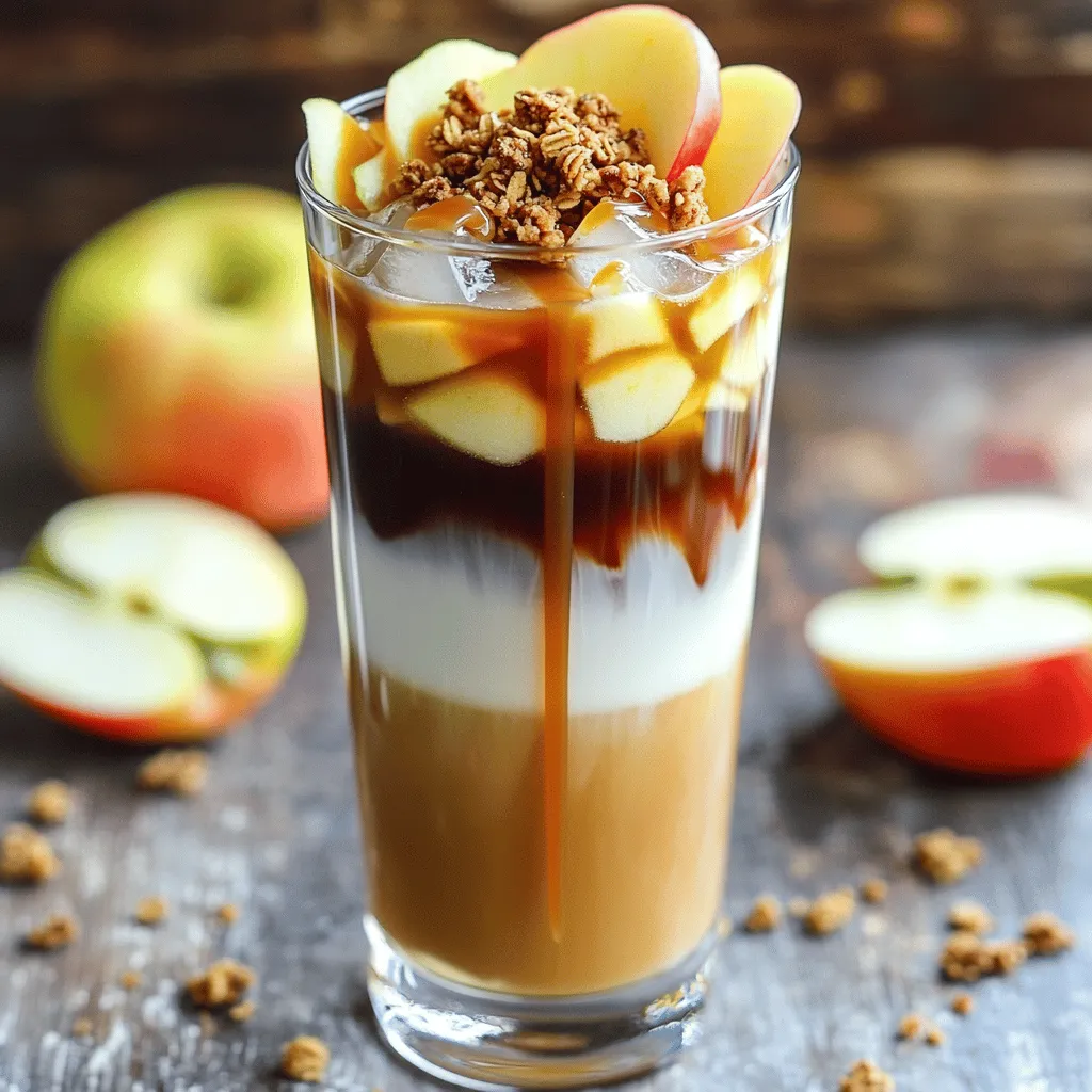 To make the Iced Apple Crisp Macchiato, you will need: - 1 cup brewed cold coffee - 1/2 cup milk of choice (dairy or non-dairy) - 1/4 cup apple juice - 1/2 teaspoon cinnamon - 1 tablespoon caramel sauce (plus extra for drizzling) - 1 tablespoon maple syrup - 1/4 cup granola (for topping) - Ice cubes - Apple slices (for garnish) You can change some ingredients for a fun twist: - Use flavored coffee, like vanilla or hazelnut, for added taste. - Try oat milk or almond milk for a nutty flavor. - Mix in some nutmeg for a spicier kick. - Use brown sugar instead of maple syrup for a deeper sweetness. If you have allergies, here are some swaps: - Replace dairy milk with coconut milk for a creamy, dairy-free option. - Choose gluten-free granola if you need to avoid gluten. - Use a sugar-free caramel sauce for a lower-sugar option. - Avoid nuts by using a nut-free granola. Experimenting with these ingredients helps you make the drink your own! Enjoy the cozy fall flavors in every sip. To make this iced drink, start by brewing cold coffee. Use your favorite coffee beans for the best taste. Once brewed, let it chill in the refrigerator. This step is key to getting a refreshing drink. You can brew it the night before and save time in the morning. In a large glass, pour in 1 cup of cold coffee. Add 1/4 cup of apple juice for a sweet twist. Next, mix in 1 tablespoon of maple syrup and 1/2 teaspoon of cinnamon. Stir these ingredients well. This blend gives your drink a lovely flavor that screams fall. After mixing, fill your glass with ice cubes. Leave some space at the top for the milk. Slowly pour in 1/2 cup of your choice of milk. This creates a beautiful layered look. Drizzle 1 tablespoon of caramel sauce over the milk. For a crunchy finish, sprinkle 1/4 cup of granola on top. Finally, add apple slices for a fresh touch. Serve your Iced Apple Crisp Macchiato with a straw or a spoon. Make sure to stir before sipping to enjoy all the flavors together. To brew the perfect cold coffee, start with quality coffee beans. Coarse grind your coffee for a smoother taste. Use a ratio of one cup of coffee to four cups of water. Let it steep for about 12 hours in the fridge. This method gives you a rich flavor without bitterness. Strain the coffee and store it in a sealed jar. Enjoy it cold for your macchiato! For the best flavor, mix your apple juice with maple syrup and cinnamon. This blend adds sweetness and warmth. Taste the mixture before adding milk. Adjust the sweetness to your liking with more syrup or juice. The caramel sauce on top enhances the flavor. It adds a delightful sweetness that pairs well with the apple notes. Presentation makes your drink special. Use a tall glass to show off the layers. Pour the milk slowly to create a nice contrast. Drizzle caramel in a spiral on top for a fancy touch. Sprinkle granola for texture and crunch. Add thin apple slices on the edge of the glass for color. Serve with a straw or spoon. This invites everyone to stir and enjoy the drink together! {{image_2}} Making an iced apple crisp macchiato dairy-free is easy. Simply swap regular milk for any non-dairy milk. Almond, oat, or coconut milk works well. You can also find vegan caramel sauce at many stores. This way, you keep the creamy taste without any dairy. Want to amp up the flavor? Try adding a pinch of nutmeg along with the cinnamon. You can also mix in some vanilla extract for a sweet touch. For a fruity twist, add a splash of fresh apple cider instead of juice. Each change brings a new taste to this drink! As the seasons change, so can your drink. In fall, add pumpkin spice for a cozy vibe. During winter, a dash of peppermint syrup can make it festive. You can even switch the apple juice for pear juice in spring. Each season offers a chance to mix things up and keep your macchiato fresh! To store any leftover Iced Apple Crisp Macchiato, keep it in the fridge. Use an airtight container to keep it fresh. This drink is best enjoyed right away, but you can save it for up to 24 hours. Just stir before drinking again. For the best taste, use fresh ingredients. Keep your milk and apple juice in the fridge. Check your granola for freshness as well. If granola gets stale, it won't add that nice crunch. Always use fresh apple slices for garnish. You can reuse the coffee for other drinks. Just brew a new batch if needed. The milk can’t be reheated but can be used in other cold drinks. If you have extra caramel or maple syrup, store them in a cool place for later use. An Iced Apple Crisp Macchiato is a cold drink that mixes coffee, apple juice, and milk. It has a sweet flavor from caramel and maple syrup. The drink is topped with granola and fresh apple slices. This drink tastes like fall in a glass, with hints of cinnamon and apple. You can prepare parts of the Iced Apple Crisp Macchiato ahead. Brew the cold coffee and chill it in the fridge. You can also mix the apple juice, maple syrup, and cinnamon in advance. Just add the milk and toppings right before serving. This way, you keep everything fresh and tasty. Serve the Iced Apple Crisp Macchiato in a tall glass. Use a clear glass to show off the pretty layers. Add a straw or a spoon for stirring. You can pair it with a slice of apple pie or a cinnamon roll for a cozy treat. Enjoy it outside on a sunny fall day for extra warmth. This post covered all you need for great cold coffee. We looked at key ingredients, and I shared tips for preparing and serving. You learned how to adapt for allergies and preferences. Don’t forget the storage tips to keep your coffee fresh. Experiment with variations for fun flavors. Cold coffee can be your new go-to drink. Enjoy creating your next batch!