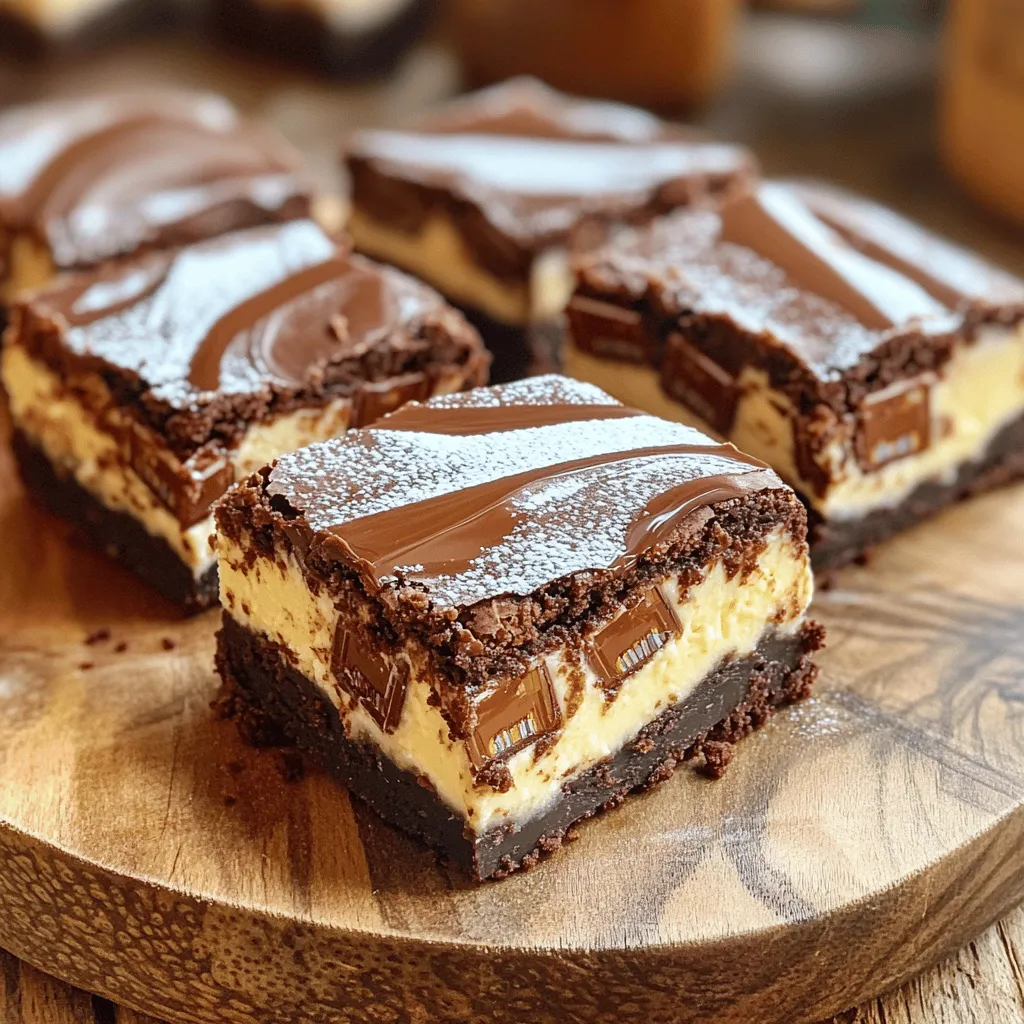 To make Milky Way Cheesecake Brownies, you’ll need some simple, tasty ingredients. Here's what you will gather: - 1 cup unsalted butter - 1 cup granulated sugar - 1 cup packed brown sugar - 4 large eggs - 1 teaspoon vanilla extract - 1 cup all-purpose flour - 1/2 cup unsweetened cocoa powder - 1/2 teaspoon baking powder - 1/4 teaspoon salt - 4 Milky Way bars, chopped - 8 oz cream cheese - 1/2 cup powdered sugar - 1 tablespoon milk - 1 tablespoon vanilla extract These ingredients work together to create rich, fudgy brownies with a creamy cheesecake layer. The Milky Way bars add a delightful caramel and chocolate twist. I love how each bite gives you a mix of textures and flavors. Remember to use fresh ingredients for the best taste. If you have any questions about ingredient substitutions, I can help! Just ask. Start by preheating your oven to 350°F (175°C). This step is very important. It helps the brownies bake evenly. While the oven heats, grease a 9x13 inch baking pan. Line it with parchment paper for easy removal later. In a large mixing bowl, combine 1 cup of melted unsalted butter, 1 cup of granulated sugar, and 1 cup of packed brown sugar. Mix these until smooth. Next, add 4 large eggs one at a time. Mix well after each egg. Then, stir in 1 teaspoon of vanilla extract to add flavor. In another bowl, whisk together 1 cup of all-purpose flour, 1/2 cup of unsweetened cocoa powder, 1/2 teaspoon of baking powder, and 1/4 teaspoon of salt. This mix will give the brownies structure. Gradually fold this dry mix into the wet ingredients. Be careful not to overmix; it should just combine. Now, take 4 chopped Milky Way bars and gently fold them into the brownie batter. This adds sweet chocolate pieces to each bite. The Milky Way bars melt slightly during baking, creating a gooey texture. Pour half of the brownie batter into the prepared pan. Use a spatula to spread it evenly. This layer forms the base for your cheesecake. In a separate bowl, beat 8 oz of softened cream cheese until it’s smooth. Add 1/2 cup of powdered sugar, 1 tablespoon of milk, and 1 tablespoon of vanilla extract. Mix this until creamy and well combined. This will be your cheesecake layer. Take spoonfuls of the cheesecake mixture and dollop it over the brownie layer. Use a knife to swirl it through the brownie batter. This creates a beautiful marbled effect. Next, pour the remaining brownie batter on top of the cheesecake layer. Use your spatula to gently spread it out, covering the cheesecake. Make sure to seal it well. Place the pan in the oven and bake for 30-35 minutes. To test if it’s done, insert a toothpick into the center. It should come out with moist crumbs, not wet batter. Once baked, cool the brownies in the pan for about 15 minutes. After that, lift them out using the parchment paper. Let them cool completely on a wire rack before slicing into squares. Enjoy your Milky Way cheesecake brownies! To get soft and chewy brownies, follow these steps: - Use room temperature eggs. They mix better. - Melt the butter, but don’t let it boil. This keeps the texture nice. - Mix just until combined. Overmixing makes brownies tough. - Check for doneness with a toothpick. It should come out with some crumbs, not clean. For a smooth cheesecake layer, do this: - Soften the cream cheese. This helps it blend easily. - Beat the cream cheese alone first. Then add sugar and milk. - Mix until creamy. Avoid lumps for a perfect texture. - Swirl gently into the brownie batter. Too much mixing will blend the layers. Make your brownies shine with these ideas: - Serve on a bright platter for color. - Dust with powdered sugar for a nice touch. - Drizzle with chocolate sauce for added flair. - Cut into neat squares for a clean look. {{image_2}} You can swap Milky Way bars for other candy bars. Snickers adds a salty twist. Replacing with Twix brings a crunchy caramel layer. For a fruity note, try adding chopped Reese’s Peanut Butter Cups. Each choice brings unique flavors you can enjoy. To make these brownies gluten-free, switch the all-purpose flour. Use a gluten-free baking mix instead. This simple change keeps the texture light and the taste delicious. Just be sure to check the mix for added ingredients. Adding nuts can enhance the texture. Chopped walnuts or pecans work well. You can also mix in chocolate chips for an extra chocolatey bite. Dried fruits like cherries or cranberries can add a sweet twist. Tailor these brownies to fit your taste buds. To keep your Milky Way cheesecake brownies fresh, use an airtight container. Place parchment paper between layers to prevent sticking. Store them at room temperature for up to three days. If you want them to last longer, the fridge is a great option. Just remember, cold brownies may lose some of their soft texture. Freezing brownies is simple. First, cut them into squares. Wrap each piece in plastic wrap, then place them in a freezer-safe bag. They can stay frozen for up to three months. When you're ready to enjoy them, move the brownies to the fridge overnight to thaw. You can also warm them in the microwave for about 10-15 seconds for a fresh-out-of-the-oven taste. When stored properly, Milky Way cheesecake brownies can stay tasty for about a week in the fridge. If left out at room temperature, they are best eaten within three days. Always check for any signs of spoilage, like changes in smell or texture. Enjoy them while they’re fresh for the best flavor! Yes, you can use other chocolates. Dark chocolate gives a rich taste. Milk chocolate adds sweetness. You can also mix chocolates for more flavor. Just make sure to keep the cocoa powder amount the same. This keeps the brownies balanced. Check the brownies after 30 minutes. Insert a toothpick in the center. It should come out with moist crumbs. If it comes out wet, bake for a few more minutes. Remember, overbaking can make them dry. Yes, you can make these brownies a day in advance. Just store them in an airtight container. They taste even better after resting. The flavors have time to meld together. Use a sharp knife for cutting brownies. Dip the knife in hot water before each cut. Wipe it clean with a towel after each slice. This helps you get nice, clean edges. To reheat, place brownies in the microwave. Heat them for about 10-15 seconds. Check if they are warm enough. If not, heat in small bursts. You can also warm them in an oven at low heat. This blog post provided a full guide to making Milky Way cheesecake brownies. You learned about the key ingredients, step-by-step instructions, and helpful tips to perfect your baking. I shared fun variations and storage advice to keep your brownies fresh. Whether you want a sweet treat or a twist on a classic, these brownies shine. Enjoy baking and sharing them with friends or family. Delicious moments await!
