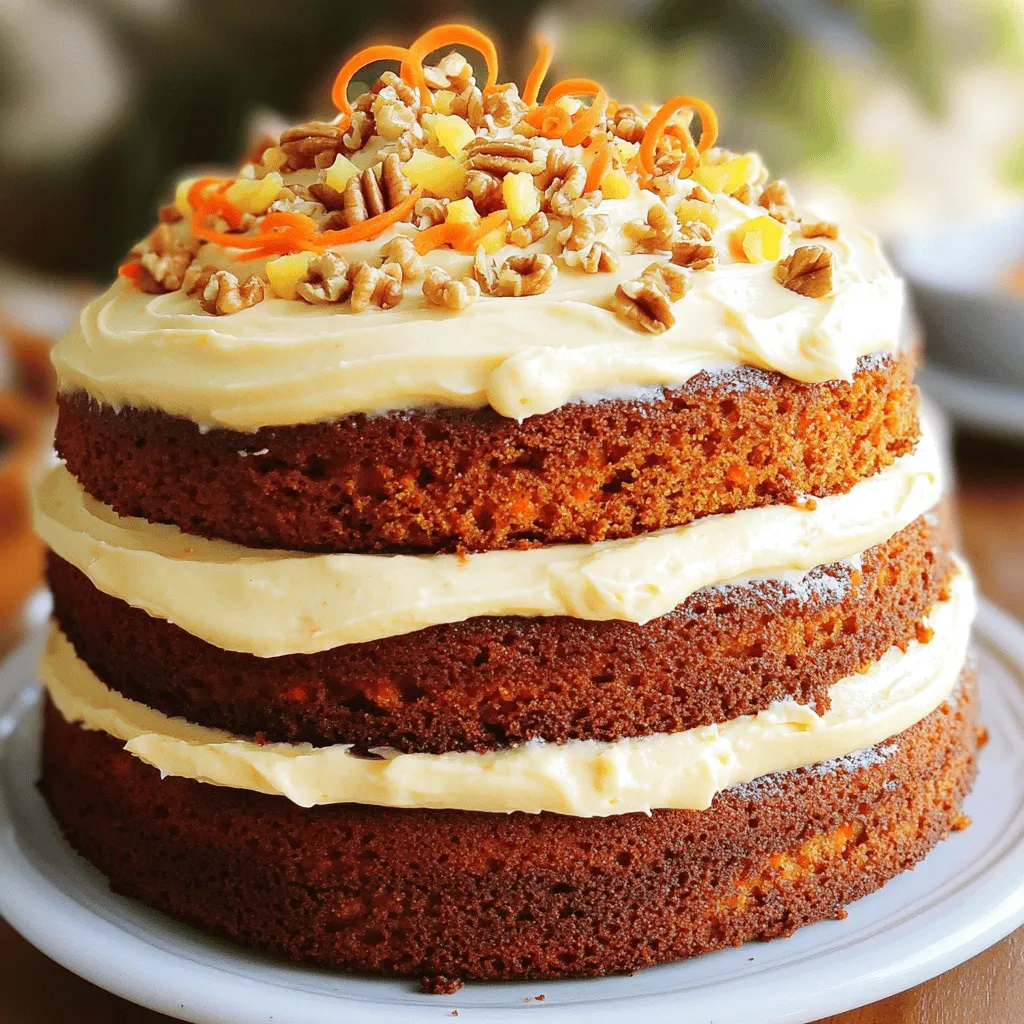- 2 cups all-purpose flour - 2 teaspoons baking powder - 1 teaspoon baking soda - 1 teaspoon ground cinnamon - ½ teaspoon ground nutmeg - ½ teaspoon salt - 1 cup vegetable oil - 1 cup granulated sugar - 1 cup brown sugar, packed - 4 large eggs - 3 cups grated carrots - ½ cup crushed pineapple, drained - 1 cup chopped walnuts (optional) - 1 cup raisins (optional) - 1 teaspoon vanilla extract Gather your ingredients before you start. This makes the process smooth and fun. You need flour, baking powder, and baking soda for the base. The spices, cinnamon and nutmeg, add warmth and a lovely aroma. Salt is key too; it balances the sweetness. Next, we use vegetable oil for moisture. Granulated and brown sugar give sweetness and depth. Eggs bind everything together and create a tender cake. Grated carrots are the star here, adding flavor and moisture. Crushed pineapple adds a sweet twist and keeps the cake moist. If you like, add chopped walnuts and raisins for texture and extra flavor. Finally, a touch of vanilla extract rounds out the taste. With these ingredients ready, you are set to make a delightful carrot cake that everyone will love! - Preheat your oven to 350°F (175°C). - Grease and flour two 9-inch round cake pans. First, set your oven to 350°F. This ensures the cake bakes evenly. Greasing and flouring the pans keeps the cake from sticking. You can use butter or cooking spray. Dust the pans with flour after greasing them. This step is key for a smooth release. - In a large mixing bowl, combine flour, baking powder, baking soda, cinnamon, nutmeg, and salt. In a big bowl, whisk together the flour, baking powder, and baking soda. Add the cinnamon, nutmeg, and salt. This mix gives the cake its structure. The spices add warmth and flavor. Make sure to mix well to distribute everything evenly. - Mix vegetable oil, granulated sugar, and brown sugar until smooth. - Beat in eggs one at a time. In another bowl, combine the vegetable oil, granulated sugar, and brown sugar. Mix until it is smooth and creamy. Next, crack in the eggs one at a time. Make sure each egg is well blended before adding the next. This helps the batter become fluffy and light. - Stir in grated carrots, crushed pineapple, walnuts, raisins, and vanilla. - Fold dry ingredients into the wet mixture. Now, add the grated carrots and crushed pineapple to the wet mix. You can also toss in walnuts and raisins if you like. These ingredients give the cake great texture and flavor. Once mixed, gently fold in the dry ingredients. Be careful not to overmix. This keeps the cake tender and moist. - Divide batter between pans and bake for 25-30 minutes. - Cool cakes in pans before transferring them to wire racks. Pour the batter evenly into the prepared pans. Bake in the oven for 25 to 30 minutes. Check with a toothpick; it should come out clean. Once baked, let the cakes cool in the pans for about 10 minutes. Then, move them to wire racks to cool completely. This step is vital for the perfect cake texture. To keep your carrot cake moist, avoid overmixing the batter. Overmixing can make the cake tough. Mix just until you see no dry flour. Using fresh, finely grated carrots also helps. Fresh carrots add moisture and flavor. Aim for three cups of grated carrots, which is about six to seven medium carrots. I recommend a simple cream cheese frosting for this cake. For the frosting, beat together 8 ounces of cream cheese with ½ cup of unsalted butter. Add 4 cups of powdered sugar and 1 teaspoon of vanilla extract. Mix until it’s smooth and creamy. To get the right consistency, start with room temperature butter and cream cheese. If it’s too thick, add a splash of milk. If it’s too thin, add more powdered sugar. You can add more spices for a flavor boost. Consider adding a pinch of ground ginger or allspice. For garnish, use grated carrots or chopped walnuts. These not only look great but also add texture. You can even sprinkle some coconut for a tropical twist. {{image_2}} For a gluten-free version, you can use almond flour or a gluten-free blend. Look for a mix that includes xanthan gum to help with texture. You may need to adjust baking times slightly. Start checking for doneness 5 minutes earlier than the original recipe. To make this cake vegan, replace the eggs with flax eggs. Mix 1 tablespoon of ground flaxseed with 2.5 tablespoons of water for each egg. For dairy, use almond milk or coconut milk instead of regular milk. This keeps the flavor rich and tasty while making it plant-based. You can add fun twists to your cake. Consider mixing in chopped apples, peaches, or even shredded coconut. For a chocolatey surprise, fold in cocoa powder or chocolate chips. These additions create unique flavors that make each bite special. To keep your leftover carrot cake fresh, store it in an airtight container. You can also wrap it in plastic wrap. This helps keep moisture in and prevents it from drying out. If you have frosting on your cake, cover it gently to avoid messing up the frosting. Always store it in the fridge if you don't eat it right away. You can freeze both unfrosted and frosted carrot cakes. For unfrosted cakes, wrap them well in plastic wrap and then in aluminum foil. For frosted cakes, place them in a box or container. This prevents freezer burn and keeps the frosting intact. When you're ready to eat, thaw the cake in the fridge overnight for the best texture. In the fridge, your carrot cake stays fresh for about 5 to 7 days. Look out for signs of spoilage, like an off smell or mold. If the cake becomes dry or hard, it’s best to toss it. Enjoy your delicious carrot cake while it’s at its best! This carrot cake is called “supreme” for several reasons. First, it uses fresh, grated carrots, which add moisture and natural sweetness. The crushed pineapple brings a unique flavor and extra moisture. I also blend two types of sugar—granulated and brown—for deep, rich sweetness. Adding warm spices like cinnamon and nutmeg gives it warmth and depth. Lastly, the technique of folding dry ingredients keeps the cake light and fluffy. These elements combine to create a cake that is moist, flavorful, and truly special. Yes, you can easily swap out nuts and raisins! If you prefer a nut-free option, simply leave out the walnuts. You can replace them with sunflower seeds or pumpkin seeds for crunch. If you do not like raisins, consider using dried cranberries or chopped dates. You can also skip these additions entirely for a simple cake that highlights the carrots and spices. Customize it to fit your taste! To lower the sweetness in your carrot cake, you can reduce the sugar. Try using only ¾ cup of granulated sugar and ¾ cup of brown sugar. You can also add a bit of unsweetened applesauce to keep the cake moist. If you want to balance flavors, add a pinch of salt or a bit more cinnamon. This will enhance the taste without making it overly sweet. This blog post showed you how to make a delicious carrot cake. You learned the key ingredients, from fresh carrots to spices and nuts. I detailed step-by-step instructions to guide your baking. Also, I shared tips for a moist cake and ideas to enhance flavor. Variations for gluten-free and vegan options ensure everyone can enjoy this treat. Finally, I covered storage and answered common questions. Now, you have everything to make the perfect carrot cake for any occasion. Enjoy your baking adventure!