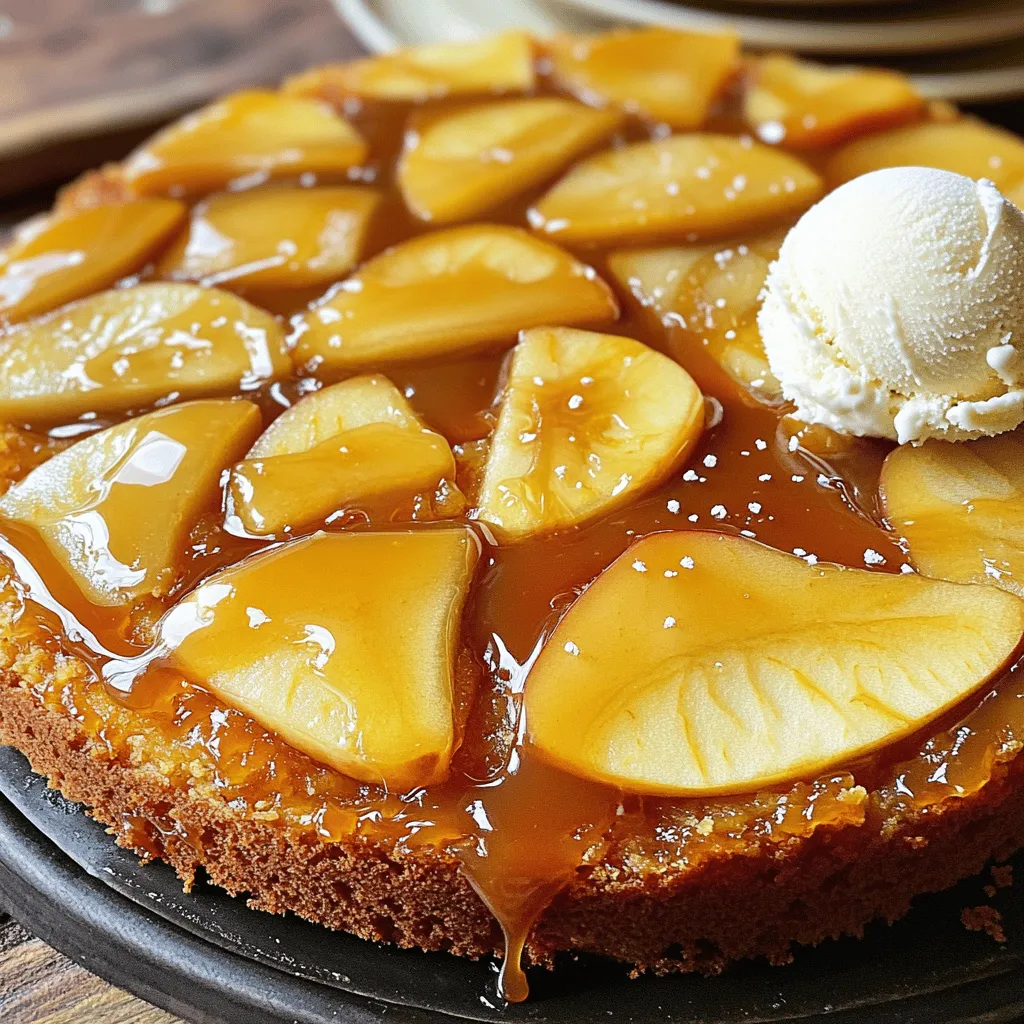 - 4 medium apples (such as Granny Smith or Honeycrisp), peeled, cored, and sliced - 1 cup granulated sugar - 1/2 cup unsalted butter, plus 2 tablespoons for the batter - 1/2 teaspoon sea salt - 1 teaspoon ground cinnamon - 1 1/2 cups all-purpose flour - 1 1/2 teaspoons baking powder - 1/4 teaspoon baking soda - 1/2 teaspoon salt - 2 large eggs - 1 teaspoon vanilla extract - 3/4 cup whole milk You need a few key tools for this cake. Gather these items: - 9-inch round cake pan - Medium saucepan - Large mixing bowl - Whisk - Spatula - Parchment paper - Measuring cups and spoons You can make this cake even better with a few add-ins. Consider these: - Chopped nuts (like walnuts or pecans) for crunch - Dried cranberries for a tangy twist - Extra spices, like nutmeg or ginger, for warmth - A splash of bourbon or rum in the batter for depth Start by preheating your oven to 350°F (175°C). Grease a 9-inch round cake pan with cooking spray or butter. Make sure to line the bottom with parchment paper. This step helps prevent sticking and ensures easy removal. In a medium saucepan, melt 1/2 cup of unsalted butter over medium heat. Once melted, add 1 cup of granulated sugar, 1/2 teaspoon of sea salt, and 1 teaspoon of ground cinnamon. Stir the mixture gently until it bubbles. This creates a rich caramel that will be the base for your cake. Carefully pour the caramel into the prepared cake pan. Spread it evenly across the bottom. Next, take 4 medium apples, peeled, cored, and sliced. Arrange the apple slices on top of the caramel. Overlap them slightly in a circular pattern for a beautiful look. Set the pan aside while you prepare the cake batter. In a large mixing bowl, whisk together 1 1/2 cups of all-purpose flour, 1 1/2 teaspoons of baking powder, 1/4 teaspoon of baking soda, and 1/2 teaspoon of salt. In another bowl, beat 2 tablespoons of butter with 3/4 cup of sugar until light and fluffy. Add 2 large eggs, one at a time, and 1 teaspoon of vanilla extract. Mix until well combined. Gradually add the dry ingredients to this mixture, alternating with 3/4 cup of whole milk. Mix until just combined. Gently pour the cake batter over the arranged apples in the pan. Smooth the top with a spatula. Bake in the preheated oven for 35-40 minutes. Check doneness by inserting a toothpick into the center of the cake. It should come out clean when done. Once baked, let the cake cool in the pan for about 10 minutes. After cooling, place a serving plate on top of the pan. Carefully invert the cake onto the plate. If needed, tap the bottom of the pan gently to release it. For a final touch, sprinkle a little extra sea salt on top to enhance the caramel flavor. To keep your caramel from burning, use a medium heat. Stir it gently as it cooks. Watch for a light golden color. If it gets too dark, it may taste bitter. Remove it from the heat once it bubbles gently. This gives you that perfect sweet flavor without the burn. When slicing apples, use a sharp knife. Aim for even slices, about 1/4 inch thick. This helps them cook evenly. Choose apples like Granny Smith or Honeycrisp for the best taste. These apples hold their shape and add a nice tartness. Arrange them in a circular pattern for a beautiful look. If your cake doesn’t rise, check your baking powder’s freshness. Old baking powder can cause a flat cake. If the caramel sticks, let the cake cool longer before inverting. Tap the pan gently to help it release. For a dry cake, avoid overmixing the batter. Mix just until combined for a moist texture. {{image_2}} You can use many types of apples in this cake. Granny Smith apples are tart and hold their shape well. Honeycrisp apples are sweet and juicy. They add great flavor. If you want more sweetness, try Fuji apples. For a unique twist, use Gala apples. They have a lovely sweet taste and soft texture. If you need a gluten-free version, swap the all-purpose flour. Use a gluten-free flour blend instead. This blend works well in most recipes. Just make sure it has xanthan gum for the right texture. You can also use almond flour for a nutty flavor. It adds depth to your cake. To make this cake even better, add spices like nutmeg or ginger. These spices bring warmth and a cozy feel. You can also mix in chopped nuts like pecans or walnuts. They add crunch and richness. For a caramel boost, drizzle some extra caramel sauce on top. It makes a delicious treat. To keep your Salted Caramel Apple Upside-Down Cake fresh, store it in an airtight container. Place it at room temperature for up to three days. If you want it to last longer, refrigerate it. Just make sure to cover it well to avoid dryness. You can freeze this cake for later enjoyment. First, let the cake cool completely. Wrap it tightly in plastic wrap, then in aluminum foil. This double wrapping keeps moisture in and prevents freezer burn. You can freeze it for up to three months. When you're ready to eat it, thaw it in the fridge overnight. To reheat the cake, slice it into pieces. Place the slices on a microwave-safe plate. Heat it in the microwave for about 15-20 seconds. This warms it nicely without drying it out. For a crispy top, you can place the slices in a toaster oven for a few minutes. Serve warm, and if you like, drizzle extra caramel sauce on top! Yes, you can make this cake a day in advance. Just bake it, then let it cool. Once cool, cover it with plastic wrap. Keep it at room temperature overnight. This will let the flavors meld together. Before serving, you can warm it slightly in the oven. If you need a butter substitute, use coconut oil or vegetable oil. You can also try unsweetened applesauce for a healthier option. This will change the taste slightly but will still keep the cake moist and tasty. To check if your cake is done, insert a toothpick into the center. If it comes out clean, the cake is ready. If it has batter on it, it needs more time. Bake it for a few more minutes and check again. This blog post covered all you need to make a delicious apple caramel cake. You learned about the ingredients, equipment, and tips to make baking easy. I shared steps to prepare and bake the cake, plus options for variations and storage. Remember, even small changes can add big flavor. Don't be afraid to try new ideas. With practice, you will master this recipe and impress everyone. Enjoy baking your cake!