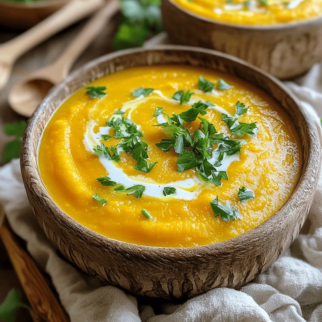 - 1 medium butternut squash - 1 large onion - 2 cloves garlic - 1 carrot - 1 celery stalk - 4 cups vegetable broth - Ground ginger and cinnamon - Olive oil - Salt and pepper - Coconut milk (optional) - Fresh parsley or chives - Croutons for topping - Chili flakes for heat - Other herbs like thyme or rosemary - Large pot - Immersion blender or countertop blender - Cutting board and knife When I make cozy butternut squash soup, I love using fresh ingredients. The squash gives the soup a sweet flavor and creamy texture. Start with a medium butternut squash. Peel and cube it to make it easy to cook. Next, grab a large onion and chop it finely. The onion adds depth to the soup. For a kick of flavor, I add two cloves of garlic, minced. A diced carrot and a celery stalk also enhance the taste. For the base, I pour in four cups of vegetable broth. This broth is key and makes the soup rich. To spice it up, I add ground ginger and cinnamon. A splash of olive oil helps the veggies cook nicely. Don’t forget salt and pepper to taste! Sometimes, I stir in half a cup of coconut milk. It makes the soup even creamier. For a fresh touch, I garnish with parsley or chives. If you want extra flavor, consider adding croutons on top. Chili flakes can add some heat if you like spice. Fresh herbs like thyme or rosemary can also boost the taste of the soup. To make this soup, you’ll need a large pot, an immersion blender, or a countertop blender. A cutting board and knife are also essential for prep work. Using these simple ingredients and tools, you’ll create a comforting and tasty soup. - Heat 1 tablespoon of olive oil in a large pot over medium heat. - Add 1 large chopped onion, 1 diced carrot, and 1 diced celery stalk. - Cook the mix for about 5-7 minutes until the veggies soften. - Stir in 2 minced garlic cloves. - Cook for another minute until you smell the garlic's warm aroma. - Add 1 medium cubed butternut squash to the pot. - Stir and sauté for about 3-4 minutes to mix the flavors. - Sprinkle in 1 teaspoon of ground ginger, 1 teaspoon of ground cinnamon, salt, and pepper. - Pour in 4 cups of vegetable broth. Bring it to a boil, then lower the heat to simmer for 20-25 minutes. The squash should become tender. - Remove the pot from heat. - Use an immersion blender to puree the soup until it is smooth. If using a countertop blender, blend carefully in batches. - For creaminess, stir in 1/2 cup of coconut milk if you want. - Heat the soup gently on low until it is warmed through. To get the right consistency for your soup, control the broth amount. If you want a thicker soup, use less broth. If you prefer it thinner, add more broth. This way, you can make it just how you like it. Blending the soup properly is key for smoothness. I recommend using an immersion blender. This tool lets you blend right in the pot. If you use a countertop blender, blend in batches. Make sure to cool the soup a bit first. This keeps it from splattering everywhere. Spices and herbs can make a big difference. Ground ginger and cinnamon add warmth and depth. You can also try adding nutmeg for a cozy twist. For an extra kick, roast some garlic. Roasting makes garlic sweet and rich. Just wrap it in foil and roast until soft. Then, squeeze it into the soup for a lovely flavor boost. Coconut milk gives the soup a rich, creamy flavor. If you like dairy, you can use heavy cream instead. Both options taste great, so choose what you like best. If you want a vegan option, stick with coconut milk. It keeps the soup creamy without any dairy. You can also use half the amount if you want it lighter. This way, you can enjoy a cozy bowl that fits your diet. {{image_2}} You can use different types of squash for this soup. Other winter squashes like acorn or kabocha work well. They have a similar sweetness and texture. You can also try sweet potatoes. Sweet potatoes add a rich, sweet flavor and a lovely orange color. Want to change things up? You can add beans for more protein. Black beans or cannellini beans fit nicely. They add heartiness to the soup. You can also toss in some greens. Spinach or kale adds color and nutrients. Just stir them in before blending. Seasonal spices can change the soup's vibe. In autumn, add nutmeg for a warm, cozy taste. For spring, fresh herbs like basil or cilantro brighten the flavor. Using seasonal ingredients helps you enjoy the soup all year. To store leftover soup, let it cool first. Pour the soup into airtight containers. Glass or BPA-free plastic containers work best. Make sure to leave some space at the top. This space allows the soup to expand if it freezes. To freeze the soup, follow these steps: 1. Cool the soup completely. 2. Use freezer-safe containers or bags. 3. Label them with the date. 4. Lay bags flat for easy stacking. When you're ready to eat, thaw the soup overnight in the fridge. For quick thawing, place the container in cold water. To reheat, either warm it on the stove or use the microwave. Stir well to ensure even heating. In the fridge, the soup lasts about 4-5 days. When frozen, it keeps well for 3 months. After this time, it may lose flavor and texture. Always check for signs of spoilage before eating. Butternut squash soup lasts about 3 to 5 days in the fridge. Store it in an airtight container for the best freshness. To keep it tasty, let the soup cool before putting it in the fridge. If you want to enjoy it later, just reheat on the stove or in the microwave. Yes, you can easily make butternut squash soup vegan. Instead of coconut milk, use almond or cashew milk for creaminess. For broth, use vegetable broth, which is already in the recipe. Just skip any dairy. The soup will still taste rich and delicious. Yes, frozen butternut squash works well. To use it, add the frozen cubes directly to the pot. You may need to cook it a bit longer. Check if it's tender by piercing it with a fork. Frozen squash saves prep time and still gives great flavor. Butternut squash soup pairs well with crusty bread or warm rolls. You can also serve it with a side salad for a complete meal. Try topping the soup with croutons or seeds for extra crunch. Enjoy it with a sprinkle of fresh herbs for added flavor. In this blog post, we explored how to make a delicious butternut squash soup. We covered key ingredients like squash, onion, garlic, and spices. I shared step-by-step instructions for cooking and blending the soup. We also looked at tips for flavor and ways to customize your dish. Finally, I discussed storage options to keep your soup fresh. Now, you can enjoy a tasty, warm bowl of soup anytime you want.