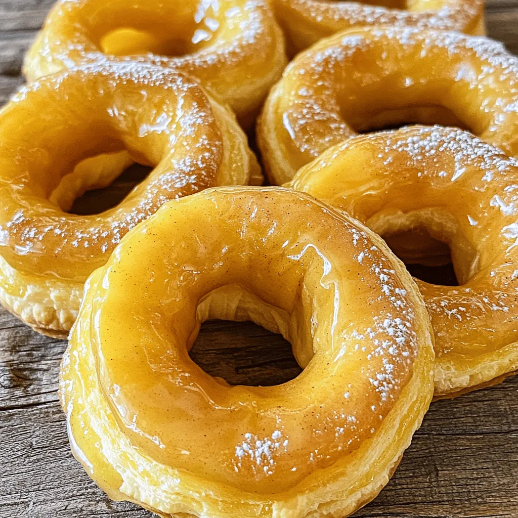 - 2 large apples, cored and sliced into rings - 1 sheet of puff pastry, thawed - 1 tablespoon lemon juice - 2 tablespoons brown sugar - 1 teaspoon ground cinnamon - 1/4 teaspoon nutmeg (optional) - 1 egg, beaten (for egg wash) - Powdered sugar for dusting (optional) The key ingredients in this recipe are apples and puff pastry. Apples bring natural sweetness and tartness. The puff pastry gives a flaky and buttery texture, making each bite delightful. You can use any apple variety you enjoy, but I like a mix of sweet and tart ones for balance. - Additional spices such as ginger or allspice - Chopped nuts like walnuts or pecans - Caramel sauce for drizzling - Ice cream to serve alongside Adding spices can elevate the flavor. Ginger adds warmth, while allspice offers depth. You might also sprinkle nuts on top for a crunchy texture. Drizzling caramel sauce over warm apple rings brings sweetness and richness. If you're feeling indulgent, serve them with a scoop of vanilla ice cream. - Baking sheets - Parchment paper - Rolling pin - Small round cutter or piping tip - Mixing bowl These tools help you create perfect puff pastry apple rings. Baking sheets and parchment paper prevent sticking and make cleanup easy. A rolling pin is essential for flattening the pastry. A small round cutter cuts the center of the pastry, allowing the apple rings to shine. A mixing bowl is where you toss the apple slices with spices. For the full recipe, check the earlier section. First, you need to slice the apples. Use two large apples for this recipe. Core them and cut them into rings. Aim for about half an inch thick. This thickness helps them cook evenly. Next, in a bowl, mix the apple rings with one tablespoon of lemon juice. The lemon juice keeps them fresh. Then, add two tablespoons of brown sugar and one teaspoon of ground cinnamon. You can also add a little nutmeg for extra flavor. Toss everything until the apple rings are well coated. Let them sit for about ten minutes. This step helps the flavors soak in. Now, let’s get the puff pastry ready. Take one sheet of thawed puff pastry. Lay it on a floured surface to prevent sticking. Roll it out gently with a rolling pin. You want it smooth and about a quarter-inch thick. Next, cut the pastry into squares of about 4x4 inches. This size fits the apple rings perfectly. Use a small round cutter to cut out the center of each square. This should create a doughnut shape. It lets the apple ring sit nicely inside the pastry. It’s time to assemble! Place the pastry shapes on a lined baking sheet. Lay one apple ring in the center of each pastry shape. Make sure it is secure. Brush the edges of the pastry with a beaten egg. This gives it a shiny, golden finish. Now, preheat your oven to 400°F (200°C). Bake the pastry for 15 to 18 minutes. Watch for the pastry to puff up and turn golden brown. Once done, let them cool for a moment. If you like, dust with powdered sugar before serving. Enjoy your yummy puff pastry apple rings! To get the best puff, keep your puff pastry cold. Cold pastry puffs up better. Roll it out on a floured surface to prevent sticking. Make sure your oven is fully preheated to 400°F (200°C). This helps create steam, which makes the layers rise. Avoid overworking the dough. Too much handling can make it tough. Instead, work quickly and gently. Puff pastry apple rings shine with simple pairings. Serve them warm with a scoop of vanilla ice cream. The creaminess balances the sweet apples. Drizzling caramel sauce adds a rich touch. You can also try a dusting of cinnamon for added flavor. For a fun twist, serve with whipped cream or yogurt. Presentation makes a big difference. Use a clean plate for serving. Place the apple rings in the center and sprinkle powdered sugar on top. This adds a nice touch. Consider adding a sprig of mint for color. It brightens the plate and adds freshness. You can also arrange some fresh apple slices around the dish. This creates a beautiful, eye-catching display. {{image_2}} You can change the flavors in Puff Pastry Apple Rings. Try adding different spices. For a warm taste, add ginger or cloves. You can also mix fruits. Use pears or peaches for a twist. These swaps make your dish unique. Each bite can surprise your taste buds. If you want a vegan version, swap the egg wash. Use plant-based milk for brushing. You can replace puff pastry with a vegan option, too. For gluten-free fans, choose gluten-free puff pastry. Make sure to check if the apple rings are gluten-free as well. These changes help everyone enjoy this treat. Puff Pastry Apple Rings work great at any time. Serve them as a fun breakfast. Add yogurt or granola on the side. They also shine as an afternoon snack. Pair them with tea or coffee. You can even turn them into a dessert. Just add ice cream or whipped cream on top. Each serving style adds a new flavor to your meal. To store your Puff Pastry Apple Rings, place them in an airtight container. This keeps them fresh. If you have more than one layer, separate each layer with parchment paper. When you're ready to enjoy them again, simply reheat in the oven at 350°F (175°C) for about 5-10 minutes. This helps restore their crispiness. You can freeze these treats either before or after baking. If you want to freeze unbaked rings, place them on a baking sheet. Freeze until solid, then transfer to a freezer bag. For baked rings, let them cool completely. Wrap each one well in plastic wrap. Then, place in a freezer bag. They will stay fresh in the freezer for up to three months. Puff Pastry Apple Rings taste best when fresh. They stay good for about 2 days at room temperature. For longer storage, keep them in the fridge for up to 5 days. The pastry might lose some crispness, but they will still taste great. Always check for any signs of spoilage before enjoying! For puff pastry apple rings, I recommend using sweet and tart apples. Good choices include Granny Smith, Honeycrisp, and Fuji. Granny Smith brings a nice tartness that contrasts well with the sweet pastry. Honeycrisp offers a sweet crunch, while Fuji apples add a juicy flavor. Each type gives your dessert a unique taste and texture. Experiment with different apples to find your perfect match! Yes, you can use store-bought puff pastry. It saves time and still tastes great. Look for a high-quality brand that uses real butter for the best flavor. Using pre-made pastry makes this recipe super simple. You can enjoy your puff pastry apple rings without the fuss of making dough from scratch. Just thaw it, roll it out, and you’re ready to go! To keep your pastry crisp, avoid excess moisture. Make sure to dry the apple rings well after washing. When you coat them in lemon juice and sugar, use just enough to enhance the flavor without making them too wet. Bake your apple rings right after assembling to ensure they stay flaky. If you have leftovers, store them in an airtight container, but enjoy them fresh for the best taste! In this article, we explored how to make delicious Puff Pastry Apple Rings. You learned about key ingredients like apples and puff pastry, plus useful tools for baking. We provided step-by-step instructions on preparing apples, rolling pastry, and baking. I shared tips to ensure perfect texture and neat presentation ideas. You also discovered variations for flavor and dietary needs. Lastly, we covered storage methods to keep your treats fresh. Enjoy making these tasty rings, and impress your friends and family with your baking skills!