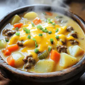 To make this soup, you need some key ingredients. Here’s the list to get started: - 1 lb ground beef - 1 onion, diced - 2 cloves garlic, minced - 3 medium potatoes, cubed - 2 carrots, diced - 1 bell pepper, diced (any color) - 4 cups beef broth - 1 cup shredded cheddar cheese - 1 cup milk - 1 tablespoon Dijon mustard - 1 teaspoon Worcestershire sauce - 1 teaspoon salt - 1/2 teaspoon black pepper - 1/2 teaspoon smoked paprika These ingredients create a rich and satisfying flavor. The ground beef adds protein, while the veggies offer texture and nutrients. The broth and dairy make the soup creamy and hearty. You can make the soup even better with some simple garnishes and seasonings. Consider adding: - Green onions, chopped for garnish You can also experiment with different seasonings. Try adding some herbs, like thyme or parsley, to change the flavor. This allows you to make each bowl unique. Use your favorite spices to create your perfect bowl of cheeseburger soup. For more details on how to prepare this dish, check out the Full Recipe. First, heat a skillet over medium heat. Add 1 pound of ground beef. Cook it until it turns brown. This should take about 5 to 7 minutes. Be sure to break it up with a spoon as it cooks. Once it is fully cooked, drain the excess fat. This helps keep the soup from being too greasy. After draining, set the beef aside for later. Grab your crock pot and start layering the ingredients. Add the cooked ground beef to the pot. Next, toss in 1 diced onion, 2 minced garlic cloves, and 3 cubed medium potatoes. Then, add 2 diced carrots and 1 diced bell pepper. These veggies add great taste and texture. Pour in 4 cups of beef broth. Then add 1 tablespoon of Dijon mustard and 1 teaspoon of Worcestershire sauce. Sprinkle in 1 teaspoon of salt, 1/2 teaspoon of black pepper, and 1/2 teaspoon of smoked paprika. Stir everything well to mix it up. Cover the crock pot with its lid. Now, set it to cook. You can choose to cook it on low for 6 to 8 hours or on high for 3 to 4 hours. The choice depends on how much time you have. About 30 minutes before serving, stir in 1 cup of milk and 1 cup of shredded cheddar cheese. This makes the soup creamy and rich. If the soup seems too thick, add a bit more milk or broth. Taste it and adjust the seasonings if needed. To boost the taste of your soup, think about adding more spices. You can try a dash of garlic powder or onion powder for depth. A pinch of cayenne pepper can add a gentle heat. Mix in some Italian seasoning for a herbal note. Experiment with paprika variations, like sweet or hot. Each addition can change the soup's profile. Getting the right soup texture is key. If you want it thicker, mash some potatoes in the pot before serving. Adding a slurry of cornstarch and water can also help. For a creamier feel, stir in more milk or heavy cream as it cooks. If the soup feels too thick, just add some broth or water until it’s just right. This soup pairs well with various sides. Consider crusty bread for dipping or a light salad for balance. Toppings like crispy bacon bits or extra cheese can elevate each bowl. Fresh herbs, like parsley, can add a pop of color and flavor. For a fun twist, serve it in bread bowls for a complete meal. Feel free to check out the Full Recipe for more ideas on how to enjoy this warming dish! {{image_2}} You can make this soup healthier by using turkey or plant-based ground meat. Turkey has less fat than beef. It still gives you that great taste. Plant-based options are good for anyone looking to cut meat. They also add fiber and nutrients. When you swap, keep the cooking time the same. This keeps your soup creamy and tasty. Cheese makes this soup rich and creamy. You can try different cheese types for new flavors. Gouda or Monterey Jack can give a smoky taste. Blue cheese adds a tangy kick. Always shred your cheese before adding it to the soup. This helps it melt evenly and blend in well. Play with your cheese choices to find your favorite mix. Adding more veggies boosts the nutrition of your soup. You can toss in some spinach or kale for greens. They add vitamins and minerals. Chopped celery or zucchini can also work well. Just make sure to cut them small so they cook through. Extra veggies make your meal heartier and more colorful. It’s a simple way to make your soup even better. For the full recipe, check out the details above. To store your leftover cheeseburger soup safely, let it cool first. Use airtight containers to keep the soup fresh. Make sure to leave some space in the container for expansion. Label the containers with the date to track freshness. Store in the fridge for easy access during the week. If you want to freeze the soup, pour it into freezer-safe containers. Leave some room at the top to allow for expansion as it freezes. You can also use freezer bags for easy storage. When reheating, thaw the soup in the fridge overnight. Heat it on the stove or in the microwave until warm. Stir well to ensure even heating. Cheeseburger soup can last up to four days in the fridge. If you freeze it, the shelf life extends to about three months. Always check for any off smells or changes in texture before eating. Proper storage helps maintain the flavor and quality of your soup. Yes, you can make this soup without meat. Use plant-based ground meat or lentils instead. You can also add more veggies. Some great choices are mushrooms, zucchini, or diced cauliflower. This will keep the soup hearty and delicious. To thicken your soup, you have a few options. You can mash some of the potatoes in the pot. This adds creaminess and thickness. Another way is to stir in a cornstarch slurry. Mix equal parts cornstarch and cold water, then add it to the soup. Cook it for a few minutes until it thickens up. Leftover cheeseburger soup is very versatile. You can use it as a filling for baked potatoes or pour it over pasta. You can also turn it into a casserole by adding cheese and baking it. If you want something lighter, consider making a cheeseburger soup dip. Just mix it with cream cheese and serve with chips or veggies. For the full recipe, check the earlier sections in this article. Crock Pot Cheeseburger Soup is easy to make and full of flavor. We covered essential ingredients like ground beef, veggies, and cheese. You learned how to cook it step by step and even explored healthier swaps. With the right seasonings and textures, you can create the perfect bowl. Remember, leftovers can be stored safely and enjoyed later. Try different variations to keep it exciting. This soup is a tasty meal that can fit any diet or preference. Enjoy your cooking adventure!