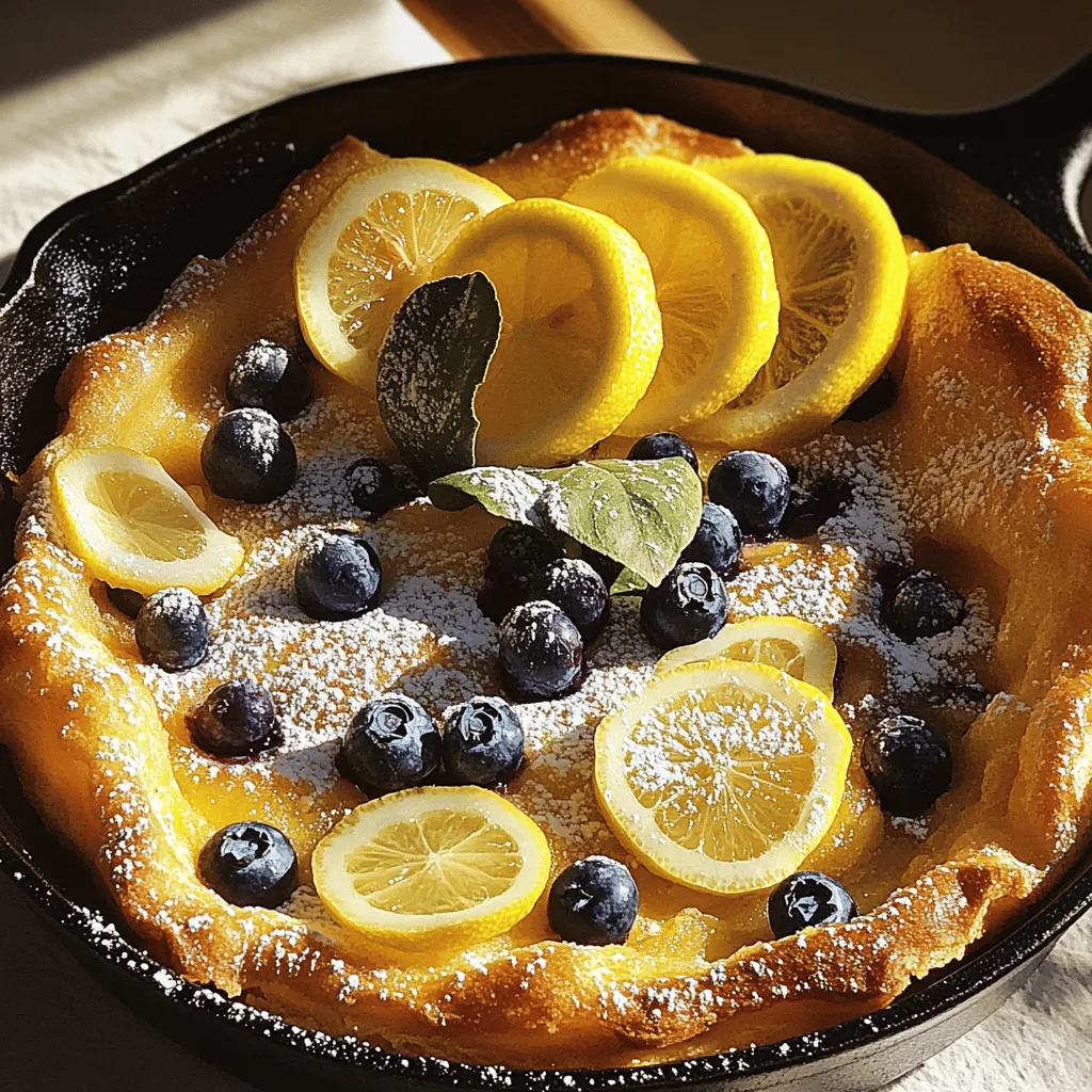 - 3 large eggs - 1 cup whole milk - 1 cup all-purpose flour - 1/4 cup granulated sugar - 1 teaspoon vanilla extract - Zest of 1 lemon - 1 tablespoon fresh lemon juice - 1/4 teaspoon salt - 4 tablespoons unsalted butter - 1 cup fresh blueberries - Powdered sugar, for dusting - Fresh lemon slices, for garnish When you look at these ingredients, you see a wonderful mix. Eggs give the Dutch baby its fluffy texture. Milk makes it rich and creamy. The flour helps it rise and hold its shape. And sugar adds a touch of sweetness that pairs well with the tart lemon and juicy blueberries. For flavor, vanilla extract brings warmth. Lemon zest and juice brighten the dish. Salt balances all the flavors, while unsalted butter gives a rich, nutty taste. Toppings are key too! Fresh blueberries add color and sweetness. Dusting with powdered sugar makes it look pretty. Lemon slices on top add a nice touch and hint of zest. Now, if you want the full recipe, it's all in the details above. Enjoy this delightful treat! ``` Preheating the skillet is key for a great Dutch baby. A hot skillet helps the batter puff up perfectly. Set your oven to 425°F (220°C). While it heats, place a cast-iron skillet or an oven-safe non-stick skillet inside. This ensures it gets nice and hot, which creates that signature rise. In a large mixing bowl, grab your three eggs and whisk them well. Add one cup of whole milk, one cup of all-purpose flour, and 1/4 cup of granulated sugar. Don’t forget the teaspoon of vanilla extract, zest of one lemon, one tablespoon of fresh lemon juice, and 1/4 teaspoon of salt. Whisk until the batter is smooth and fully mixed. If you see lumps, keep whisking. A smooth batter is crucial for a light and fluffy Dutch baby. Carefully take the hot skillet out of the oven. Add four tablespoons of unsalted butter and swirl it around. The butter should melt quickly and start to bubble. Once melted, gently pour the batter into the skillet. Then, sprinkle one cup of fresh blueberries on top. Return the skillet to the oven and bake for 20-25 minutes. Keep an eye on it; the edges should puff and turn golden brown. Check for doneness, and when it looks perfect, take it out. Let it cool for a minute before cutting. The Dutch baby will deflate a bit but will still be delicious! To get a great puff, start with the right oven temperature. Preheat your oven to a hot 425°F (220°C). This high heat helps the Dutch baby rise quickly. If your oven is not hot enough, the batter will not puff as it should. Do not open the oven door while it bakes. Each time you open the door, cold air enters. This can cause the Dutch baby to sink. Keep the door shut until it is time to check for doneness. You can make this dish dairy-free. Use almond milk or oat milk instead of whole milk. For the butter, try coconut oil or a dairy-free spread. Both work well and add a slight flavor. If you need gluten-free options, use a gluten-free flour blend. Look for one that works well in baked goods. It should have a good mix of flours like rice flour and tapioca flour. This Dutch baby tastes great with syrup or fresh fruit. Try serving it with maple syrup drizzled on top. Fresh blueberries or sliced strawberries also make a nice touch. If you have leftovers, reheat them in the oven for a bit. You can also top them with yogurt or cottage cheese for a fun twist. Adding a sprinkle of cinnamon can enhance the flavor too. {{image_2}} You can change the flavor of your Dutch baby easily. Adding different fruits can give it a new twist. Try strawberries or raspberries for a sweet touch. You can also mix in spices to enhance the taste. A hint of cinnamon or nutmeg adds warmth. These small changes create a unique dish each time. Savory Dutch babies? Yes, please! To make it savory, think cheese and herbs. Try adding shredded cheese like cheddar or feta. Fresh herbs like basil or chives can brighten the dish. To adapt the recipe, skip the sugar and vanilla. Focus on flavors that excite your taste buds. Dutch babies fit every season. In fall, use pumpkin or apple for a cozy vibe. You can spice things up with pumpkin pie spice or cinnamon. For holidays, add festive touches like cranberries or pecans. These seasonal variations make your Dutch baby special for any occasion. For the full recipe, visit the Perfect Lemon Blueberry Dutch Baby page. To store leftover Dutch baby, let it cool first. Once cooled, place it in an airtight container. You can keep it in the fridge for up to three days. If you like, cover it tightly with plastic wrap. This keeps it fresh and moist. When it comes time to enjoy your leftovers, reheating is key. The best method is to use the oven. Preheat the oven to 350°F (175°C). Place the Dutch baby on a baking sheet and warm it for about 10 minutes. This method keeps the texture light and fluffy. You can use the microwave too, but be careful. Microwave reheating can make it soggy. If you choose this method, heat it in short bursts of 15 seconds. Check after each burst to avoid overcooking. Yes, you can freeze Dutch baby! To do this, let it cool completely. Wrap it tightly in plastic wrap, then place it in a freezer-safe bag. This helps to prevent freezer burn. It can last in the freezer for up to three months. When you're ready to eat it, thaw it in the fridge overnight. After thawing, follow the reheating instructions above. This way, you can enjoy your perfect lemon blueberry Dutch baby anytime! For the full recipe, check back to create your delightful treat. A Dutch baby pancake is a large, fluffy pancake. It puffs up while baking and has a light, airy texture. This dish comes from Germany and is called "Dutch" due to a mix-up in translation. Originally, it is known as "Deustch" which means "German." You can serve it for breakfast or dessert. The Dutch baby is often flavored with vanilla, lemon, or cinnamon, making it a delightful treat. Yes, you can make the batter ahead of time! To prep in advance, mix all the ingredients and store them in the fridge. Keep it in an airtight container. The batter can last for up to 24 hours. Just make sure to whisk it again before pouring it into the hot skillet. This ensures it stays smooth and fluffy. Several reasons can cause your Dutch baby not to puff up. First, check your oven temperature. If it is too low, your pancake won’t rise. Another issue could be opening the oven door too soon. This lets cold air in and prevents it from puffing. Lastly, ensure you used fresh eggs. Old eggs may not work well in this recipe. Serving a Dutch baby pancake can be fun and creative! You can dust it with powdered sugar to add sweetness. Fresh lemon slices on top give it a zesty kick. Add berries, like blueberries or strawberries, for color and flavor. You can also serve it with maple syrup or whipped cream. Enjoy your delicious, perfect Lemon Blueberry Dutch Baby with family and friends! This blog post covers making a delicious Lemon Blueberry Dutch Baby. You learned about key ingredients, like eggs, milk, and flour. We discussed mixing, baking, and serving it perfectly. For best results, remember the importance of oven temperature and trying out variations. Whether sweet or savory, a Dutch baby can fit any occasion. Embrace this easy recipe, and enjoy the delight it brings to your table!