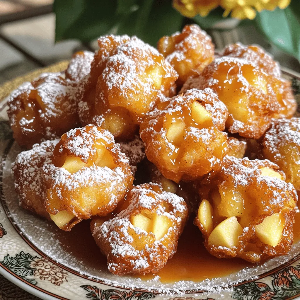To make delicious apple fritter bites, you will need: - 2 medium apples (Granny Smith or Honeycrisp), peeled and diced - 1 cup all-purpose flour - 1/2 cup granulated sugar - 1 teaspoon baking powder - 1/2 teaspoon cinnamon - 1/4 teaspoon nutmeg - 1/4 teaspoon salt - 1/2 cup milk - 1 large egg - 1 teaspoon vanilla extract - 1/4 cup powdered sugar (for dusting) - Oil for frying If you want to try different flavors, you can use other apple types like Fuji or Pink Lady. For a dairy-free option, swap the milk for almond or oat milk. When cooking, accurate measurements matter. Here’s how to measure: - Cups: Use a dry measuring cup for flour and sugar. Fill it, then level it with a knife. - Teaspoons: Use a measuring spoon. Scoop and level off for accuracy. For the best results, always measure flour by spooning it into the cup, not scooping directly. This keeps the flour from packing down, which can make your fritters too dense. Start by prepping the apples. Use two medium apples like Granny Smith or Honeycrisp. Peel and dice them into small pieces. This helps them cook evenly and mix well in the batter. Next, gather your dry ingredients. In a medium bowl, mix together one cup of all-purpose flour, half a cup of granulated sugar, one teaspoon of baking powder, half a teaspoon of cinnamon, a quarter teaspoon of nutmeg, and a quarter teaspoon of salt. Stir this mixture well, so all the flavors blend together. In a separate bowl, combine your wet ingredients. Whisk together half a cup of milk, one large egg, and one teaspoon of vanilla extract. Pour this wet mixture into the dry ingredients. Stir gently, but don’t overmix. A few lumps are okay. Finally, fold in your diced apples until they are evenly spread throughout the batter. Now it’s time to fry! Heat oil in a deep skillet or a heavy-bottomed pot. Aim for a temperature of about 350°F (175°C). This is important. If the oil is too cool, the fritters will soak up too much oil and become greasy. If it’s too hot, they will cook too fast on the outside and stay raw inside. When the oil is ready, use a small cookie scoop or tablespoon. Carefully drop small portions of the apple batter into the hot oil. Fry them in batches. Overcrowding the pot can cool the oil down too much, which makes frying harder. Cook each batch for about 2 to 3 minutes on each side, until they turn golden brown. Once your fritter bites are done, remove them from the oil. Place them on paper towels to drain off any excess oil. While they are still warm, dust them with powdered sugar. This adds sweetness and makes them look even more tempting. For a beautiful presentation, serve the apple fritter bites on a decorative plate. You can drizzle extra powdered sugar or caramel sauce over them. A sprinkle of cinnamon on top adds an extra touch and boosts the flavor. Enjoy these delightful treats with family and friends! For the complete instructions and more tips, check the Full Recipe. To keep your fritter bites light and fluffy, avoid overmixing the batter. Stir gently until the wet and dry ingredients just come together. It’s okay to have some lumps! This small step helps keep the fritters airy. Aim for a thick yet pourable consistency. If it feels too runny, add a bit more flour. Frying time can change based on the size of your bites. Smaller bites cook faster, about 2-3 minutes per side. For larger pieces, add an extra minute. Always check for a golden color. If they brown too fast, reduce the heat slightly. If you run into mishaps, don’t worry. Use a slotted spoon to flip them gently. Spice up your fritters with a pinch of nutmeg or a splash of vanilla extract. Both add a lovely depth of flavor. You can also mix in chopped nuts for crunch. For a sweet finish, drizzle warm caramel or chocolate sauce. These pair perfectly with the warm apple taste. Enjoy experimenting with flavors! {{image_2}} You can change up the flavor of your apple fritter bites. Try using different fruits like pears or peaches. These fruits add a new twist and keep things fun. You can also add flavored extracts, like almond or maple. A dash of nutmeg or ginger can make them even more exciting. If you want a healthier treat, consider baking instead of frying. Baking gives you a lighter bite with less oil. You can also lower the sugar by using honey or maple syrup. These swaps keep the taste but cut back on calories. Pair these fritter bites with ice cream or whipped cream for a treat. They also make a great addition to brunch. Serve them with coffee or hot chocolate for a festive feel. These bites are perfect for any celebration or cozy gathering. For the full recipe, check out the detailed steps to create these irresistible apple fritter bites! To keep your apple fritter bites fresh, store them in an airtight container. This helps keep them soft and tasty. You can line the container with paper towels to absorb any moisture. This method helps them stay crisp longer. Store them at room temperature for up to two days. If you want to keep them longer, place the container in the fridge. They can last up to a week that way. To reheat your apple fritter bites, use an oven or an air fryer. These methods help keep the fritters crispy. Preheat your oven to 350°F (175°C). Place the fritters on a baking sheet and heat for about 5-7 minutes. For the air fryer, set it to 350°F (175°C) and heat for about 3-5 minutes. Both methods work well and keep the bites delicious. Enjoy your warm treats again! What kind of apples are best for apple fritter bites? Granny Smith and Honeycrisp are my favorites. They give a nice balance of sweet and tart. Their firm texture holds up well during cooking. This makes them perfect for fritters. Can I freeze apple fritter bites, and how? Yes, you can freeze them! Once cooled, place them in an airtight container. They can last up to three months in the freezer. Reheat them in the oven to keep them crispy. Can I substitute the milk in this recipe? Absolutely! You can use almond milk or oat milk. Both options work well in this recipe. Just make sure they are unsweetened for best results. What oil is best for frying the fritter bites? I recommend using vegetable oil or canola oil. These oils have high smoke points. They fry the bites evenly without burning. Can I bake these fritter bites instead of frying them? Yes, you can bake them! Preheat your oven to 375°F (190°C). Place the fritter bites on a lined baking sheet. Bake for about 15-20 minutes, flipping halfway through. How can I make apple fritter bites gluten-free? Use a gluten-free flour blend instead of all-purpose flour. This swap keeps the flavor and texture delicious. Make sure other ingredients are also gluten-free, such as baking powder. For these irresistible apple fritter bites, you need simple ingredients. Here’s a quick list: - 2 medium apples (Granny Smith or Honeycrisp), peeled and diced - 1 cup all-purpose flour - 1/2 cup granulated sugar - 1 teaspoon baking powder - 1/2 teaspoon cinnamon - 1/4 teaspoon nutmeg - 1/4 teaspoon salt - 1/2 cup milk - 1 large egg - 1 teaspoon vanilla extract - 1/4 cup powdered sugar (for dusting) - Oil for frying First, mix the dry ingredients in one bowl. In another, whisk the milk, egg, and vanilla. Combine both mixtures and fold in the apples. Heat oil to about 350°F. Drop small scoops of batter into the oil and fry until golden. Dust with powdered sugar while warm. This simple process leads to a tasty treat! For a full recipe with detailed steps, check [Full Recipe]. To create delicious apple fritter bites, we covered everything from ingredients to storage. You learned how to pick the right apples and measure them accurately. We also explored cooking techniques for frying and enhancing flavors. Plus, I shared tips for variations and healthier alternatives. Embrace these ideas to make your fritter bites memorable. Enjoy your culinary adventure, and share these tasty treats with friends and family!