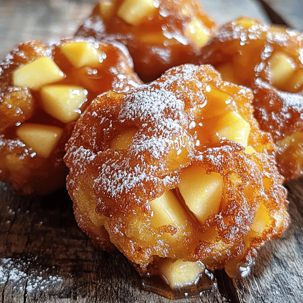 - 2 medium apples (Granny Smith or Honeycrisp), peeled and diced - 1 cup all-purpose flour - 1/2 cup granulated sugar - 1/4 teaspoon baking powder - 1/4 teaspoon baking soda - 1/2 teaspoon cinnamon - 1/4 teaspoon nutmeg - 1/4 teaspoon salt - 1 large egg - 1/2 cup milk - 1/4 cup maple syrup (plus more for glazing) - Vegetable oil for frying - Powdered sugar for dusting I love using Granny Smith or Honeycrisp apples. Granny Smith gives a tart flavor that balances the sweet glaze. Honeycrisp adds a crunchy texture and sweetness. Pick apples that feel firm. Avoid ones with bruises or soft spots. All-purpose flour works best for these fritters. It gives them a nice texture and helps them hold their shape when frying. If you want a lighter fritter, you can mix in some cake flour. This will make them airy and soft. If you need a gluten-free option, use a blend of gluten-free all-purpose flour. Look for a brand that has xantham gum added. This helps mimic the texture of regular flour and keeps the fritters from falling apart. You can swap maple syrup for honey or agave syrup in the glaze. Both give a different but tasty flavor. You can also use powdered sugar with a splash of milk for a simple glaze. Just mix until smooth, and drizzle over the fritters! First, let’s start with the apples. I like to use Granny Smith or Honeycrisp apples. They add a nice tartness. Peel the apples and dice them into small pieces. Aim for about half an inch in size. This way, they cook evenly in the fritters. Next, we prepare the dry ingredients. In a mixing bowl, combine the following: - 1 cup all-purpose flour - 1/2 cup granulated sugar - 1/4 teaspoon baking powder - 1/4 teaspoon baking soda - 1/2 teaspoon cinnamon - 1/4 teaspoon nutmeg - 1/4 teaspoon salt Stir these together until they mix well. This ensures that the flavors blend nicely. Now, let’s mix the wet ingredients. In another bowl, whisk together: - 1 large egg - 1/2 cup milk - 1/4 cup maple syrup Pour the wet mixture into the dry mixture. Mix gently until just combined. Be careful not to overmix; this helps the fritters stay light and fluffy. After that, fold in the diced apples. This step is key. It helps to evenly distribute the apples, giving each bite a burst of flavor. Next, we need to fry the fritters. Heat vegetable oil in a frying pan or deep fryer over medium heat. The oil should reach about 350°F (175°C). Use enough oil to fully submerge the fritters. Once the oil is ready, drop spoonfuls of batter into the hot oil. Do not overcrowd the pan. Fry each fritter for about 3-4 minutes on each side. Look for a golden brown color to know when they are done. After frying, place the fritters on a paper towel-lined plate. This will help drain extra oil. Enjoy the process, and get ready for a tasty treat! To get your fritters just right, keep these tips in mind: - Preventing oil splatter: To avoid mess, use a deep pan or fryer. Heat the oil slowly and avoid adding too many fritters at once. This keeps the oil at a steady temperature. - Tips for achieving golden-brown fritters: Fry at 350°F (175°C). This temperature cooks the fritters evenly. Check for a golden color on both sides. They should take about 3-4 minutes per side. The glaze can make your fritters shine. Here’s how to get it right: - Consistency of the maple glaze: Mix powdered sugar with maple syrup until smooth. Aim for a thick but pourable glaze. Adjust with more syrup or sugar for the right texture. - Methods for even glaze distribution: Drizzle the glaze over warm fritters. Use a spoon for control. Make sure to cover each fritter for a sweet finish. How you serve your fritters can enhance the experience: - Pairing fritters with beverages: These fritters go well with coffee, tea, or cider. The flavors complement each other nicely. - Serving fritters warm vs. cold: Warm fritters are best. They keep the glaze soft and gooey. Cold fritters can be tasty too, but lose that fresh warmth. {{image_2}} You can make your fritters even more exciting! Try adding nuts or raisins to the batter. Nuts give a nice crunch, while raisins add a sweet chewiness. You can also switch up the spices. Instead of cinnamon and nutmeg, try using cardamom or ginger. These spices can bring a new flavor twist to your fritters. The glaze is just the start! You can try other glaze ideas too. For example, a vanilla glaze or a caramel drizzle would taste amazing. Dusting the fritters with cocoa powder can add a rich flavor. You can also use crushed nuts or coconut flakes for a fun topping. These options will make your fritters unique and tasty. Want a healthier treat? You can cut down on sugar. Use less granulated sugar in the batter and glaze. Another option is to bake the fritters instead of frying them. Preheat your oven to 375°F (190°C) and place the fritters on a lined baking sheet. Bake for about 15-20 minutes, or until golden brown. This way, you can enjoy your sweet treat with fewer calories! To keep your fritters fresh, store them in an airtight container. Place parchment paper between layers to avoid sticking. Refrigerate them for up to three days. When you're ready to enjoy, reheat them in the oven at 350°F for about 10 minutes. This keeps them crispy and warm. Freezing fritters is simple. First, let them cool completely. Then, wrap each fritter in plastic wrap. Place them in a freezer bag or container. You can freeze them for up to three months. When you want to eat them, thaw overnight in the fridge. Reheat in the oven at 350°F until warm, about 10-15 minutes. Homemade fritters stay fresh for about three days in the fridge. If they sit longer, check for signs of spoilage. Look for a sour smell or mold. If they feel hard or dry, they may not taste good. Always trust your senses when it comes to food safety. To check if your fritters are done, look for a golden-brown color. This should take about 3-4 minutes on each side. You can also use a meat thermometer. The inside should reach 200°F (93°C). If you cut one open, it should look cooked. No raw batter should be visible. Yes, you can bake the fritters. Preheat your oven to 375°F (190°C). Line a baking sheet with parchment paper. Drop spoonfuls of batter onto the sheet. Bake for about 15-20 minutes. Flip them halfway through for even cooking. Baking won't give you the same crunch, but they will still taste great! If your batter feels thick, add a little more milk. Start with one tablespoon at a time. Mix gently until it reaches the right consistency. You want it to drop easily from a spoon but still hold its shape. If it’s too thin, add a bit more flour. We covered everything you need to make tasty apple fritters. I shared the best ingredients, tips for frying, and serving ideas. You can even switch things up with variations and healthier versions. Remember, the right apples and cooking techniques make a big difference. You can enjoy these fritters warm or cold, and they store well for future treats. Get ready to impress your friends and family with your new skills!
