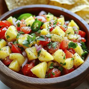 To make your fresh pineapple pico de gallo, you need: - 1 large ripe pineapple, finely diced - 2 medium tomatoes, diced - 1 small red onion, finely chopped - 1 jalapeño pepper, deseeded and minced - 1/4 cup fresh cilantro, chopped - Juice of 2 limes - Salt to taste - 1/2 teaspoon ground cumin (optional for a smoky flavor) For a little twist, you can add: - Diced mango or peach for extra sweetness - Chopped bell peppers for crunch - A dash of chili powder for more heat You will need some tools to prepare this dish: - A sharp knife for dicing - A cutting board for safe prep - A large mixing bowl for combining ingredients - A citrus juicer to easily squeeze the limes - A spoon for mixing everything together First, get your large ripe pineapple. Cut off the top and bottom. Stand the pineapple up. Carefully slice off the skin. Remove any eyes you see. Now, dice the pineapple into small cubes. This step is key for a great texture. In a big mixing bowl, add your diced pineapple. Next, add 2 medium diced tomatoes. Then, toss in 1 small finely chopped red onion. Don’t forget the minced jalapeño pepper! This adds a nice kick. Now, sprinkle in 1/4 cup of chopped cilantro. It brings freshness to your dish. Squeeze the juice of 2 limes over the mix. This gives it a zesty flavor. Add salt to taste. You can also add 1/2 teaspoon of ground cumin if you want a smoky flavor. Gently toss everything together. Let it sit for 15-20 minutes at room temperature. This helps the flavors blend well. Serve your fresh pico de gallo with tortilla chips or on tacos. Enjoy! To get the best flavor, pick a ripe pineapple. Look for a sweet smell and a golden color. Cut the pineapple into small pieces. This helps it mix well with other flavors. Use fresh lime juice for a bright taste. Fresh cilantro adds a nice touch, too. For a bit of heat, add minced jalapeño. Use salt to bring out all the flavors. You can add cumin for a smoky twist. Fresh pineapple pico de gallo shines with many dishes. Try it with crispy tortilla chips for a fun snack. It pairs well with grilled chicken or seafood, adding a tropical flair. Use it as a topping for tacos or burritos. You can also serve it alongside rice and beans for a fresh twist. You can make pineapple pico de gallo a few hours ahead. Just keep it in the fridge until serving. The flavors mix better the longer it sits. But don't let it sit too long. It tastes best fresh. After a day, the texture may change. To keep it fresh, store it in a sealed container. Remember to stir before serving to mix the flavors back together. {{image_2}} You can add other fruits for a fun twist. Try mango or kiwi. Both add sweetness and color. You can also use papaya or even diced strawberries. These fruits mix well with the pineapple. They enhance the fruity taste of the pico de gallo. Feel free to play with what you have! If you like heat, add more jalapeño. You can also use a serrano pepper. For less spice, remove the seeds from the jalapeño. If you want a milder flavor, add a dash of smoked paprika. It gives a warm flavor without extra heat. Adjust the spice to fit your taste! Swap out some ingredients if you want. Instead of red onion, use green onions for a milder taste. You can also try using lemon juice instead of lime. It gives a different zing. For a unique touch, add diced bell peppers or cucumber. These changes keep the recipe fresh and exciting! To keep your Fresh Pineapple Pico de Gallo fresh, store it in an airtight container. Glass or plastic containers work well. Be sure to keep it in the fridge. This will help keep the flavors bright and the texture crisp. Avoid leaving it out at room temperature for long. If it warms up, it can spoil faster. When stored properly, your pico de gallo can last up to three days in the fridge. After that, the fresh ingredients may start to lose their crunch and flavor. If you notice any off smells or changes in color, it’s best to toss it out. Freshness is key for this zesty dish! Pico de gallo is best served cold. So, reheating is not needed. If you find your pico de gallo has lost some zest after a day or two, try adding a little lime juice or fresh cilantro. This will help bring back its bright flavors. Remember, it’s all about keeping it fresh and tasty! Yes, you can make Pineapple Pico de Gallo ahead of time. It tastes even better after some time. The flavors mix well when it sits. I recommend making it a few hours before serving. Just keep it in the fridge until you are ready to eat. You can serve Pineapple Pico de Gallo with many dishes. It pairs well with tortilla chips for a snack. You can also use it as a topping for grilled chicken or seafood. Tacos love this fresh mix too! It adds a burst of flavor to any meal. To store leftover pico de gallo, put it in an airtight container. Keep it in the fridge. It will last about 2-3 days. If it gets watery, just drain the liquid before serving again. Enjoy it fresh for the best taste! This blog post covered how to make Pineapple Pico de Gallo. We discussed the ingredients needed, optional items, and equipment. You learned step-by-step how to prepare and combine the ingredients. Tips on flavor and serving methods helped enhance your dish. Variations offered fun twists, while storage tips ensured freshness. In closing, enjoy this vibrant recipe for parties or snacks. It adds a tasty, tropical flair to any meal.