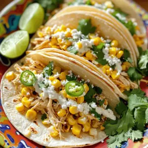- 2 cups cooked chicken, shredded - 2 ears of corn, grilled and kernels removed - 8 small corn tortillas - 1/2 cup mayonnaise - 1 tablespoon lime juice - 1 teaspoon chili powder - 1/2 teaspoon cumin - Salt and pepper to taste - 1/2 cup cotija cheese, crumbled - 1/4 cup chopped fresh cilantro - 1 jalapeño, diced (optional for heat) The main ingredients create a rich base for the tacos. Use cooked chicken that is tender and shredded. Grilling corn adds a nice, smoky flavor. The small corn tortillas hold everything together nicely. The sauce is simple yet packs a punch. Mayonnaise gives it creaminess. Lime juice adds brightness. Chili powder and cumin bring warmth and depth. Adjust salt and pepper to meet your taste. Add toppings for extra flair. Cotija cheese adds a salty bite. Fresh cilantro brings in a burst of freshness. If you like heat, diced jalapeños spice things up. These ingredients blend well together. Each bite of the taco delivers a delightful mix of flavors. Enjoy the burst of taste in every taco you create! First, grab a medium bowl. In it, mix together: - 1/2 cup mayonnaise - 1 tablespoon lime juice - 1 teaspoon chili powder - 1/2 teaspoon cumin - Salt and pepper to taste Stir well until the sauce is smooth. Set it aside for later. Next, take a large skillet and place it over medium heat. Add: - 2 cups cooked chicken, shredded - 2 ears of corn, grilled and kernels removed - Half of the sauce you just made Combine these ingredients. Stir them well. Heat this mixture until it’s warmed through, about 3 to 5 minutes. This step brings out the flavors. Now, it's time for the tortillas. Warm 8 small corn tortillas in a separate dry skillet or over a flame. Heat them for about 30 seconds on each side. This makes them soft and easy to fold. To put it all together, spoon the chicken and corn mixture onto each tortilla. Drizzle the remaining sauce over the filling. Top it off with: - 1/2 cup cotija cheese, crumbled - 1/4 cup chopped fresh cilantro - 1 jalapeño, diced (optional for heat) Enjoy these vibrant and flavorful tacos right away! Don’t forget to serve with lime wedges for that extra zing! To get the best flavor from your corn, start by grilling it. Grill the corn on high heat. This gives it a nice char. The char adds a sweet, smoky taste. Turn the corn every few minutes until you see dark spots. Then, let it cool and remove the kernels. You will love the flavor it brings to your tacos. When you warm the corn tortillas, you must do it right. Heat them in a dry skillet or over a flame. This makes them soft and easy to fold. If they break, they won’t hold your filling well. Warm each side for about 30 seconds. This keeps them pliable and ready for your tasty chicken mix. For a great taco display, use a colorful platter. Arrange the tacos neatly and add lime wedges. Sprinkle some extra cilantro on top for a pop of green. This makes your tacos look fresh and inviting. You can also serve them with extra toppings on the side. Think diced jalapeños or more cotija cheese. This allows everyone to customize their tacos. When it comes to sides, keep it simple. Serve these tacos with a fresh salad or corn chips. A cold drink like agua fresca pairs perfectly too. The fresh flavors balance the rich tacos. It’s a great way to enjoy this meal. Prep your taco components ahead of time. Cook the chicken and grill the corn the day before. Store them in the fridge until you are ready to assemble. You can also mix the sauce ahead of time. This saves you a lot of time during meal prep. When it's time to eat, just warm the chicken and corn. Then, put everything together quickly. It makes dinner stress-free and fun! {{image_2}} You can easily make this dish vegetarian. Just substitute the chicken with black beans or grilled vegetables. Black beans add protein and a nice texture. Grilled veggies like zucchini or bell peppers also give great flavor and color. This way, you can keep the taco fun and tasty without meat. If you like it spicy, you can add more jalapeños. Diced jalapeños on top give a nice kick. You can also try different chili powders like cayenne or chipotle. Each will change the heat level and flavor profile. Adjust it to your taste for a fun twist. Feel free to experiment with spices. Adding smoked paprika can give a unique, deep flavor. Lime zest also brightens the dish with fresh notes. Try mixing these spices into the sauce or the filling. Each change can create a new and exciting taco experience. To store leftover taco filling and tortillas, first, let everything cool down. Place the chicken and corn mixture in an airtight container. You can keep it in the fridge for up to three days. For tortillas, stack them between sheets of parchment paper. Wrap them tightly in foil or plastic wrap. This helps to keep them fresh. Reheat the chicken and corn mixture in a skillet over medium heat. Stir it often to avoid burning. It should take about five minutes to heat through. You can also use the microwave. Just place it in a bowl and cover it with a lid or paper towel. Heat in 30-second bursts until warm. In the fridge, the taco filling lasts for about three days. If you want to keep it longer, freeze it. In the freezer, it can last up to three months. Just make sure to use a freezer-safe container. For tortillas, they can last up to a month in the freezer when wrapped well. If you can’t find cotija cheese, try using feta or queso fresco. Both have a salty taste similar to cotija. Feta is creamier, while queso fresco is milder and crumbles easily. You can also use Parmesan if you want a sharper flavor. Each cheese brings its own twist to the dish, so feel free to experiment! Yes, grilled chicken works well in this recipe! Just chop the grilled chicken into bite-sized pieces. You may want to add it to the skillet with the corn. This keeps the chicken juicy and flavorful. Make sure to mix it with half of the sauce to coat it well. Yes, this recipe can be gluten-free! Use corn tortillas instead of flour tortillas. Many brands offer gluten-free corn tortillas, so check the labels. Always ensure your ingredients are gluten-free to keep the dish safe for those with gluten sensitivities. These tacos are easy and delicious with simple steps and fresh flavors. You learned about the key ingredients, how to make the sauce, and the best ways to serve. You can play with variations like adding grilled vegetables or changing the spice level. Store leftovers properly so they stay fresh. Enjoy these tacos for a fun meal any time! They bring quick joy and great taste to your table.
