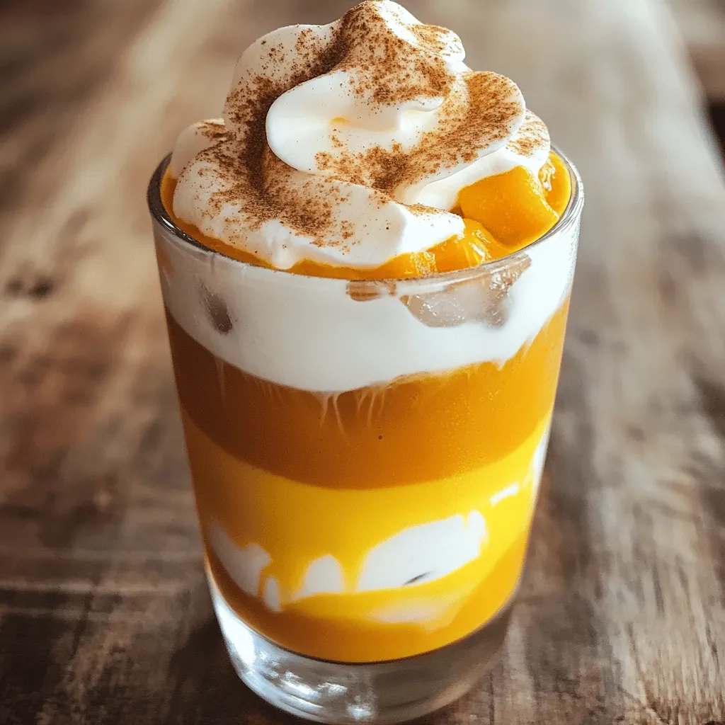 - 2 shots of espresso or strong brewed coffee - 2 tablespoons pumpkin puree - 1 tablespoon brown sugar - 1/2 teaspoon pumpkin spice (or a mix of cinnamon, nutmeg, and ginger) - 1/2 cup milk (dairy or non-dairy) - Ice cubes Each ingredient plays a key role in the drink's flavor. The espresso gives a strong base. Pumpkin puree adds creaminess and a rich taste. Brown sugar sweetens the drink, giving it that warm, caramel-like flavor. Pumpkin spice brings a cozy aroma, perfect for fall. Milk rounds out the drink with a smooth texture. Ice keeps it cool and refreshing. - Whipped cream (optional for topping) - Additional pumpkin spice for garnish Adding whipped cream makes the drink feel like a treat. You can also sprinkle more pumpkin spice on top for extra flavor. If you want to switch things up, try flavored syrups like vanilla or caramel. For milk, use oat, almond, or soy for a different taste. Each type adds its unique flavor and texture. Experiment to find your favorite! - Espresso machine or coffee maker - Shaker - Glass for serving - Frother (optional) An espresso machine helps you make rich shots. If you don’t have one, a coffee maker works too. A shaker is key for mixing your ingredients well. You can serve your drink in any glass you like. A frother is fun for creating that creamy milk texture, but it’s not a must. You can shake the milk in a jar if you don't have one. To make the best Pumpkin Brown Sugar Shaken Espresso, start by brewing strong coffee. You can use espresso or strong brewed coffee based on your taste. Here are some tips: - Use fresh coffee beans for the best flavor. - Grind the beans just before brewing. - Aim for a coffee to water ratio of 1:2 for a strong brew. For espresso, here are some tips to achieve the perfect shot: - Use about 18-20 grams of coffee for double shots. - Tamp the coffee evenly and firmly in the portafilter. - Brew for about 25-30 seconds for the best flavor and crema. Now that you have brewed coffee, let it cool slightly. This step is key to getting the best flavor. Here’s how to mix your drink: 1. In a shaker, combine your pumpkin puree, brown sugar, pumpkin spice, and the cooled espresso. 2. Fill the shaker with ice cubes. 3. Secure the lid tightly and shake vigorously for about 15-20 seconds. This helps blend the flavors and chill the drink. Shaking is important. It creates a frothy texture and mixes the ingredients well. Presentation matters when serving this drink. Here are some tips: - Use a clear glass to show off the layers. - Pour frothed milk slowly over the espresso mix. This creates a beautiful layered look. - Top with whipped cream if you like and add a sprinkle of pumpkin spice for garnish. For food pairings, consider these ideas: - Serve with a slice of pumpkin bread. - Pair with a warm cinnamon roll for a cozy treat. This Pumpkin Brown Sugar Shaken Espresso is not just a drink; it’s an experience. Enjoy every sip of this flavorful delight! For the full recipe, check the earlier sections. To make a great Pumpkin Brown Sugar Shaken Espresso, watch out for common mistakes. One mistake is not cooling your espresso before shaking. Hot espresso can melt the ice quickly, making your drink watery. Let it cool for a few minutes. You can adjust the sweetness and spice levels easily. If you want a sweeter taste, add more brown sugar. For a spicier kick, increase the pumpkin spice. Try tasting as you mix, so you find your perfect blend. Frothing milk can be tricky. If you want smooth, thick foam, use a frother. You can also shake milk in a jar until frothy. Just be careful not to shake too hard or it may spill. To achieve the ideal texture, pour the frothed milk slowly. This will help create that lovely layered look. If your milk is too thick, try using less milk or frothing it less. You can adapt this recipe for different seasons. In summer, try making it iced with cold brew coffee. For winter, add peppermint extract for a festive twist. During the holidays, mix in some eggnog instead of milk. This adds a rich flavor that pairs well with pumpkin. You can also swap in different spices, like allspice or cloves, for a unique taste. For the full recipe, check out the main article! {{image_2}} You can use many spice blends to change the flavor of your drink. Try adding cardamom for a warm kick or allspice for a sweet touch. Each of these spices brings a unique profile. You can create a blend that speaks to your taste. For example, a dash of cayenne can add heat, while vanilla can give sweetness. To serve this drink hot, brew your espresso as you usually would. After that, mix it with pumpkin puree and sugar in a cup. Heat the milk gently on the stove or in the microwave, and pour it in. For iced versions, follow the recipe, but use cold milk. Fill your glass with ice first, then pour the shaken espresso mixture over it. This keeps your drink cool and refreshing. If you want a non-dairy drink, use almond, oat, or coconut milk instead of regular milk. All these options taste great and change the flavor. For toppings, you can look for vegan whipped cream made from coconut or soy. You can also sprinkle cinnamon or cocoa on top for an extra touch. These swaps make the drink tasty and inclusive for everyone. You can prepare some parts of this drink in advance. Brew your espresso and let it cool. Store it in an airtight container in the fridge for up to three days. Pumpkin puree and brown sugar mix well, too. You can blend them ahead of time and keep them in the fridge. Just note, it’s best to add pumpkin spice right before you shake. If you have leftovers, store them in a sealed container for up to two days. Freezing espresso is possible but may change its taste and texture. If you freeze it, pour the espresso into ice cube trays. This way, you can use them later in smoothies or cold drinks. For milk, freezing is trickier. When thawed, it can separate. If you must freeze it, use it in smoothies rather than in this drink. Always thaw slowly in the fridge to keep as much flavor as possible. Most of your ingredients have a good shelf life. Espresso is best used fresh, but brewed coffee lasts about three days in the fridge. Pumpkin puree can last about a week in the fridge once opened. Brown sugar stays good for months if sealed well. Milk, whether dairy or non-dairy, lasts about a week after opening. Always check for freshness before using. Pumpkin Brown Sugar Shaken Espresso is a coffee drink that mixes espresso, pumpkin puree, brown sugar, and spices. It has roots in the popular fall flavors that many love. This drink offers a sweet and spicy blend, perfect for cozy days. The drink became popular as coffee chains introduced pumpkin flavors in the fall. It adds a twist to the classic espresso, making it a delightful treat. Yes, you can! If you don't have espresso, you can use strong brewed coffee instead. Aim for a coffee with a bold flavor. Cold brew is another option to get a similar taste. Brew your coffee strong to match the espresso's richness. This way, you still enjoy the pumpkin and spice flavors. When ordering at coffee shops, simply ask for a Pumpkin Brown Sugar Shaken Espresso. If you want a less sweet drink, request less brown sugar. You can also ask for extra pumpkin spice for a stronger flavor. Many shops offer different milk options, so choose your favorite. If you prefer it hot, ask the barista if they can make it that way. This drink offers some nutritional benefits. Here are a few: - Calories: About 200 calories, depending on milk choice. - Protein: Milk adds protein, which helps you feel full. - Vitamins: Pumpkin is rich in vitamins A and C, great for your health. - Fiber: Pumpkin puree gives fiber, aiding digestion. The blend of flavors not only tastes good but can also be good for you. If you can't find pumpkin puree, you can use butternut squash puree as a substitute. It has a similar texture and flavor. Sweet potato puree also works well. Both options bring a tasty twist. Just remember that the flavor may change slightly, but it will still be delicious. You now know how to make the perfect Pumpkin Brown Sugar Shaken Espresso. We covered the main and optional ingredients, important equipment, and step-by-step brewing and shaking methods. Remember to adjust flavors to suit your taste. With tips on storage and variations, you can enjoy this drink year-round. The key is practice; you'll find your ideal mix with each try. Let's celebrate fall with this delightful drink! Enjoy every sip!