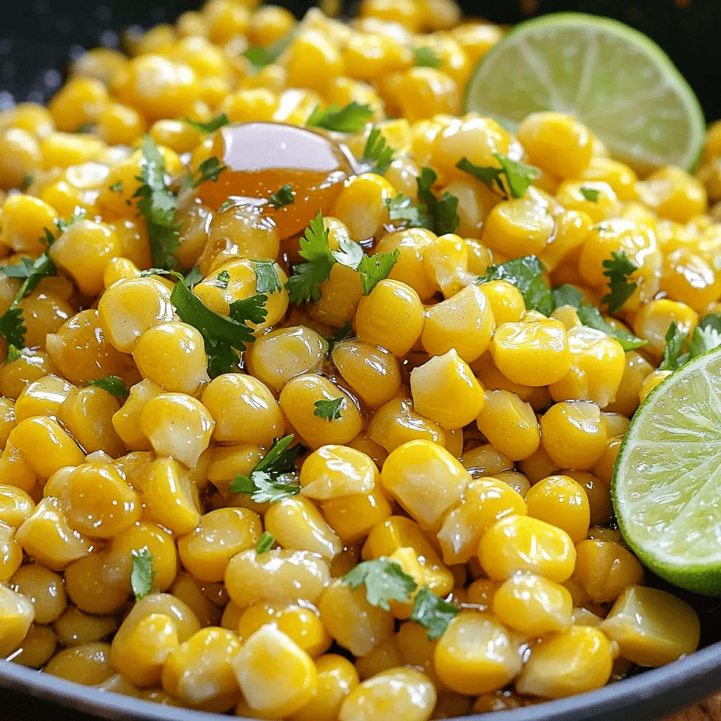 You will need 4 cups of fresh corn kernels. This is about 6 ears of corn. Fresh corn adds great texture and sweetness. You can also use frozen corn if you prefer. Just make sure to thaw it before cooking. Next, gather 4 tablespoons of unsalted butter and 3 tablespoons of honey. The butter gives the dish a rich flavor. Honey adds a sweet touch that pairs well with the corn. Together, they create a delicious glaze. For seasoning, you need 1/2 teaspoon of salt, 1/4 teaspoon of black pepper, and 1/4 teaspoon of paprika. These spices enhance the corn's natural taste. To finish, use 2 tablespoons of fresh cilantro, chopped, for garnish. A squeeze of lime juice from 1 lime adds a bright flavor. Start by cutting the corn from the cobs. Use about six ears of fresh corn. If you prefer, you can use frozen corn. Just remember to thaw it before cooking. This step helps with even cooking and texture. Grab a large skillet and place it on medium heat. Add four tablespoons of unsalted butter. Let it melt until it begins to foam. Next, add the corn kernels to the skillet. Sauté them for about five to seven minutes. Stir occasionally to prevent sticking. You want the corn to soften and get a nice golden edge. Now, drizzle in three tablespoons of honey while stirring the corn. This will coat each kernel nicely. Season with half a teaspoon of salt, a quarter teaspoon of black pepper, and a quarter teaspoon of paprika. Stir everything together. Let it cook for an extra two to three minutes to blend the flavors. Finally, squeeze the juice from one lime over the corn. Stir again and taste. Adjust the seasonings if needed. Transfer your corn to a serving dish and sprinkle fresh cilantro on top. Enjoy your tasty, sweet, and savory dish! To make Honey Butter Skillet Corn, start with fresh corn. Look for ears that feel firm. The husks should be bright green and tightly wrapped. When you peel back the husk, the kernels should be plump and shiny. If fresh corn is not available, frozen corn is a good choice. Just make sure to thaw it before cooking. When sautéing corn, use medium heat. This helps the corn cook evenly. Melt the butter in the skillet until it foams slightly. This shows it is hot enough. Add the corn and stir every few minutes. You want some golden edges for flavor. Cook for about 5-7 minutes. This timing brings out the best taste and texture. Sweetness is key in this dish. Start with the honey, but taste as you go. If it’s too sweet, add a bit more lime juice. Salt and pepper are must-haves too. Use about 1/2 teaspoon of salt. The paprika adds a nice touch, giving a hint of heat. Mix well and taste again. Adjust until the flavors fit your liking. {{image_2}} You can swap honey for other sweeteners. Maple syrup adds a rich flavor. Agave nectar gives a light sweetness. You might even try brown sugar for a caramel touch. Each sweetener changes the taste. Experiment to find your favorite! Want some heat? Try adding red pepper flakes or cayenne. Start with a pinch and taste. You can always add more. A bit of chili powder also works well. These spices make the dish lively and fun! You can make this dish even better by adding veggies. Bell peppers add sweetness and color. Zucchini gives a nice texture. Try mixing in some chopped onions for a savory kick. Just sauté them with the corn for a complete dish! Store leftover corn in an airtight container. Let it cool to room temperature first. Place it in the fridge for up to three days. If you want to keep it longer, consider freezing it. Reheat the corn on the stove for the best taste. Use low heat and add a little butter to keep it moist. Stir often until it warms up. You can also use the microwave. Heat it in short bursts, stirring between each one. To freeze skillet corn, let it cool completely. Transfer it to a freezer-safe bag. Remove as much air as possible to prevent freezer burn. It will last up to six months in the freezer. When you’re ready to use it, thaw it in the fridge overnight before reheating. Yes, you can use frozen corn. Just thaw it before cooking. Frozen corn is quick and easy. It saves time and still tastes great. To add spice, mix in some chili powder or cayenne pepper. Start with a small amount. Taste as you go to find your heat level. You can also add diced jalapeños for a fresh kick. Honey Butter Skillet Corn pairs well with grilled meats or fish. It also goes nicely with tacos or barbecue dishes. Serve it alongside a fresh salad for a complete meal. You’ve learned how to make a tasty dish with fresh corn. We covered key ingredients like corn, butter, and honey. Then, I walked you through how to prepare, cook, and add flavor. I shared tips on picking corn and getting the sauté just right. We explored fun variations and how to store leftovers. Now, you can enjoy a sweet, savory side dish that fits any meal. Cooking can be fun, so don’t hold back. Experiment and make this dish your own!