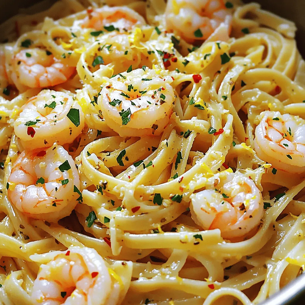 For this Minute Shrimp Scampi Linguine, gather these key items: - 8 oz linguine pasta - 1 lb large shrimp, peeled and deveined - 4 cloves garlic, minced - 1/4 cup unsalted butter - 3 tablespoons olive oil - 1 teaspoon red pepper flakes (adjust to taste) - Juice of 1 lemon - Zest of 1 lemon - Salt and pepper to taste These ingredients come together to create a dish that bursts with flavor. The shrimp adds protein, while the garlic and lemon give it a bright taste. You can enhance your dish with these tasty garnishes: - Fresh parsley, chopped Chopped parsley not only adds color but also a fresh flavor. Feel free to add more if you like! Here’s what you need for cooking: - Large pot for boiling water - Large skillet for sautéing - Colander for draining pasta - Tongs for tossing These tools help make cooking easy and fun. Make sure you have everything ready before you start! To start, you need to cook the linguine. Fill a large pot with water and add salt. Bring it to a boil. Once boiling, add the linguine pasta. Cook it according to the package instructions until it is al dente. This usually takes about 8 to 10 minutes. When done, save 1/2 cup of the pasta water. Then, drain the pasta and set it aside. Now, let’s move to the shrimp. Take a large skillet and set it over medium heat. Add 1/4 cup of unsalted butter and 3 tablespoons of olive oil. Heat them until the butter melts. Next, add 4 minced garlic cloves and 1 teaspoon of red pepper flakes. Sauté this mixture for about 1 minute. You want to smell the garlic! Now, add the peeled and deveined shrimp. Season them with salt and pepper. Cook for 2 to 3 minutes on each side. The shrimp will turn pink when they are ready. After the shrimp is cooked, it’s time to combine everything. Add the cooked linguine to the skillet. Pour in the reserved pasta water, lemon juice, and lemon zest. Toss everything together well. Make sure the pasta is coated and hot. Finally, remove the pan from heat. Sprinkle chopped parsley on top for garnish. Adjust seasoning if needed before serving. To make this dish quick, start boiling water for the linguine first. Use a large pot and add salt. This adds flavor to the pasta. While the water heats, prepare your shrimp and garlic. You can also chop the parsley ahead of time. This way, you save time later. Cook shrimp until they turn pink. This takes about 2-3 minutes per side. If they curl up tightly, they are overcooked. Always season with salt and pepper to enhance their natural flavor. Fresh shrimp is best, but frozen shrimp works too. Just thaw it properly beforehand. Add a splash of white wine after cooking the garlic. This boosts the dish’s flavor. You can also mix in some lemon zest and juice for extra brightness. Adjust red pepper flakes to your taste for more heat. Fresh herbs like basil or dill can add a unique twist. {{image_2}} You can swap shrimp for other proteins. Chicken, scallops, or even tofu work well. Just cut them into small pieces. Cook them the same way you cook the shrimp. This keeps the dish easy and quick. Adding vegetables can boost flavor and nutrition. Try spinach, bell peppers, or zucchini. Sauté them along with the garlic. They add color and make your meal more filling. You can add any veggies you like, just keep them cut small. While linguine is great, other pasta types can shine too. Spaghetti, fettuccine, or even penne can work well. Choose your favorite. The key is to ensure it cooks to al dente. This way, it holds up with the sauce and shrimp. To keep your shrimp scampi linguine fresh, store it in an airtight container. This helps lock in flavor. Place the container in the fridge. It will stay good for up to three days. Make sure to cool the dish to room temperature before sealing. When you want to enjoy your leftovers, reheating is easy. You can use a microwave or a skillet. If using a microwave, heat it for one minute. Stir it halfway through to warm evenly. If using a skillet, add a splash of water or olive oil. Heat over low heat until warmed through. This keeps the pasta from drying out. If you want to save some for later, freezing is a good option. Portion the dish into freezer-safe bags. Remove as much air as you can, then seal. You can freeze it for up to three months. When you're ready to eat, thaw it in the fridge overnight. Reheat it as mentioned above. Enjoy your tasty meal anytime! It takes about 20 minutes to make shrimp scampi linguine. The prep time is 10 minutes, and cooking takes another 10. This dish is quick and easy, perfect for a busy day. Yes, you can use frozen shrimp. Just thaw them before cooking. You can place them in cold water for about 15 minutes. This will save you time and still give you tasty shrimp. You can serve shrimp scampi linguine with a fresh salad or garlic bread. A side of steamed veggies can also be a great choice. Pair it with a light white wine for a nice touch. This guide shared key steps to make shrimp scampi linguine. We covered ingredients, cooking methods, and tips. You can customize the dish by changing proteins or adding veggies. Storing leftovers and reheating is easy, too. Enjoy your meal with family and friends. Cooking can be fun, and this dish is sure to impress. Get creative and make it your own. Happy cooking!