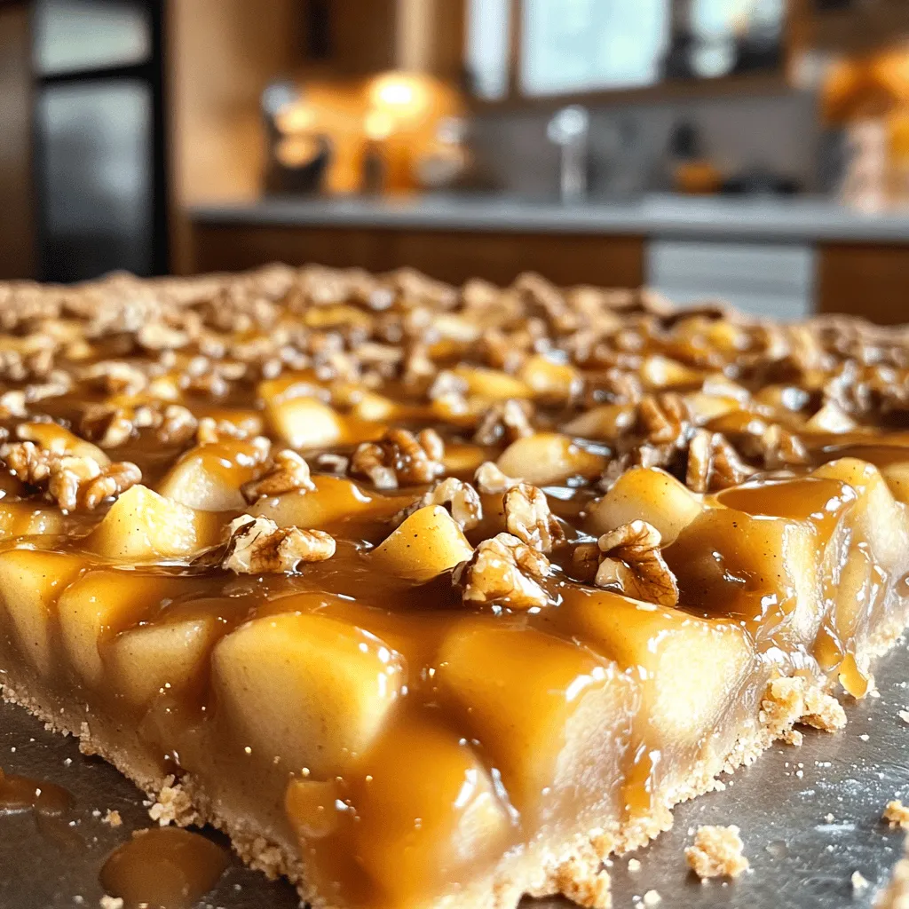 To make delicious caramel apple pie bars, you need: - 2 cups all-purpose flour - 1/2 cup granulated sugar - 1/4 teaspoon salt - 1 teaspoon cinnamon - 1/2 cup unsalted butter, melted - 1 large egg - 4 cups apples, peeled, cored, and diced (mix tart and sweet apples) - 1/2 cup brown sugar - 1 tablespoon lemon juice - 1 teaspoon vanilla extract - 1/2 cup caramel sauce (store-bought or homemade) - Extra caramel sauce for drizzling on top You can add some fun twists to your bars: - 1/4 cup chopped walnuts or pecans for crunch - A pinch of nutmeg for extra warmth - Dried cranberries for a tart kick Choosing the best apples is key. Here’s how to pick them: - Mix tart and sweet: Use a blend like Granny Smith for tartness and Fuji for sweetness. - Freshness matters: Look for firm apples without bruises or soft spots. - Seasonal choices: Fall is the best time for fresh apples. They taste great and are crispier. By following these tips, your caramel apple pie bars will shine with flavor! First, preheat your oven to 350°F (175°C). This step is key to getting the perfect bake. Next, take a 9x13 inch baking pan and line it with parchment paper. Leave some paper hanging over the edges. This will help you lift the bars out easily later. In a large mixing bowl, combine 2 cups of all-purpose flour, 1/2 cup of granulated sugar, 1/4 teaspoon of salt, and 1 teaspoon of cinnamon. Mix these dry ingredients well. Pour in 1/2 cup of melted unsalted butter. Then add 1 large egg to the bowl. Stir until a crumbly dough forms. This dough will be the base of your bars. In another bowl, take 4 cups of diced apples. Peel, core, and dice them first. A mix of tart and sweet apples works best for great flavor. Toss the apples with 1/2 cup of brown sugar, 1 tablespoon of lemon juice, and 1 teaspoon of vanilla extract. Make sure the apples are well coated with this mix. Press about two-thirds of the dough firmly into the bottom of your prepared pan. This will form your crust. Spread the apple mixture evenly over the crust. Drizzle half of the caramel sauce over the apples. If you like, sprinkle 1/4 cup of chopped walnuts or pecans on top. Crumble the remaining dough over the apples. Bake in your preheated oven for 30 to 35 minutes. Look for a golden brown top and tender apples. Once baked, take the pan out of the oven and let it cool completely. This step is important! After cooling, drizzle the remaining caramel sauce over the top for added sweetness. Cut the cooled bars into squares and serve. Enjoy your delicious caramel apple pie bars! To make the best crust, start with cold butter. Cut it into small pieces. This keeps the crust flaky and light. Use a fork or your fingers to mix the butter into the flour mixture. You want small crumbs, not a dough. Press two-thirds of the crust into the pan firmly. This step is key for a strong base. You can change the sweetness based on your taste. If you prefer less sweet, cut back on the brown sugar. You can also add more tart apples. This balances the flavors well. Taste the apple mixture before adding caramel. Adjust it until you find what you love. Making homemade caramel sauce is easy and fun! Use sugar, cream, and butter in a pot. Heat them slowly until they melt together. Stir well to avoid lumps. Let it cool before drizzling on your bars. Homemade caramel gives a richer taste than store-bought. Plus, you can customize the sweetness! {{image_2}} You can make these bars even tastier by adding spices. Try using nutmeg or allspice with the cinnamon. Just a pinch will add warmth and depth. You can also add ginger for a spicy kick. Mix these spices into the flour before making the crust for a big flavor boost. While apples are the star, other fruits work well too. Try adding pears for a sweet twist. Cherries can also add a nice tartness. Just keep the total fruit amount the same. This way, you maintain the right texture and sweetness in the bars. You can make these bars gluten-free easily. Use almond flour or a gluten-free flour blend. Just follow the same measurements. For a vegan option, swap the butter with coconut oil and the egg with flaxseed meal mixed with water. This keeps the bars moist and delicious. To keep your caramel apple pie bars fresh, store them in an airtight container. Place parchment paper between layers to avoid sticking. If you have extra caramel sauce, keep it in a separate container. You can also cover the entire dish tightly with plastic wrap. This helps lock in moisture and flavor. When stored correctly, these bars last for about 3 to 5 days at room temperature. For longer storage, keep them in the fridge. They can stay fresh for up to a week in the refrigerator. Just remember to seal them well to avoid drying out. If you want to enjoy warm caramel apple pie bars, reheating is easy. Preheat your oven to 350°F (175°C). Place the bars on a baking sheet and cover them with foil. Heat for about 10-15 minutes, or until warm. You can also use a microwave for quick reheating. Just warm them for 20-30 seconds. Add a drizzle of caramel sauce before serving for extra flavor! Yes, you can use frozen apples. Just thaw them first. Make sure to drain any extra liquid. This helps keep the bars from getting too soggy. I recommend using a thick caramel sauce. Store-bought works well, but homemade is even better. A rich, creamy sauce adds great flavor to your bars. You can prepare the bars a day in advance. Just store them in the fridge after baking. Let them cool fully before wrapping tightly. This keeps them fresh and tasty. Serve them warm with a drizzle of caramel sauce on top. A scoop of vanilla ice cream on the side makes it extra special. Guests will love this sweet treat! Yes, you can freeze the bars! Cut them into squares and wrap them well. Use plastic wrap or an airtight container. They can last up to three months in the freezer. Just thaw them in the fridge before enjoying. You now have a complete guide to making caramel apple pie bars. We explored key ingredients, step-by-step instructions, and clever tips for success. I shared ways to customize your pie bars and variations to keep things fresh. Remember to store them properly for the best taste. With this knowledge, you can create delicious treats that everyone will love. Enjoy your baking and share these bars with friends and family for a sweet moment!