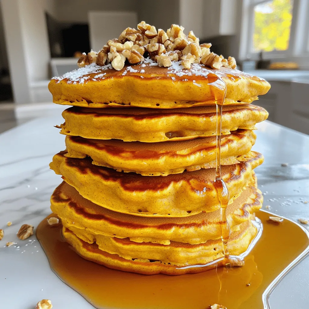 The right ingredients make your pumpkin pancakes tasty and fluffy. Here’s what you need: - 1 cup all-purpose flour - 1/2 cup canned pumpkin puree - 2 tablespoons brown sugar - 1 tablespoon baking powder - 1 teaspoon pumpkin pie spice - 1/2 teaspoon salt - 1 cup milk (or dairy-free alternative) - 1 large egg - 2 tablespoons melted butter (or coconut oil for a dairy-free option) - Maple syrup and crushed walnuts for serving All-purpose flour gives structure to the pancakes. It helps them rise and hold shape. Canned pumpkin puree adds moisture and a rich flavor. It also brings that lovely orange color. Brown sugar adds sweetness and a hint of caramel flavor. You can swap it with white sugar if needed. Baking powder is essential for fluffiness. It helps the pancakes rise as they cook. Pumpkin pie spice gives those warm, cozy flavors. If you don’t have it, mix cinnamon, nutmeg, and ginger. Salt enhances all the flavors in your pancakes. Milk keeps the batter smooth. You can use almond or soy milk for a dairy-free option. Egg adds richness and helps bind the ingredients together. Melted butter adds flavor and moisture. Coconut oil works well if you want to skip dairy. For toppings, maple syrup and crushed walnuts add sweetness and crunch. You can try honey or pecans too! With this ingredient list, you can create a delightful breakfast. They are simple and fun to make! For the Full Recipe, check the earlier section to ensure you don’t miss anything. To make easy pumpkin pancakes, follow these steps carefully. Each step helps ensure your pancakes taste great! 1. Mix Dry Ingredients: In a large bowl, add 1 cup of all-purpose flour, 2 tablespoons of brown sugar, 1 tablespoon of baking powder, 1 teaspoon of pumpkin pie spice, and 1/2 teaspoon of salt. Whisk these together well. This helps the pancake rise and be fluffy. 2. Combine Wet Ingredients: In another bowl, mix 1 cup of milk, 1/2 cup of canned pumpkin puree, 1 large egg, and 2 tablespoons of melted butter. Stir until smooth. This mixture adds moisture and flavor. 3. Combine Wet and Dry: Pour the wet mix into the dry mix. Use a spatula to stir gently. Mix just until you see no dry flour. Some lumps are perfectly fine. Overmixing can make your pancakes tough. 4. Heat the Skillet: Place a non-stick skillet or griddle on medium heat. Lightly grease it with butter or oil. Make sure it’s hot enough before you pour in the batter. 5. Cook the Pancakes: Pour about 1/4 cup of batter onto the skillet for each pancake. Cook until bubbles form on the top, about 2 to 3 minutes. This shows they are ready to flip. 6. Flip and Finish: Carefully flip the pancakes. Cook for another 2 to 3 minutes on the other side. They should be golden brown. 7. Repeat Cooking: Continue with the rest of the batter. Adjust the heat as needed to avoid burning. 8. Serve Warm: Enjoy your pancakes warm! Drizzle with maple syrup and sprinkle with crushed walnuts for crunch. These steps will help you create perfect pumpkin pancakes every time. For the full recipe, check out the earlier section. To make the best pumpkin pancakes, focus on cooking time and temperature. I cook them on medium heat for even browning. Each pancake takes about 2-3 minutes on one side. You know they’re ready to flip when bubbles form on the surface. Avoid common mistakes to keep your pancakes fluffy. Overmixing can make them tough. Stir the batter gently, leaving some lumps. Also, keep an eye on the heat. If the pan is too hot, pancakes may burn before cooking through. Get creative with toppings to enhance your pancakes. Maple syrup is classic, but try adding crushed walnuts for crunch. Fresh fruits like sliced bananas or berries also work well. Pair these pancakes with other breakfast items for a full meal. Consider serving them with yogurt or scrambled eggs. This combo makes for a balanced breakfast that is both tasty and satisfying. For the complete recipe, check out Easy Pumpkin Pancakes. {{image_2}} You can easily change the taste of your pumpkin pancakes. Try adding spices like cinnamon or nutmeg for extra warmth. You can also mix in chocolate chips or nuts for a fun twist. If you want a gluten-free version, replace the all-purpose flour with a gluten-free flour blend. For a vegan option, use flax eggs instead of a regular egg and almond milk in place of dairy milk. Both swaps keep the pancakes delicious and fluffy. When serving, you can choose a sweet or savory style. For sweet, drizzle maple syrup and sprinkle crushed walnuts on top. You might also add fresh fruit like bananas or apples for a burst of flavor. For a savory twist, try adding crispy bacon or a dollop of Greek yogurt. You can serve pancakes stacked high or lay them out on a platter for a fun brunch display. Mixing these styles can make breakfast exciting and delicious. To keep your leftover pancakes fresh, place them in an airtight container. Stack them with parchment paper between each pancake. This method helps prevent sticking. Store the container in the fridge for up to three days. When you're ready to eat, just reheat them. For reheating, use a skillet on low heat. This keeps the pancakes soft and warm. You can also microwave them for 20-30 seconds. Just cover them with a damp paper towel to keep moisture in. Freezing pancakes is easy and a great way to save time. Start by letting your pancakes cool completely. Once they are cool, lay them flat on a baking sheet. Make sure they do not touch each other. Freeze the pancakes for about one hour. After they freeze, transfer the pancakes into a freezer bag. Remove as much air as possible before sealing. Label the bag with the date. You can keep them in the freezer for up to two months. To reheat frozen pancakes, just pop them in the toaster or microwave. If using a microwave, heat them for 1-2 minutes. This will help them taste fresh again. Enjoy your Easy Pumpkin Pancakes anytime! For the full recipe, check out the [Full Recipe]. What can I substitute for pumpkin puree? If you don’t have pumpkin puree, you can use mashed bananas or applesauce. Both add moisture and sweetness. You can also try butternut squash puree for a similar flavor. Just make sure your substitute is smooth and not too watery. Can I make the batter ahead of time? Yes, you can make the batter ahead of time. Store it in the fridge for up to 24 hours. Just remember to stir it gently before cooking. The batter may thicken as it sits, so add a splash of milk if needed. How do I know when pancakes are done cooking? Pancakes are done when they are golden brown on both sides. Look for bubbles forming on the surface. Once the bubbles pop and leave holes, it’s time to flip. Cook for another 2-3 minutes after flipping. Enjoy your pancakes warm! This article covered making easy pumpkin pancakes from the ground up. We explored key ingredients and their roles, plus swaps for dietary needs. I shared step-by-step instructions for smooth mixing and perfect cooking techniques. Helpful tips keep texture right and avoid mistakes. You got ideas for tasty toppings and serving styles, along with how to store and freeze leftovers safely. In short, these pancakes are versatile and easy. You can enjoy them anytime. Make your kitchen come alive with great flavors!