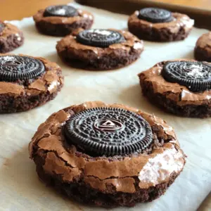 Here is what you need to make Oreo stuffed brownie cookies: - 1 cup unsalted butter (melted) - 1 cup granulated sugar - 1 cup brown sugar (packed) - 1 teaspoon vanilla extract - 4 large eggs - 1½ cups all-purpose flour - 1 cup unsweetened cocoa powder - ½ teaspoon salt - 1 cup chocolate chips (semi-sweet or dark) - 16 Oreo cookies (whole) - ¼ cup powdered sugar (for dusting, optional) Each ingredient plays a key role. The butter gives richness. The sugars add sweetness and help with texture. Eggs bind the dough and help it rise. Flour and cocoa provide structure and flavor. Chocolate chips add extra chocolate goodness. Finally, Oreos bring a fun surprise inside each cookie! Start by preheating your oven to 350°F (175°C). This ensures even baking. Line two baking sheets with parchment paper. This makes cleanup easy and helps cookies not stick. In a large bowl, mix 1 cup of melted butter, 1 cup of granulated sugar, and 1 cup of brown sugar. Add 1 teaspoon of vanilla extract. Stir until the mixture is smooth and creamy. This blend gives your cookies that rich flavor. Crack 4 large eggs into the bowl. Mix well after adding each egg. In another bowl, whisk together 1½ cups of all-purpose flour, 1 cup of cocoa powder, and ½ teaspoon of salt. Slowly add this dry mix to the wet ingredients. Stir gently until just combined. Be careful not to overmix. Now, gently fold in 1 cup of chocolate chips. This adds extra chocolatey goodness to your cookies. Make sure the chips are spread evenly throughout the batter. Use a cookie scoop or tablespoon to take a generous portion of dough. Flatten it slightly in your hand. Place an Oreo cookie in the center and wrap the dough around it. Seal it completely. This is where the magic happens! Place the stuffed brownie cookies on the baking sheets, leaving space between each. Bake for 12-14 minutes. The edges should be firm, and the centers should look soft. Once baked, let them cool on the sheets for 5 minutes. Then, transfer the cookies to a wire rack to cool fully. If you want a sweet touch, sprinkle the cooled cookies with ¼ cup of powdered sugar. This makes them look and taste even better. Enjoy your delicious Oreo stuffed brownie cookies! To make the best Oreo stuffed brownie cookies, follow these key steps: - Use room temperature eggs. This helps blend them well. - Don’t overmix the batter. A few lumps are fine; it keeps cookies soft. - Chill the dough for 30 minutes. This helps cookies hold their shape when baking. Dry cookies can ruin your treat. Here’s how to keep them moist: - Measure flour correctly. Use a spoon to fill the cup, then level off. - Add chocolate chips. They melt and keep the cookies gooey. - Bake until just set. Remove them when the edges are firm and centers look soft. To keep your cookies fresh, store them right: - Use an airtight container. They stay soft for up to one week. - Reheat in the microwave. Just 10-15 seconds will warm them nicely. - For a crispy edge, bake for 2 minutes. This brings back that fresh-baked taste. {{image_2}} You can use many types of Oreo cookies for this treat. Classic Oreos work great. You might also try the peanut butter, mint, or birthday cake flavors. Each type adds a unique twist. Feel free to get creative! The flavor will change based on the Oreo you choose. Your cookies can surprise your taste buds with each bite. If you want a crunchy texture, add nuts. Chopped walnuts or pecans blend well with the brownie mix. You can also mix in mini marshmallows or caramel bits. These extras bring new flavors to each cookie. Just ensure you don’t overfill them. You want a nice balance of brownie and stuffing. To make gluten-free Oreo stuffed brownie cookies, swap all-purpose flour with a gluten-free mix. Ensure the mix can replace flour in equal amounts. For dairy-free cookies, use dairy-free butter. There are also dairy-free chocolate chips available. Always check labels to confirm they are dairy-free. These swaps let everyone enjoy the cookies! Oreo stuffed brownie cookies taste great with ice cream. Vanilla pairs well, but you can try chocolate or cookies and cream too. The warm cookie will melt the ice cream slightly. This makes every bite creamy and delightful. You can also add toppings like hot fudge or whipped cream for extra fun. When serving these cookies at a party, try stacking them on a nice platter. Dust with powdered sugar for a pretty touch. You can also create a dessert bar. Include toppings and sauces for guests to customize their cookies. This adds excitement and lets everyone enjoy their own sweet treat! To drink with these cookies, milk is a classic choice. You can also serve coffee or hot chocolate for a cozy feel. For something different, try a cold brew or a sweet iced tea. Each drink complements the rich flavors of the cookies nicely. Yes, you can use various types of chocolate. Semi-sweet and dark chocolate chips work great. You can also try milk chocolate for a sweeter taste. Mixing different chocolates adds depth to the flavor. These cookies last about five days when stored properly. Keep them in an airtight container at room temperature. They may stay fresh a bit longer in the fridge. However, they taste best within the first few days. Absolutely! You can freeze these cookies for up to three months. To freeze, place them in a single layer on a baking sheet. Once frozen, transfer them to a freezer-safe bag or container. Store your cookies in an airtight container. This keeps them soft and fresh. If you stack them, place parchment paper between layers. This prevents sticking and keeps them looking great. You now know how to make delicious Oreo stuffed brownie cookies. We've covered the key ingredients, step-by-step instructions, and helpful tips. Variations let you customize to your taste. Serve them at parties or pair with ice cream for a treat. Remember to store them right to keep them fresh. Enjoy baking these tasty cookies and impress your friends! Happy baking!