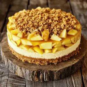 To make a great apple crisp cheesecake, you need these ingredients: - For the Crust: - 1 ½ cups graham cracker crumbs - ⅓ cup granulated sugar - ½ cup unsalted butter, melted - For the Cheesecake Filling: - 24 oz cream cheese, softened - 1 cup granulated sugar - 3 large eggs - 1 teaspoon vanilla extract - 1 teaspoon cinnamon - For the Apple Filling: - 3 cups apples, peeled, cored, and diced (sweet varieties like Honeycrisp or Fuji work well) - ¼ cup brown sugar - 1 teaspoon cinnamon - 1 tablespoon lemon juice - For the Crisp Topping: - 1 cup rolled oats - ½ cup all-purpose flour - ½ cup brown sugar - ½ teaspoon cinnamon - ½ cup unsalted butter, melted You can swap some ingredients based on your needs: - Graham Cracker Crumbs: Use crushed cookies or gluten-free alternatives for crust. - Cream Cheese: Neufchâtel works if you want a lighter cheesecake. - Granulated Sugar: Coconut sugar can replace granulated sugar for a healthier choice. - Apples: Other sweet apples like Gala or Golden Delicious can be used. - Butter: Coconut oil can replace butter for a dairy-free version. Each slice of this apple crisp cheesecake has about: - Calories: 350 - Total Fat: 20g - Saturated Fat: 10g - Cholesterol: 85mg - Sodium: 250mg - Total Carbohydrates: 38g - Dietary Fiber: 2g - Sugars: 22g - Protein: 5g This dessert, while indulgent, offers a delightful treat. For the full recipe, check out the detailed instructions. Start by preheating your oven to 325°F (160°C). This step is key to getting the cheesecake just right. Next, grab a 9-inch springform pan. This type of pan helps the cheesecake come out easily. Line the bottom with parchment paper for easy removal later. In a medium bowl, mix 1 ½ cups of graham cracker crumbs, ⅓ cup of granulated sugar, and ½ cup of melted unsalted butter. Use a fork to combine the ingredients until they look like wet sand. Press this mixture into the bottom of your springform pan. Bake it for 10 minutes. This gives your crust a nice, firm base. Let it cool while you make the rest. For the apple filling, take 3 cups of peeled and diced apples. Sweet apples like Honeycrisp or Fuji work best. In a bowl, mix the apples with ¼ cup of brown sugar, 1 teaspoon of cinnamon, and 1 tablespoon of lemon juice. Stir until the apples are well-coated. Set this mixture aside so the flavors can blend. In a large bowl, beat 24 oz of softened cream cheese with an electric mixer until it is smooth. Gradually add 1 cup of granulated sugar while mixing. Add 3 large eggs one at a time, mixing until just combined. Finally, stir in 1 teaspoon of vanilla extract and 1 teaspoon of cinnamon. This mixture should be creamy and fluffy. Start by pouring half of the cheesecake filling into your cooled crust. Then, add the apple filling on top, spreading it evenly. Finally, add the rest of the cheesecake filling over the apples. Smooth the top with a spatula for an even layer. Now, let’s make the crisp topping. In a bowl, mix 1 cup rolled oats, ½ cup all-purpose flour, ½ cup brown sugar, and ½ teaspoon cinnamon. Drizzle in ½ cup of melted butter. Stir until crumbly. Sprinkle this topping over the cheesecake layers. Bake everything in the oven for 55-60 minutes. The center should be set but still jiggle slightly. Once done, turn off the oven and crack the door open. Let the cheesecake cool inside for 1 hour. After that, refrigerate it for at least 4 hours or overnight. This chilling time helps set the flavors and texture. One mistake is overmixing the cheesecake filling. If you mix too much, it can become too airy. This will make your cheesecake crack. Another common error is not letting the cheesecake cool slowly. If you rush this step, it may sink in the middle. Always allow the cheesecake to cool gradually. Lastly, avoid using too many wet apples. They can make the cheesecake soggy. To get a smooth filling, make sure your cream cheese is at room temperature. This helps it blend easily. When adding eggs, mix just until combined. Overmixing adds air, leading to cracks. For a creamy texture, bake the cheesecake in a water bath. This keeps the heat gentle, which helps prevent cracks. Serve your cheesecake chilled for the best flavor. You can drizzle caramel sauce on top for added sweetness. A sprinkle of cinnamon or nutmeg adds a nice touch. For a pop of color, add fresh apple slices on the side. A dollop of whipped cream also makes a lovely addition. You can find the Full Recipe in the earlier sections for all the details. {{image_2}} You can change the flavor of your cheesecake. Try using pumpkin spice for a warm twist. Just add pumpkin puree and pumpkin pie spice to the cheesecake filling. This makes it rich and cozy, perfect for fall. You can also swap apples for pears or berries for a fresh flavor. Need a gluten-free option? It's easy! Use gluten-free graham cracker crumbs for the crust. Also, switch out regular flour for almond flour or oat flour in the crisp topping. This keeps it tasty while being friendly for gluten-free diets. If you love bite-sized treats, try mini apple crisp cheesecakes! Use a muffin tin instead of a springform pan. Line the cups with paper liners. Fill them with the crust, then layer the cheesecake and apple filling. Bake for about 25-30 minutes. They are cute and perfect for parties. These variations allow you to play with flavors and make the dessert your own. For the full recipe, check out the complete steps provided earlier! To keep your apple crisp cheesecake fresh, store any leftovers in the fridge. Use an airtight container or cover the cheesecake with plastic wrap. This will prevent it from drying out. Leftovers should stay good for up to five days. If you want to enjoy them later, consider freezing. Freezing this cheesecake is easy. First, let the cheesecake cool completely. Then, wrap it tightly in plastic wrap. After that, place it in a freezer-safe container. This way, it won’t absorb any odors from the freezer. You can freeze it for up to three months. When you’re ready to eat, simply thaw it in the fridge overnight. If you want to warm up your cheesecake, avoid using the microwave. This could make it soggy. Instead, place the slices in a preheated oven at 300°F (150°C) for about 10-15 minutes. This will help restore its creamy texture. Remember to check often so it doesn’t get too warm. Enjoy your dessert at its best! For the full recipe, check back to ensure you have everything you need. You can tell the cheesecake is done when the edges look set, but the center still jiggles a bit. It should not look liquid. The jiggle means it will finish cooking as it cools. You can also check with a toothpick; it should come out mostly clean, but a little filling is okay. Yes, you can make this cheesecake a day or two ahead. Just bake it, cool it, and chill it in the fridge. This helps the flavors mix well. It tastes even better the next day as the apples soak up the flavors. I recommend using sweet apples like Honeycrisp or Fuji. They hold their shape well and add a nice sweetness. You can also mix in some tart apples like Granny Smith for balance. This mix gives a great flavor and texture to your cheesecake. After chilling, remove the sides of the springform pan. Cut the cheesecake into wedges. You can serve it plain or add some caramel sauce or whipped cream. This adds a nice touch and makes it look fancy. Enjoy the layers of flavor with each bite! This blog post covered all you need for a delicious Apple Crisp Cheesecake. We looked at ingredients, step-by-step instructions, and clever tips. I shared variations to try and showed how to store your cheesecake. Remember, making this dessert is fun and rewarding. With practice, you’ll impress friends and family every time you bake. Enjoy your tasty creation!