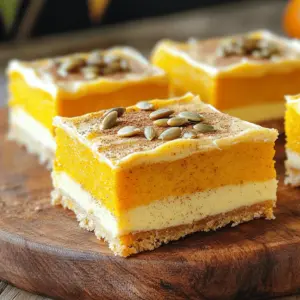 - 1 cup pumpkin puree (canned or fresh) - 1 cup granulated sugar - 1/2 cup brown sugar - 1/2 cup vegetable oil - 2 large eggs - 1 teaspoon vanilla extract - 1 1/2 cups all-purpose flour - 1 teaspoon baking powder - 1 teaspoon baking soda - 1 teaspoon ground cinnamon - 1/2 teaspoon ground nutmeg - 1/4 teaspoon ground ginger - 1/4 teaspoon salt - 1/2 cup butter, softened - 1 cup brown sugar - 1/4 cup milk - 2 cups powdered sugar - 1 teaspoon vanilla extract - 9x13 inch baking pan - Mixing bowls - Whisk and spatula - Saucepan for frosting When making pumpkin bars, you’ll need some key items. First, the pumpkin puree is essential. It gives the bars a rich flavor and moistness. You can use canned or fresh pumpkin. Both work well. Next, the sugars add sweetness. I like to combine granulated sugar and brown sugar for depth. The brown sugar brings a hint of caramel flavor. You also need vegetable oil for moisture and eggs to bind everything together. For spices, ground cinnamon, nutmeg, and ginger create that classic fall flavor. The flour, baking powder, and baking soda help the bars rise and stay fluffy. Don’t forget the salt! It balances the sweetness. Now, onto the frosting. You need butter and brown sugar, which create a creamy texture. Milk helps to make it smooth. Finally, powdered sugar adds sweetness and thickness. Before you start baking, gather all these ingredients and equipment. This will make the process smoother. If you're curious about the full recipe, check out the [Full Recipe]. 1. Preheat your oven to 350°F (175°C). This step is key for even baking. 2. In a large mixing bowl, combine these wet ingredients: - 1 cup pumpkin puree (canned or fresh) - 1 cup granulated sugar - 1/2 cup brown sugar - 1/2 cup vegetable oil - 2 large eggs - 1 teaspoon vanilla extract Mix these until they are smooth and well-blended. 3. In another bowl, mix the dry ingredients: - 1 1/2 cups all-purpose flour - 1 teaspoon baking powder - 1 teaspoon baking soda - 1 teaspoon ground cinnamon - 1/2 teaspoon ground nutmeg - 1/4 teaspoon ground ginger - 1/4 teaspoon salt Whisk well to combine. 4. Gently add the dry mix to the wet mix. Stir until just combined. Do not overmix; the batter should be thick and smooth. 5. Pour the batter into a greased 9x13 inch baking pan. Spread it evenly. 6. Bake for 25-30 minutes. Check doneness by inserting a toothpick. It should come out clean. Let the bars cool in the pan on a wire rack. 7. While the bars cool, melt 1/2 cup butter and 1 cup brown sugar in a saucepan over medium heat. Stir continuously. 8. Add 1/4 cup milk and bring to a boil. Then, remove from heat and let it cool slightly. 9. Gradually whisk in 2 cups powdered sugar and 1 teaspoon vanilla extract until smooth and fluffy. 10. Once the bars are cool, spread the brown sugar frosting evenly on top. Now, cut into squares and serve. For the full recipe, check the section above. To get the best pumpkin bars, ensure your pumpkin puree is not too watery. If it is, your bars may turn out soggy. Drain any excess liquid before using it. Also, avoid overmixing the batter. Gently stir the wet and dry ingredients together until just combined. This will help keep your bars light and fluffy. When making your brown sugar frosting, let the mixture cool slightly after boiling. This keeps the frosting from melting when you spread it on the bars. You can also adjust the sugar in the frosting. If you want it sweeter or less sweet, simply add more or less powdered sugar to your taste. For a lovely presentation, serve your pumpkin bars on a decorative platter. A simple dusting of cinnamon adds a nice touch. You can also garnish with pumpkin seeds or chopped pecans. This adds a nice crunch and enhances the overall look. For the full recipe, check out the complete guide! {{image_2}} You can change up the flavor of your pumpkin bars easily. Here are a few fun ideas: - Add chocolate chips: Fold in a cup of semisweet chocolate chips for a rich taste. - Include nuts: Toss in half a cup of chopped walnuts for crunch and flavor. - Experiment with spices: Try adding cloves or allspice instead of just cinnamon. This adds warmth and depth. These small changes can make your pumpkin bars unique and exciting! If you want to switch up the frosting, consider these options: - Cream cheese frosting: This adds a tangy flavor. Mix 8 oz of cream cheese with 1/2 cup of butter, 3 cups of powdered sugar, and vanilla. - Maple syrup glaze: Mix 1 cup of powdered sugar with 2 tablespoons of maple syrup and a bit of milk. This offers a sweet, fall-inspired twist. These alternatives can give your pumpkin bars a whole new personality! You can also make the recipe fit different diets with these swaps: - Coconut oil: Replace vegetable oil with coconut oil for a slight coconut flavor. It adds nice richness. - Gluten-free flour: Use a 1:1 gluten-free flour blend instead of all-purpose flour. This way, everyone can enjoy your treat. With these variations, your pumpkin bars can cater to different tastes and dietary needs, making them a hit for any gathering! For the full recipe, check out the details above. Keep your pumpkin bars covered at room temperature for 3-4 days. This helps keep them soft and moist. For long-term storage, refrigerate the bars in an airtight container. They will last up to a week. You can also freeze them for up to 3 months. You can freeze them either unfrosted or frosted. Just make sure to wrap them well. To enjoy your pumpkin bars warm, just warm them in the microwave for a few seconds. They taste great cold or at room temperature too. You can find the Full Recipe for more details. Yes, you can use homemade pumpkin puree instead of canned. Fresh pumpkin has a great taste. To make puree, cook the pumpkin until soft, then blend it. This adds a lovely texture and flavor to your bars. Cut into squares using a sharp knife for clean edges. A sharp knife helps keep the frosting intact. For best results, cut when the bars are completely cool. This way, you get nice, even pieces that look great on a plate. Absolutely! These bars can be made a few days in advance and stored. Keep them in an airtight container at room temperature. This helps the flavors develop even more. You can frost them right before serving for a fresh look. You can use coconut sugar or a mixture of granulated sugar and molasses. Coconut sugar gives a caramel-like taste. If you use granulated sugar, mix it with molasses in a 1:1 ratio. This makes a great substitute for brown sugar in the frosting. These pumpkin bars are simple to make and taste great. You learned about the key ingredients, how to bake them, and tips for the best texture. Variations let you change flavors, and storage ideas help keep them fresh longer. Feel free to try new frostings or add mix-ins like chocolate chips or nuts. Enjoy the joy of creating your own delicious pumpkin bars!