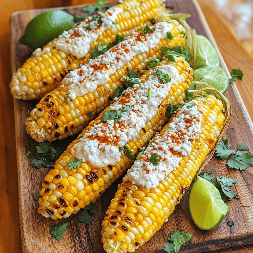 To make this tasty grilled corn, you will need the following items: - 4 ears of fresh corn, husked - 1/2 cup mayonnaise - 1/2 cup sour cream - 1 cup crumbled cotija cheese (or feta cheese) - 2 tablespoons lime juice - 1 teaspoon chili powder - 1/2 teaspoon garlic powder - Fresh cilantro, chopped (for garnish) - Lime wedges (for serving) - Salt and pepper to taste If you can't find cotija cheese, you can use feta cheese instead. It gives a similar taste and texture. For a lighter option, swap mayonnaise with Greek yogurt. You can also use lemon juice if you run out of lime juice. For spice lovers, try adding cayenne pepper to the mix for extra heat. When choosing corn, look for ears with bright green husks. The silk should be light brown and slightly sticky. Fresh corn should feel firm and heavy for its size. If possible, buy corn the same day you grill it. This keeps it sweet and juicy. Always check for any dark spots or blemishes on the kernels. Start with fresh corn. You need four ears. First, husk the corn and take off the silk. Rinse each ear under cold water and pat them dry with a cloth. This step makes sure your corn is clean and ready for grilling. In a medium bowl, mix the sauce. Combine 1/2 cup of mayonnaise and 1/2 cup of sour cream. Add 2 tablespoons of lime juice for a bright taste. Stir in 1 teaspoon of chili powder and 1/2 teaspoon of garlic powder. Season with salt and pepper. This sauce is key for flavor. Preheat your grill to medium-high heat. Once hot, place the corn directly on the grill. Grill the corn for 10-15 minutes. Turn it every few minutes to char all sides. When done, the corn should be tender and slightly blackened. Remove it from the grill and let it cool for a bit. Brush the corn with the sauce you made. Make sure to cover it well. Next, roll the corn in crumbled cotija cheese. You want to coat all sides. For an extra kick, sprinkle more chili powder on top. Garnish with fresh cilantro and serve hot. Add lime wedges on the side for more zing. To get those perfect grill marks, start with hot grates. Preheat your grill to medium-high heat, around 400°F. Place the corn on the grill and leave it alone for a few minutes. Don’t keep moving it! After about three to four minutes, turn the corn a quarter turn. This gives you those nice, dark grill lines. Rotate the corn every few minutes until it is evenly charred. If you want more heat, add more chili powder to the sauce. You could also sprinkle some cayenne pepper for a kick. If you prefer less spice, cut back on the chili powder. You can also skip it altogether. Taste the sauce before spreading it on the corn. This way, you can adjust the flavors to your liking. Serve the corn hot right off the grill. I like to brush extra sauce on each ear for more flavor. Roll the corn in crumbled cotija cheese for a creamy touch. Don’t forget to sprinkle fresh cilantro on top. Serve lime wedges on the side to add a zesty twist when you bite in. Enjoy this dish with friends or at family gatherings. It’s a hit every time! {{image_2}} You can use several cheeses with grilled Mexican street corn. Cotija cheese is the classic choice. It adds a salty, crumbly texture. However, you can also try feta cheese. Feta brings a tangy flavor that pairs well with corn. If you want a creamier option, use queso fresco. This cheese melts slightly, making the corn extra delicious. Making this dish vegetarian is easy. Just skip the mayonnaise and sour cream. Instead, use a mix of avocado and lime juice. This keeps the creamy texture without dairy. For a vegan version, use plant-based mayonnaise. You can also use coconut yogurt for added creaminess. This way, everyone can enjoy the dish. You can boost the flavor of your grilled corn in many ways. Try adding a sprinkle of smoked paprika for a smoky taste. You can also mix in some chopped jalapeños for heat. If you love garlic, increase the garlic powder in the sauce. For a sweet touch, drizzle honey or agave syrup over the corn. These small changes can make your dish unique and tasty. To keep your grilled corn fresh, store it properly. Let the corn cool down first. Wrap each ear in plastic wrap or foil. You can also place it in an airtight container. Store it in the fridge for up to three days. Reheating is easy. You can use the grill or the microwave. For the grill, heat it over medium heat for a few minutes. Turn it often to warm up evenly. If using the microwave, place the corn on a plate. Cover it with a damp paper towel. Heat for about one minute, checking to make sure it is warm. If you want to save corn longer, freezing works well. First, cut the corn off the cob. Place the kernels in a freezer bag. Remove as much air as possible before sealing. Label the bag with the date and store it in the freezer. The corn will last for about six months. When ready to use, thaw it in the fridge overnight before cooking. Mexican street corn, or elote, is a popular snack in Mexico. It features grilled corn on the cob. Vendors often coat it in mayonnaise, sour cream, and cheese. Then, they sprinkle chili powder and lime juice on top. This dish is tasty, messy, and full of flavor! Yes, you can make grilled Mexican street corn in the oven. Preheat your oven to 400°F. Husk the corn and place it on a baking sheet. Brush it with oil or butter. Roast for about 20 minutes, turning halfway. Follow the same sauce and topping steps after roasting. To add spice, try these ideas: - Use more chili powder in your sauce. - Add cayenne pepper for extra heat. - Mix in hot sauce with the mayo and sour cream. - Top with diced jalapeños or spicy cheese. These options will give your corn a kick! Grilled Mexican street corn pairs well with many dishes. Here are a few ideas: - Tacos: Any filling works great. - Grilled meats: Chicken or steak complements the flavors. - Salads: A light salad balances the richness. - Rice dishes: Try it with Mexican rice or cilantro lime rice. These pairings will enhance your meal! This blog post covered key ingredients for grilled corn, including substitutions and selection tips. I shared step-by-step instructions for prepping corn, making sauce, and grilling. We discussed tips for great grill marks and spice levels, plus serving suggestions. I highlighted variations like different cheeses and vegetarian options. Lastly, I provided storage info for leftovers and answered common questions about the dish. Grilled corn is fun to prepare and can please everyone. Enjoy experimenting with flavors and sharing this tasty treat.
