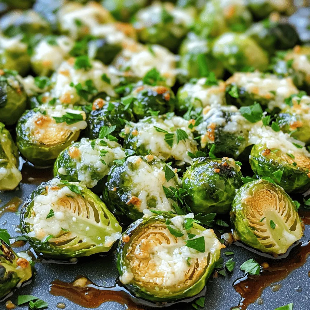 - 1 lb Brussels sprouts, trimmed and halved - 3 tablespoons olive oil - 4 cloves garlic, minced - 1/2 cup grated Parmesan cheese - 1 teaspoon garlic powder - 1/2 teaspoon salt - 1/2 teaspoon black pepper - 1 tablespoon balsamic vinegar (optional) - Fresh parsley, chopped (for garnish) Gathering the right ingredients is key for great flavor. First, choose fresh Brussels sprouts. They should be firm and bright green. Trim the ends and cut them in half for even cooking. Next, get quality olive oil. It adds richness and helps the Brussels sprouts crisp up nicely. The garlic is crucial to this dish. Use fresh cloves for the best taste. Mince them finely so they mix well. Parmesan cheese brings a salty, nutty flavor. Grate it fresh for the best texture and melt. For seasoning, garlic powder adds a nice boost. Salt and black pepper bring out the flavors. If you like a hint of sweetness, balsamic vinegar is perfect. It adds depth and tang. Fresh parsley adds a pop of color and freshness when serving. These ingredients work together to create a dish that is both tasty and satisfying. - Preheat the oven to 425°F (220°C). - In a large mixing bowl, combine: - 1 lb Brussels sprouts, trimmed and halved - 3 tablespoons olive oil - 4 cloves garlic, minced - 1 teaspoon garlic powder - 1/2 teaspoon salt - 1/2 teaspoon black pepper - Toss the mixture until the Brussels sprouts are well coated. - Spread the seasoned Brussels sprouts in one layer on a baking sheet. - Roast in the oven for 20 minutes. - After 20 minutes, take the baking sheet out and sprinkle with: - 1/2 cup grated Parmesan cheese - Return to the oven and roast for another 10 to 15 minutes. - The Brussels sprouts should be crispy and golden brown. - Drizzle with balsamic vinegar right before serving, if you like. - Garnish with chopped fresh parsley for a nice touch. Serve hot. - Use a single layer for even roasting. Crowding leads to steaming. - Adjust oven temperature for personal preference. Higher heat gives more crunch. - Experiment with different seasonings. Try smoked paprika or Italian herbs. - Consider adding lemon zest for brightness. This adds a nice fresh taste. - Plate the Brussels sprouts attractively. A colorful dish catches the eye. - Use fresh herbs for garnish. Parsley adds a touch of green and flavor. {{image_2}} For a tasty twist, you can try different cheeses. Pecorino Romano adds a sharp bite. Asiago gives a nutty flavor that pairs well with Brussels sprouts. If you want a plant-based meal, use vegan cheese. Many brands offer great alternatives that melt nicely. Want to spice things up? Add red pepper flakes for a nice kick. Just a pinch will do! You can also add chopped bacon or pancetta. This will bring a rich, savory flavor that makes the dish even better. If you want to save time, try using an air fryer. This method cooks the sprouts faster while keeping them crispy. Just set it to 375°F and cook for about 15 minutes. For a fun twist, grill your Brussels sprouts. This method adds a smoky flavor that is hard to resist. Just place them on a grill basket, and enjoy! Cool your Garlic Parmesan Roasted Brussels Sprouts completely before storage. This step helps keep them fresh. Once cooled, place the sprouts in an airtight container. Store them in the refrigerator for up to three days. Keeping them sealed prevents moisture loss and retains flavor. To reheat, the oven method works best. Preheat your oven to 350°F (175°C). Place the sprouts on a baking sheet and heat for about 10–15 minutes. This keeps them crispy and delicious. If you need a quicker option, use the microwave. Heat on medium power for 1–2 minutes, checking to avoid sogginess. You can freeze these sprouts, which is great for meal prep. Portion the sprouts into smaller bags or containers before freezing. This makes it easy to grab a serving later. To reheat from frozen, bake at 350°F (175°C) for 20–25 minutes. Alternatively, let them thaw overnight in your fridge for even cooking. Yes, you can use frozen Brussels sprouts, but fresh is best. Frozen sprouts tend to be softer. If you use them, thaw and drain them first. Pat them dry to avoid sogginess. This helps them crisp up better when roasted. Adjust the cooking time to about 25-30 minutes to ensure they cook through. Roast the Brussels sprouts for 20 minutes at 425°F. After that, add Parmesan and roast for another 10-15 minutes. The goal is to have them crispy and golden brown. You can check for doneness by piercing one with a fork. It should be tender inside. Adding balsamic vinegar is not required but highly recommended. It gives a tangy flavor that balances the rich cheese. If you prefer, you can use lemon juice or skip it entirely. Both options still taste great and add a unique twist. You learned how to make delicious roasted Brussels sprouts. We covered the main ingredients, seasoning tips, and variations. You can try new cheeses or cooking methods to make this dish your own. Remember to store leftovers properly for future meals. Roasting these sprouts provides great flavor, and you can adjust the spice to fit your taste. Enjoy experimenting and sharing this simple yet tasty recipe with others. Happy cooking!