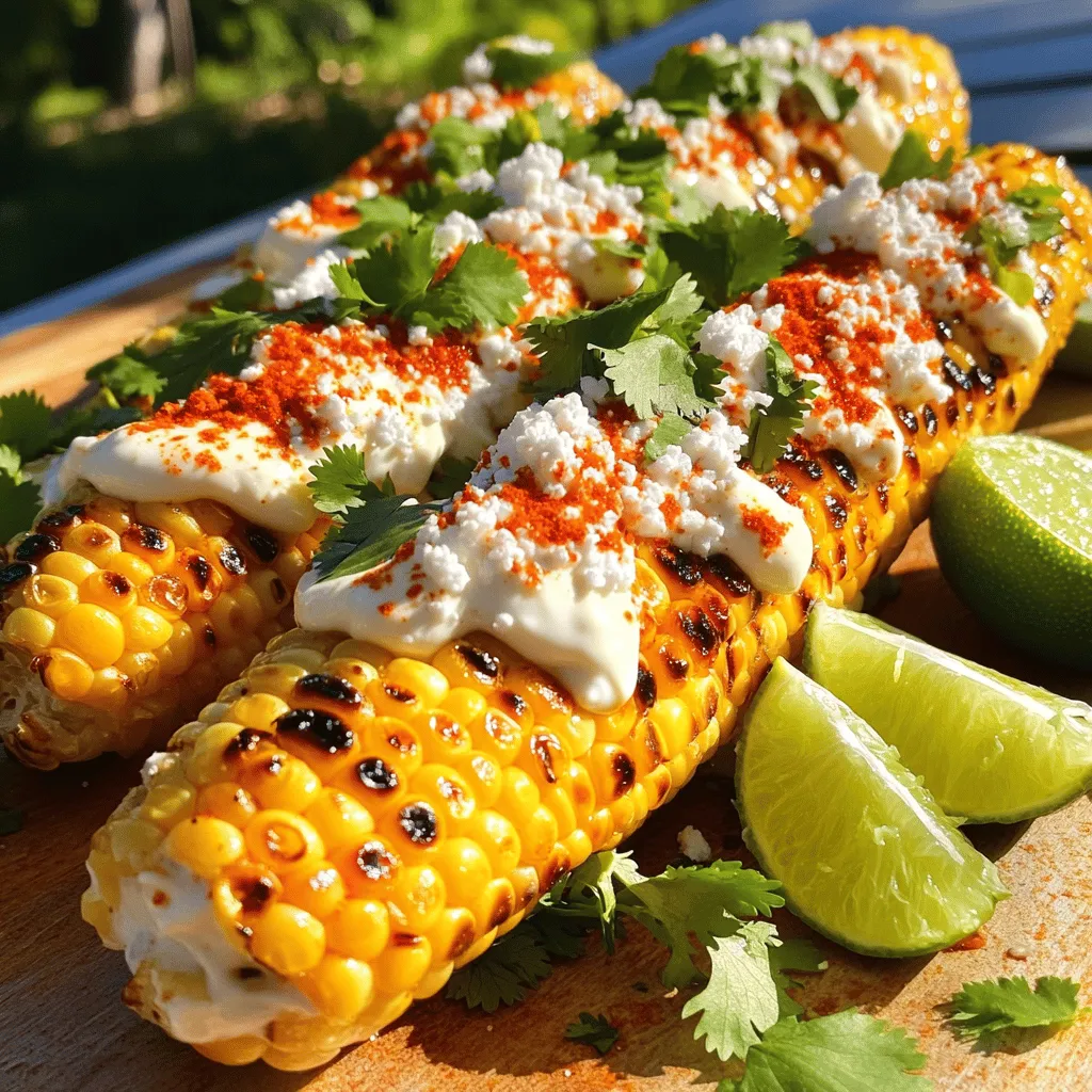 To make Mexican street corn, you will need: - 4 ears of fresh corn, husked - 1/2 cup mayonnaise - 1/2 cup sour cream - 1 cup crumbled Cotija cheese - Salt and pepper to taste These ingredients shine together, creating a rich and creamy base. Fresh corn is key. It gives the dish a sweet crunch. Mayonnaise and sour cream blend to create a smooth sauce. Cotija cheese adds a salty kick that balances the flavors. You can also enhance your corn with: - 1 teaspoon chili powder - 1/4 teaspoon cayenne pepper (optional) - 1/4 cup fresh cilantro, chopped - 2 tablespoons lime juice - Lime wedges for serving Chili powder and cayenne pepper give the corn a spicy twist. Fresh cilantro adds a burst of color and freshness. Lime juice brings a zesty brightness that ties everything together. Feel free to mix and match these optional ingredients based on your taste. For the full recipe, check out the detailed instructions to create this flavorful delight. Husk and Clean the Corn Start by husking the corn. Remove all the green leaves and silk strands. You want clean corn for grilling. Rinse the corn under cold water to wash off any dirt. This step keeps your corn fresh and tasty. Preheating the Grill Next, preheat your grill to medium-high heat. This is important for even cooking. A hot grill gives the corn nice char marks. It should take about 10 minutes to heat up. You can test the heat by holding your hand above the grill. If you can hold it there for two seconds, it’s ready. Placement and Cooking Time Place the corn directly on the hot grill. Space them out, so they don’t touch. Grill for about 10 to 12 minutes. Turn the corn every few minutes. This helps it cook evenly. You want those beautiful grill marks! Signs of Doneness The corn is done when it is tender and has nice char marks. You can check by poking a kernel with a fork. It should feel soft. If it’s hard, leave it on the grill a little longer. Mixing the Mayo-Sour Cream Mixture In a bowl, combine mayonnaise and sour cream. Add chili powder and lime juice. If you like heat, add cayenne pepper. Mix until smooth. This sauce gives the corn its creamy goodness. Adjusting Spices to Taste Taste the sauce. If you want more flavor, add salt and pepper. You can also add more lime juice for extra zing. Adjust it until you love the taste. This sauce is key for the perfect Mexican street corn. Now, you’re ready to enjoy this flavorful delight! For the full recipe, check out the details above. - Optimal Grill Temperature: Set your grill to medium-high heat. This helps the corn cook evenly and get nice grill marks. Too low, and it will take longer, too high, and you risk burning it. - Techniques for Even Grilling: Turn the corn every few minutes. This ensures all sides get that perfect char. Use tongs to handle the corn easily. Make sure to grill for about 10-12 minutes. Look for a nice golden color and tender kernels. - Pairing with Lime Wedges: Serve your corn with lime wedges. Squeezing fresh lime juice adds a bright zing. The acidity cuts through the richness of the mayo-sour cream mixture. - Presentation Tips: Place the corn on a wooden board or a colorful plate. Sprinkle extra Cotija cheese and cilantro on top for a beautiful finish. A vibrant display makes the dish even more tempting. - Adjusting Heat Levels: If you like spice, add more cayenne pepper to the mayo-sour cream mixture. You can also try different chili powders for unique flavors. Adjust according to your taste! - Adding Other Toppings: Feel free to experiment! Try adding diced jalapeños for heat, or crumbled bacon for a savory crunch. You can also mix in diced avocado for creaminess. This recipe is flexible, so make it your own! {{image_2}} You can make Mexican street corn without dairy. Use plant-based mayo and yogurt instead. These swaps keep the creamy texture while keeping it vegan. You can try cashew cream or almond yogurt for a richer taste. For added flavor, mix in smoked paprika or garlic powder. These small changes give your corn a new twist. Different regions have unique styles of elote. In some areas, street vendors add spicy salsa or avocado. Others use different cheeses, like feta or queso fresco. You can also try toppings like diced tomatoes or pickled onions. These ingredients add local flair and new flavors to your corn. You can explore local farmers' markets for fresh, seasonal produce. This adds a unique touch to your Mexican street corn. Enjoy creating your own version! For the full recipe, check out the details above. To store your leftover Mexican street corn, place it in an airtight container. This keeps it fresh. You can also wrap it in plastic wrap. Store it in the fridge right away. - Refrigeration Guidelines: Make sure it cools down first before storing. This helps keep the flavors intact. - Duration of Freshness: You can keep it in the fridge for about 3 to 5 days. After that, it may lose its taste and texture. When it comes to reheating, you want to keep the corn tasty. - Best Methods for Reheating: The best way to reheat is on the grill or in a skillet. Heat it on medium-low heat. This brings back that grilled flavor. - Avoiding Soggy Corn: If you use the microwave, be careful. Heat it for short bursts. This way, you avoid soggy corn. Always check it to see if it’s warm enough. You can enjoy your delicious Mexican street corn again! For the full recipe, check out the complete guide. Mexican street corn, or elote, is a tasty dish made with grilled corn. It comes from Mexico and is a popular street food. Vendors grill the corn on the cob and coat it with creamy sauce, cheese, and spices. The mix of flavors and textures makes it a delight. You get sweetness from the corn and tang from the sauce. Street corn is a fun way to enjoy corn and a great side dish or snack. Yes, you can use frozen corn if fresh corn isn’t available. Just thaw the corn first. Frozen corn may not have the same smoky flavor as grilled fresh corn. For the best results, try to grill the corn for added taste. If you can’t grill, sauté the thawed corn in a hot pan. This helps bring out its natural sweetness. To add heat, use cayenne pepper in the sauce. You can also sprinkle extra chili powder on top. If you want more spice, consider adding sliced jalapeños or hot sauce. Adjust the heat to your liking. Tasting as you go helps you find the perfect level of spice. Mexican street corn pairs well with many dishes. Try it with grilled meats like chicken or steak. It also goes great with tacos or quesadillas. For drinks, serve it with cold Mexican beer or fresh limeade. This adds a refreshing touch to your meal. Don’t forget to enjoy it with friends! For the full recipe, check out the [Full Recipe]. Grilled Mexican street corn is a tasty treat made with fresh corn, creamy sauce, and spices. You learned how to prepare and grill the corn to perfection and customize it with various toppings. Don't forget to try different flavors or serve it with lime for extra zest. Experiment with vegetarian or vegan options if you prefer. With a few tips for storage and reheating, you can enjoy this dish anytime. Now, it's time to fire up the grill and enjoy your delicious creation!