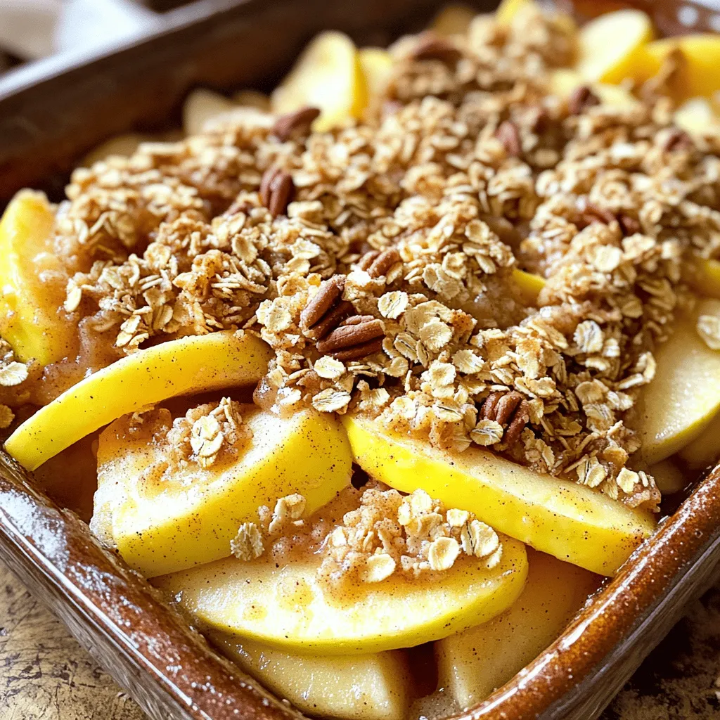 - 6 cups Granny Smith apples, peeled, cored, and sliced - 1 tablespoon lemon juice - 1 cup rolled oats - 1 cup brown sugar, packed - 1/2 cup all-purpose flour - 1 teaspoon ground cinnamon - 1/2 teaspoon ground nutmeg - 1/4 teaspoon salt - 1/2 cup unsalted butter, melted - 1/2 cup chopped pecans or walnuts (optional) When I make the best ever apple crisp, I always start with fresh Granny Smith apples. Their tartness balances the sweetness of the sugar. I peel, core, and slice them, making sure each piece is the same size. This helps them cook evenly. I also use lemon juice. It adds brightness and keeps the apples from browning. The rolled oats give the topping a nice crunch. Brown sugar adds a rich flavor that white sugar can’t match. Cinnamon and nutmeg bring warmth to the dish. The salt helps to enhance all the flavors. I use all-purpose flour to bind the topping together, and melted unsalted butter makes it rich. If I want extra texture, I throw in some chopped pecans or walnuts. They add a nice crunch and a nutty flavor. This combination of ingredients makes the apple crisp so special. You can find the full recipe for the best ever apple crisp and make it at home! - Preheat oven to 350°F (175°C). - In a large bowl, mix sliced apples with lemon juice. - Toss the apples well. This prevents browning and adds zing. - Grease a 9x13 inch baking dish. - In another bowl, combine rolled oats, brown sugar, flour, cinnamon, nutmeg, and salt. - Stir until mixed well. This creates a tasty topping. - Pour melted butter over the dry mixture. - Mix until crumbly. This helps form a nice topping. - If you like, add chopped nuts to the mixture. - Evenly sprinkle this oat mixture over the apples in the dish. - Place the dish in the preheated oven. - Bake for 35-40 minutes. Look for a golden-brown topping. - The apples should be tender. - Remove from the oven and let it cool for about 10 minutes before serving. You can find the Full Recipe for this delightful apple crisp above. Enjoy! To make your apple crisp great, slice the apples evenly. Use a sharp knife, and try to keep the pieces about the same thickness. This helps them cook evenly. Granny Smith apples are best for this dish. They have a nice tartness that balances the sweetness of the topping. Their firmness holds up well in the oven. You can add spices like nutmeg or more cinnamon for extra flavor. A splash of vanilla extract also works wonders. If you want it sweeter, taste the filling. You can add more brown sugar if needed. Just remember, the apples bring some natural sweetness too. When serving, warm the crisp and add a scoop of vanilla ice cream or a dollop of whipped cream on top. This adds richness and creaminess. For a fun twist, serve individual portions in ramekins. They look cute and make serving easy. Plus, guests love the personal touch! {{image_2}} You can change up the nuts in this recipe. Try almonds or pecans for a new twist. If you want a nut-free version, simply skip the nuts. The crisp will still taste fantastic. You can add different fruits to your apple crisp. Berries like blueberries or strawberries work well. Pears also add a delicious touch. For a mixed fruit crisp, combine apples with other fruits. This gives you a fun flavor mix. For those who need gluten-free options, use almond flour or oat flour. These are great substitutes for all-purpose flour. If you want a vegan version, replace butter with coconut oil or vegan butter. You can also use maple syrup or coconut sugar instead of brown sugar. These changes keep the crisp tasty while meeting dietary needs. To keep your apple crisp fresh, place it in an airtight container. This method prevents moisture loss. You can also cover the dish tightly with plastic wrap. Store it in the fridge for up to four days. If you want to keep it longer, consider freezing it. When reheating, the oven works best. Preheat it to 350°F (175°C). Place the apple crisp in an oven-safe dish. Cover it with foil to keep it moist and heat for about 15 minutes. You can also use a microwave. Heat it in short bursts of 30 seconds. This method helps keep the topping crunchy. Yes, you can freeze apple crisp! Let it cool completely before freezing. Wrap it tightly in plastic wrap and then in foil. This helps prevent freezer burn. When you're ready to eat it, thaw it in the fridge overnight. Reheat it using the oven for the best texture. For the full recipe, check out the Best Ever Apple Crisp! For the best apple crisp, I recommend using Granny Smith apples. They are tart and hold their shape well during baking. You can also use Honeycrisp, Fuji, or Braeburn apples. Mixing different types gives depth to the flavor. Each bite becomes a delightful mix of sweet and tart. Yes, you can prep apple crisp in advance. Slice the apples and mix with lemon juice. Keep them in the fridge for up to a day. For the topping, combine the dry ingredients and store separately. When ready to bake, just layer the topping over the apples. Bake as directed for a fresh dessert. Your apple crisp is ready when the topping is golden brown. The apples should be tender but not mushy. You can check by inserting a fork into the apples. If it goes in easily, it’s done! The aroma of cinnamon and baked apples will also fill your kitchen, signaling it’s time to enjoy. This blog post shared the perfect apple crisp recipe. We covered ingredients, steps, and helpful tips. You learned how to select apples, enhance flavor, and serve beautifully. Remember to store leftovers properly and consider freezing if needed. Baking is a joy, and this recipe makes it easy. Now, you can enjoy a delicious apple crisp any time. Get ready to impress your friends and family with this simple dessert!
