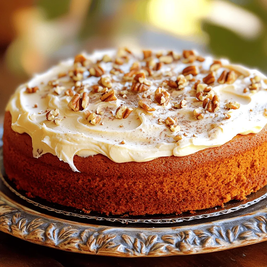To make Mom's Famous Pumpkin Cake, gather these simple ingredients. Each one plays a key role in making the cake moist and flavorful. Here’s what you need: - 2 cups all-purpose flour - 1 ½ teaspoons baking powder - 1 teaspoon baking soda - 1 teaspoon ground cinnamon - ½ teaspoon ground nutmeg - ½ teaspoon ground ginger - ½ teaspoon salt - 1 cup granulated sugar - ½ cup brown sugar, packed - 1 cup vegetable oil - 4 large eggs - 2 cups pure pumpkin puree - 1 teaspoon vanilla extract - 1 cup chopped walnuts (optional) - Cream cheese frosting (for topping) These ingredients create a rich, spiced cake that warms the heart. The pumpkin puree adds moisture and flavor, while the spices bring warmth. You can add walnuts for crunch, but they are optional. Check the Full Recipe for detailed steps on how to bring these ingredients together. - Preheat your oven to 350°F (175°C). - Prepare a 9x13 inch baking pan. Grease and flour it or line it with parchment paper. - In a medium bowl, combine the dry ingredients. Whisk together the flour, baking powder, baking soda, cinnamon, nutmeg, ginger, and salt. - In a large bowl, mix the wet ingredients. Blend the granulated sugar and brown sugar with the vegetable oil until smooth. - Add eggs one at a time. Mix well after each addition. Then, add the pumpkin puree and vanilla extract, mixing until fully combined. - Gradually add the dry ingredients to the wet ingredients. Mix just until combined. It’s okay if there are some lumps. - If you like walnuts, fold them in gently at this point. - Pour the batter into the prepared baking pan. Spread it evenly. - Bake in the oven for 30-35 minutes. Check with a toothpick; it should come out clean. - Cool the cake in the pan for about 10 minutes. Then remove it from the pan and let it cool completely on a wire rack. Frost with cream cheese frosting once cooled. Enjoy your creation! For the full recipe, check out the details above. - Avoiding overmixing: When mixing wet and dry ingredients, mix just until combined. Overmixing can make the cake tough. A few lumps are okay. This keeps the cake light and fluffy. - Ensuring proper baking time: Every oven is different. Check the cake at 30 minutes. Insert a toothpick into the center. If it comes out clean, your cake is ready. If it's wet, bake for a few more minutes. - Best cream cheese frosting techniques: Start with softened cream cheese. Beat it until smooth before adding sugar. This makes your frosting creamy and easy to spread. For a touch of flavor, add a little vanilla extract. - How to store leftover frosting: Keep leftover frosting in an airtight container. Refrigerate it for up to a week. Before using, let it sit at room temperature to soften. - Garnishing ideas: Top your cake with chopped walnuts or a sprinkle of cinnamon. You can also add a dollop of whipped cream for extra flair. This gives a beautiful look and a nice crunch. - Pairing with beverages: This cake pairs well with coffee or tea. The spices in the cake complement the warmth of these drinks. Serve it at your next holiday gathering for a perfect match. {{image_2}} You can switch up the flour in Mom's Famous Pumpkin Cake. If you need gluten-free options, try almond or coconut flour. These flours add a nice flavor and texture. Just remember to adjust the liquid since these flours absorb more moisture. For sweeteners, consider using honey or maple syrup instead of sugar. Both options bring their unique flavor. They also make the cake a bit more moist. Just reduce the amount slightly since they are sweeter than regular sugar. Want to make the cake even better? Add chocolate chips! They melt and create gooey pockets of goodness. Just fold in about a cup of semi-sweet or dark chocolate chips before baking. You can also mix in extra spices for a warm twist. Try adding a bit of allspice or cardamom. They blend well with pumpkin and give the cake a cozy taste. Make your cake festive with Halloween-themed decorations. Use candy corn or chocolate spiders on top for a fun touch. You can even color the frosting orange or black for added flair. For Thanksgiving, think about turning this cake into cupcakes. Just pour the batter into cupcake liners and bake for about 20 minutes. Frost them with cream cheese frosting and top with festive sprinkles. This way, everyone can have their own individual treat. For the full recipe, check out the details. To keep Mom's famous pumpkin cake fresh, refrigeration is key. Wrap the cake tightly in plastic wrap or foil. This helps prevent it from drying out. Place the wrapped cake in the fridge. It will stay good for about a week. If you want to store it longer, consider freezing it. For freezing, slice the cake first. Wrap each slice in plastic wrap. Then place the slices in an airtight container or a freezer bag. This keeps them safe from freezer burn. The cake can last up to three months in the freezer. When you're ready to eat it, let it thaw in the fridge overnight. At room temperature, Mom's pumpkin cake lasts about two days. Keep it in a cool, dry place. If you notice any signs of spoilage, it's best to toss it. Signs include mold, an off smell, or a dry texture. Always trust your senses. If it doesn't look or smell right, don’t eat it. Enjoy the cake while it's fresh for the best taste! Can I make this cake ahead of time? Yes, you can make this cake ahead of time. It tastes even better after a day in the fridge. Just wrap it well in plastic wrap. This keeps it moist and fresh. What can I substitute for pumpkin puree? You can use mashed sweet potatoes or butternut squash. Both give a similar texture and flavor. Make sure they are smooth and not too watery. Is this cake suitable for a gluten-free diet? No, this cake is not gluten-free as it uses all-purpose flour. You can swap it with a gluten-free blend. Just make sure it has xanthan gum for structure. Can I reduce the sugar content without compromising the recipe? Yes, you can reduce the sugar. Try cutting it by a third. The cake will still taste great, but it may be less sweet. How to achieve a more moist cake? To make a moister cake, add an extra egg or a bit of applesauce. This helps keep the cake tender and soft. Also, do not overbake it. Can I add cream cheese to the batter? Yes, you can add cream cheese to the batter. It will make the cake richer and creamier. Just soften the cream cheese and mix it well with the wet ingredients. For the complete recipe, check out the Full Recipe. This recipe blends simple ingredients with easy steps to create a delicious cake. I outlined how to mix and bake the cake perfectly. You learned tips for frosting and serving, plus fun variations. Proper storage keeps the cake fresh longer, while the FAQs answered common concerns. Enjoy experimenting with flavors and techniques. You’ll create a treat that brings joy to any occasion. Trust that this cake will delight your friends and family.